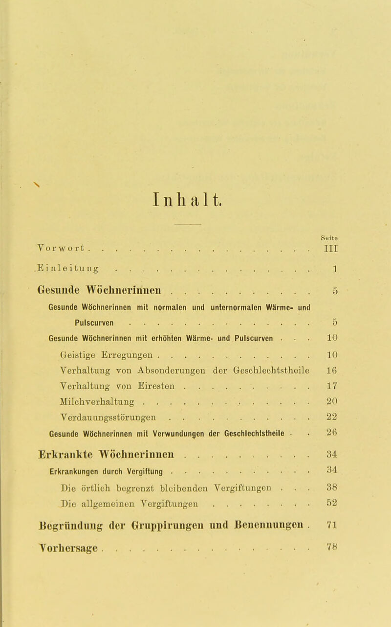 N Inhalt. Seite Vorwort III .Einleitung 1 Gesunde Wöchnerinnen 5 Gesunde Wöchnerinnen mit normalen und uniernormalen Wärme- und Pulscurven 5 Gesunde Wöchnerinnen mit erhöhten Wärme- und Pulscurven ... 10 Geistige Erregungen 10 Verhaftung von Absonderungen der Goschlechtstheile 16 Verhaftung von Eiresten 17 Milchverhaltung , 20 Verdauungsstörungen . 22 Gesunde Wöchnerinnen mit Verwundungen der Geschlechtstheile . . 26 Erkrankte Wöchnerinnen 34 Erkrankungen durch Vergiftung 34 Die örtlich begrenzt bleibenden Vergiftungen ... 38 Die allgemeinen Vergiftungen 52 Begründung der Oruppirungen und Benennungen 71 Vorhersage 78