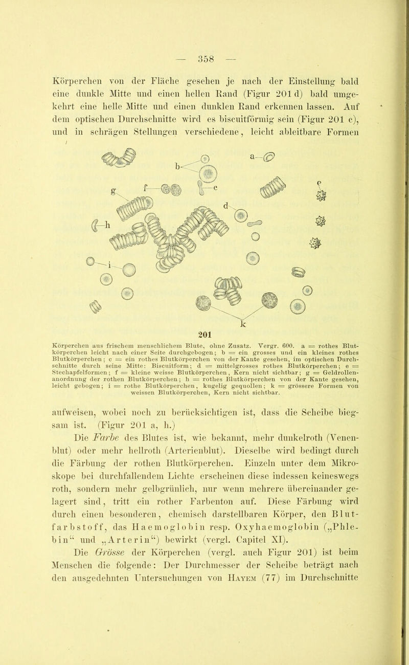 Körperchen von der Fläche gesehen je nach der Einstellung bald eine dunkle Mitte und einen hellen Rand (Figur 201 d) bald umge- kehrt eine helle Mitte und einen dunklen Rand erkennen lassen. Auf dem optischen Durchschnitte wird es biscuitförmig sein (Figur 201 c), und in schrägen Stellungen verschiedene, leicht ableitbare Formen Körperchen ans frischem menschlichem Blute, ohne Zusatz. Vergr. 600. a = rothes Blut- körperchen leicht nach einer Seite durchgehogen; b = ein grosses und ein kleines rothes Blutkörperchen; c = ein rothes Blutkörperchen von der Kante gesehen, im optischen Durch- schnitte durch seine Mitte: Bisciiitform; d = mittelgrosses rothes Blutkörperchen; e = Stechapfelformen; f = kleine weisse Blutkörperchen, Kern nicht sichtbar; g = Geldrollen- anordnung der rothen Blutkörperchen; h = rothes Blutkörperchen von der Kante gesehen, leicht gebogen; i = rothe Blutkörperchen, kugelig gequollen; k = grössere Formen von weissen Blutkörperchen, Kern nicht sichtbar. aufweiseii, wobei noch zu berücksiclitigen ist, dass die Scheibe bieg- sam ist. (Figur 201 a, li.) Die Farbe des Blutes ist, wie bekamit, mehr duiikelrotli (Veiien- blut) oder mehr liellrotli (Arterienblut). Dieselbe wird bedingt durcli die Färbung der rotlieii Blutkörperclien. Einzeln unter dem Mikro- skope bei durclifallendem Lichte erscheinen diese indessen keineswegs roth, sondern mehr gelbgrünlich, nur wenn mehrere übereinander ge- lagert sind, tritt ein rotlier Farbenton auf. Diese Färbung wird durch einen besonderen, chemisch darstellbaren Körper, den Blut- farbstoff, das Haemoglobin resp. Oxyhaemoglobin („Phle- bin“ und „Art er in“) bewirkt (vergl. Capitel XI). Die Grösse der Körperchen (vergl. auch Figur 201) ist beim Menschen die folgende: Der Durchmesser der Scheibe beträgt nach den ausgedehnten üntersuchungen von Hayem (77j im Durchschnitte