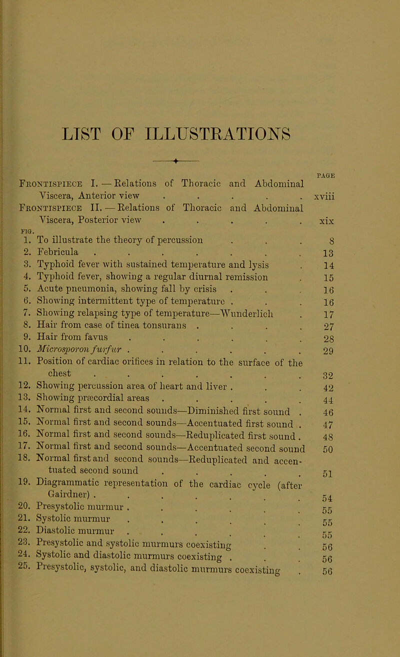 LTST OF ILLUSTRATIONS Frontispiece I. - — Relations of Thoracic and Abdominal Viscera, Anterior view . . Frontispiece II. — Relations of Thoracic and Abdominal Viscera, Posterior view ..... FIG. 1. To illustrate the theory of percussion 2. Febricula ....... 3. Typhoid fever with sustained temperature and lysis 4. Typhoid fever, showing a regular diurnal remission 5. Acute pneumonia, showing fall by crisis 6. Showing intermittent type of temperature . 7. Showing relapsing type of temperature—Wunderlich 8. Hair from case of tinea tonsurans .... 9. Hair from favus ...... 10. Microsporon furfur ...... 11. Position of cardiac orifices in relation to the surface of the chest ....... 12. Showing percussion area of heart and liver . 13. Showing priecordial areas .... 14. Normal first and second sounds—Diminished first sound . 15. Normal first and second sounds—Accentuated first sound . 16. Normal first and second sounds—Reduplicated first sound . 17. Normal first and second sounds—Accentuated second sound 18. Normal first and second sounds—Reduplicated and accen- tuated second sound .... 19. Diagrammatic representation of the cardiac cycle (after Gairdner) ..... 20. Presystolic murmur .... 21. Systolic murmur .... 22. Diastolic murmur .... 23. Presystolic and systolic murmurs coexisting 24. Systolic and diastolic murmurs coexisting . 25. Presystolic, systolic, and diastolic murmurs coexisting O * TAGE xviii xix 8 13 14 15 16 16 17 27 28 29 32 42 44 46 47 48 50 51 54 55 55 55 56 56 56