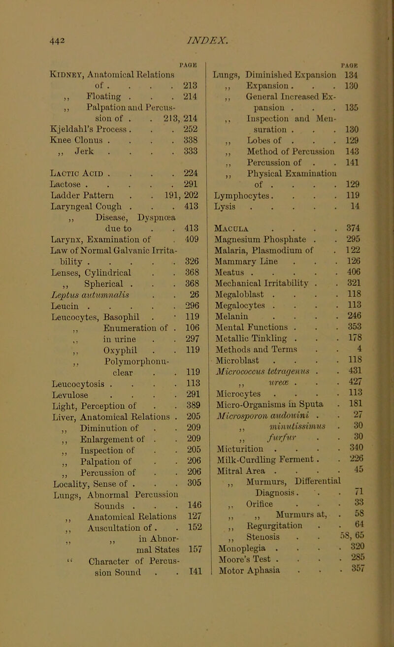 page Kidney, Anatomical Relations of . . . . <213 ,, Floating . . . 214 ,, Palpation aiul Percus- sion of . . 213, 214 Kjeldahl’s Process. . 252 Knee Clonus . . 338 ,, Jerk . 333 Lactic Acid . . 224 Lactose . . 291 Ladder Pattern . 191, 202 Laryngeal Cough . . 413 ,, Disease, Dyspnoea due to . 413 Laryux, Examination of 409 Law of Normal Galvanic Irrita- bility 326 Lenses, Cylindrical 368 ,, Spherical . 368 Leptus autumnalis 26 Leucin 296 Leucocytes, Basophil 119 ,, Enumeration of . 106 ,, in urine 297 ,, Oxyphil 119 ,, Polymorphonu- clear 119 Leucocytosis .... 113 Levulose .... 291 Light, Perception of 389 Liver, Anatomical Relations . 205 ,, Diminution of 209 ,, Enlargement of . 209 ,, Inspection of 205 ,, Palpation of 206 ,, Percussion of 206 Locality, Sense of . 305 Lungs, Abnormal Percussion Sounds . 146 ,, Anatomical Relations 127 ,, Auscultation of . 152 „ „ in Abnor- mal States 157 Character of Percus- sion Sound . . 141 Lungs, Diminished Expansion PACK 134 ,, Expansion. 130 ,, General Increased Ex- pansion . 135 ,, Inspection and Men- suration . 130 ,, Lobes of . 129 ,, Method of Percussion 143 ,, Percussion of . 141 ,, Physical Examination of . 129 Lymphocytes.... 119 Lysis 14 Macula . . . . 374 Magnesium Phosphate . 295 Malaria, Plasmodium of 122 Mammary Line 126 Meatus 406 Mechanical Irritability . 321 Megal oblast . . . . 118 Megalocytes . . . . 113 Melanin . . . . 246 Mental Functions . 353 Metallic Tinkling . 178 Methods and Terms 4 Microblast . . . . 118 Micrococcus tetragenus . 431 ,, urece . 427 Microcytes . 113 Micro-Organisms in Sputa 181 Microsporon audouini . 27 ,, minutissimus 30 „ furfur 30 Micturition . 340 Milk-Curdling Ferment. 226 Mitral Area . 45 „ Murmurs, Differential Diagnosis. 71 ,. Orifice 33 ,, ,, Murmurs at, 5S ,, Regurgitation 64 ,, Stenosis 58, 65 Monoplegia . 320 Moore’s Test . . 285 Motor Aphasia . 357