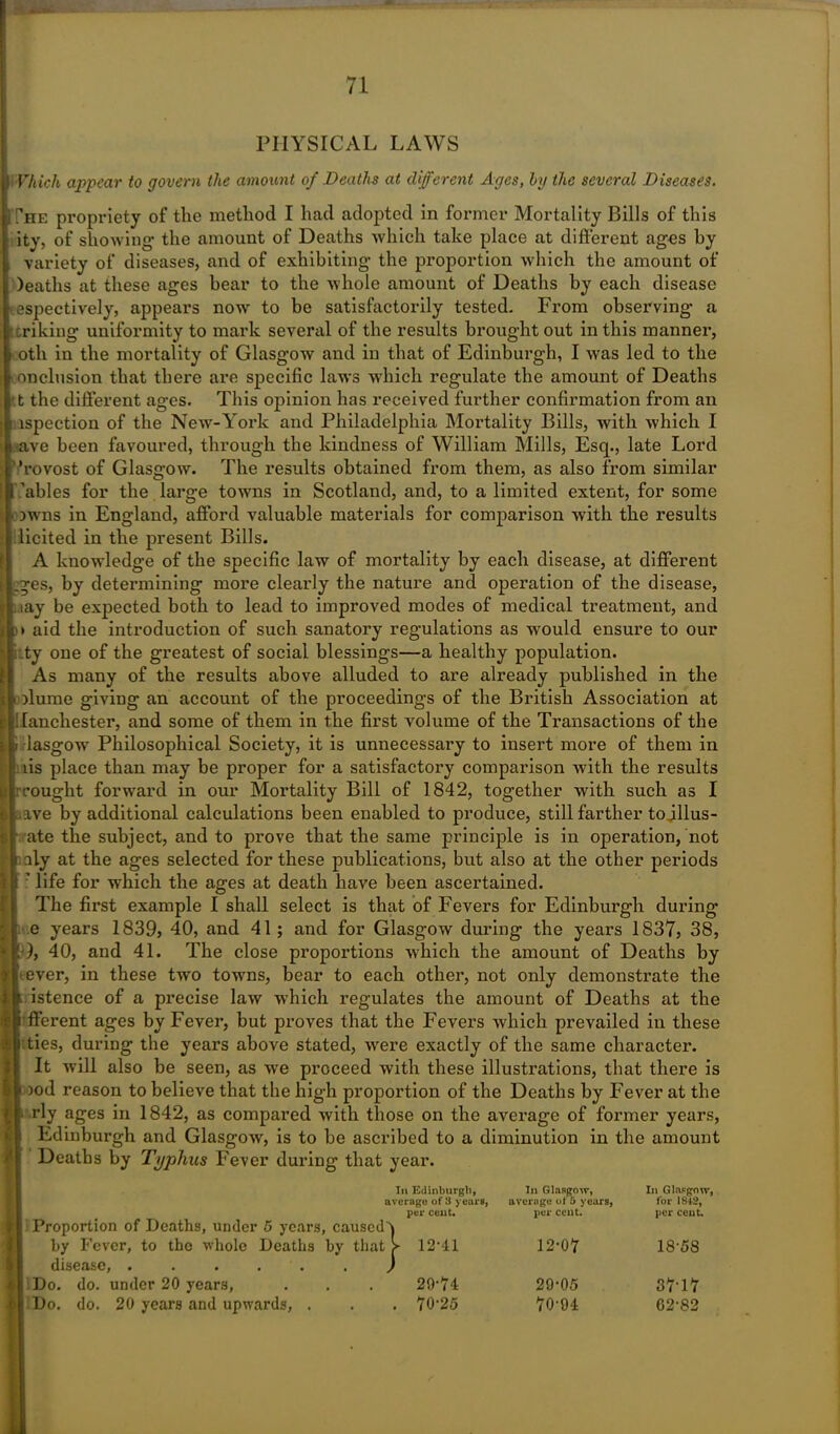PHYSICAL LAWS Thick appear to govern the amount of Deaths at different Ages, by the several Diseases. The propriety of the method I had adopted in former Mortality Bills of this ity, of showing the amount of Deaths which take place at different ages by variety of diseases, and of exhibiting the proportion which the amount of )eaths at these ages hear to the whole amount of Deaths by each disease respectively, appears now to be satisfactorily tested. From observing a i riking uniformity to mark several of the results brought out in this manner, oth in the mortality of Glasgow and in that of Edinburgh, I was led to the onclusion that there are specific laws which regulate the amount of Deaths t the different ages. This opinion has received further confirmation from an ispection of the New-York and Philadelphia Mortality Bills, with which I Lave been favoured, through the kindness of William Mills, Esq., late Lord 'rovost of Glasgow. The results obtained from them, as also from similar kibles for the large towns in Scotland, and, to a limited extent, for some 5wns in England, afford valuable materials for comparison with the results licited in the present Bills. A knowledge of the specific law of mortality by each disease, at different _ges, by determining more clearly the nature and operation of the disease, . iay be expected both to lead to improved modes of medical treatment, and > aid the introduction of such sanatory regulations as would ensure to our ty one of the greatest of social blessings—a healthy population. As many of the results above alluded to are already published in the )lume giving an account of the proceedings of the British Association at : Manchester, and some of them in the first volume of the Transactions of the I i lasgow Philosophical Society, it is unnecessary to insert more of them in lis place than may be proper for a satisfactory comparison with the results A rcought forward in our Mortality Bill of 1842, together with such as I I: tve by additional calculations been enabled to produce, still farther tofillus- fc ate the subject, and to prove that the same principle is in operation, not II oly at the ages selected for these publications, but also at the other periods 1 ! 7 life for which the ages at death have been ascertained. The first example I shall select is that of Fevers for Edinburgh during ; e years 1839, 40, and 41; and for Glasgow during the years 1837, 38, > . ), 40, and 41. The close proportions which the amount of Deaths by sever, in these two towns, bear to each other, not only demonstrate the . istence of a precise law which regulates the amount of Deaths at the fferent ages by Fever, but proves that the Fevers which prevailed in these ties, during the years above stated, were exactly of the same character. It will also be seen, as we proceed with these illustrations, that there is )od reason to believe that the high proportion of the Deaths by Fever at the rly ages in 1842, as compared with those on the avei'age of former years, Edinburgh and Glasgow, is to be ascribed to a diminution in the amount Deaths by Typhus Fever during that year. disease, . . . . . | Do. do. under 20 years, Do, do. 20 years and upwards, . In Edinburgh, In Glasgow, average of 5 years, In Glnsgow, average of 3 years, for 181-2, per cent. \ per cent. per cent. X 12-41 12-07 18-5S / 29-74 29-05 37-17 . 70-25 70-94 62-82