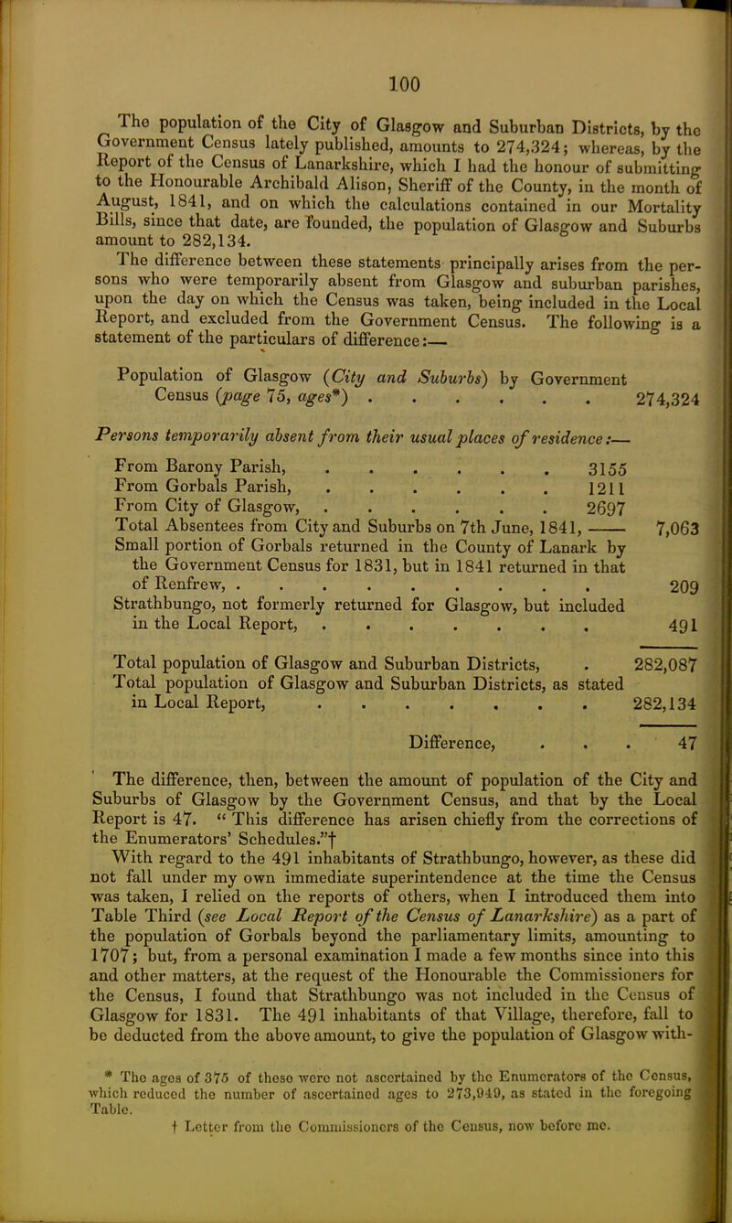 The population of the City of Glasgow and Suburban Districts, by the Government Census lately published, amounts to 274,324; whereas, by the Report of the Census of Lanarkshire, which I had the honour of submitting to the Honourable Archibald Alison, Sheriff of the County, in the month of August, 1S41, and on which the calculations contained in our Mortality Bills, since that date, are Tounded, the population of Glasgow and Suburbs amount to 282,134. The difference between these statements principally arises from the per- sons who were temporai’ily absent from Glasgow and suburban parishes, upon the day on which the Census was taken, being included in the Local Report, and excluded from the Government Census. The following is a statement of the particulars of difference Population of Glasgow (City and Suburbs') by Government Census {page 75, ages*) 274,324 Persons temporarily absent from their usual places of residence:— From Barony Parish, 3155 From Gorbals Parish, 1211 From City of Glasgow, 2697 Total Absentees from City and Suburbs on 7th June, 1841, 7,063 Small portion of Gorbals returned in the County of Lanark by the Government Census for 1831, but in 1841 returned in that of Renfrew, 209 Strathbungo, not formerly returned for Glasgow, but included in the Local Report, ....... 491 Total population of Glasgow and Suburban Districts, . 282,087 Total population of Glasgow and Suburban Districts, as stated in Local Report, 282,134 Difference, ... 47 The difference, then, between the amount of population of the City and Suburbs of Glasgow by the Government Census, and that by the Local Report is 47. “ This difference has arisen chiefly from the corrections of the Enumerators’ Schedules.”! With regard to the 491 inhabitants of Strathbungo, however, as these did not fall under my own immediate superintendence at the time the Census was taken, I relied on the reports of others, when I introduced them into Table Third {see Local Report of the Census of Lanarkshire) as a part of the population of Gorbals beyond the parliamentary limits, amounting to 1707; but, from a personal examination I made a few months since into this and other matters, at the request of the Honourable the Commissioners for the Census, I found that Strathbungo was not included in the Census of Glasgow for 1831. The 491 inhabitants of that Village, therefore, fall to be deducted from the above amount, to give the population of Glasgow with* * The ages of 375 of theso were not ascertained by the Enumerators of the Census, which reduced the number of ascertained ages to 273,949, as stated in the foregoing Table. f Letter from the Commissioners of the Census, now before me.