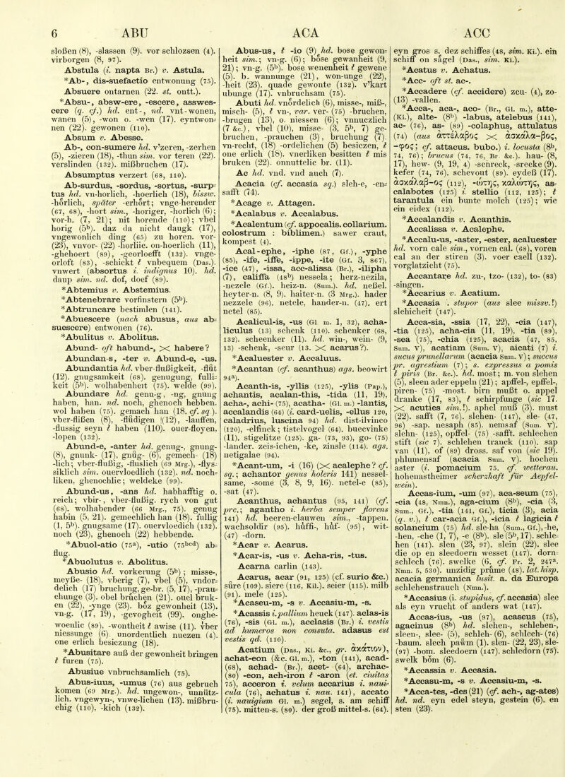 sloBen (8), -slassen (9). vox sclilozsen (4). virborgen (8, 97). Abstula (i. napta Br.) v. Astula. *Ab-, dis-suefactio entwonung (t^). Absuere ontarnen {2'2. st. outt.). *Absu-, absw-ere, -eseere, asswes- cere {q. cj.) hd. ent-, ncl. vnt-wonen, wanen (5), -won 0. -wen (17). eyntwon= nen (22). gewonen (110). Absum V. Abesse. Ab-, eon-sumere hd. v'zeren, -zerhen (5), -zieren (18), -thun sim. vor teren (22). verslindeu (132). miUbrucben (17). Absumptus verzert (68, 110). Ab-svirdus, -sordus, -sortus, -svirp= tus hd. vn-horlich, -hoerlich (18), bissw. -horlich, sjmter -erhort; vnge-herender (67, 68), -hort sirn., -horiger, -horlicb (6); vor-b. (7, 21); nit horende (110); vbel horig (b^). daz da nicht daugk (17), vngewonlicb ding (65) zu boren. vor- (23), vnvor- (22) -borliic. on-boeriicb (11), -gbeboert (89), -georloefft (132). vnge- orloft (83), -scbickt f vnbequem (Das.), vnwert (absortus i. indignus 10). hd. daup sim. ml. dof, doef (89). *Abteinius ^\ Abstemius. *Abtenebrare vorfinstern {b^). *Abtruncare bestimlen (i4i). *Abuescere {nach abusus, aus ab= sueseere) entwonen (76). *Abulitus V. Abolitus. Abund- oft habvmd-, X habere? Abvmdan-s, -ter v. Abund-e, -us. Abundantia hd. vber-fluBigkeit, -flut (12). gnugsamkeit (68). genugung, fulli= keit (5^). wolbabenheit (75). welde (99). Abundare hd. genu-g, -ng, gnung haben, ban. nd. noch, gbenoch bebben. wol baben (75). gemach ban (18. c/. sg). vber-fliBen (8), -fludigen !(12), -laufifen, -flussig seyn t baben (110). ouer-floyen, -lopen (132). Abund-e, -anter hd. genug-, gnung- (8), gnunk- (17), gniig- (6), gemech- (18) -licb; vber-fluBig, -fluslich (69 Mrg.), -flys-; siklicb sim. ouervloedHcb (i32). nd. noch= liken, gbenochlic; weldeke (99). Abund-us, -ans hd. babbafftig 0. reich; vbir-, vber-fluBig. rych von gut (68). wolbabender (66 Mrg., 75). geuug habin (5, 21). gemecblicb ban (18). fullig (1, 5^). gnugsame (17). ouervloedich (132). nocb (23), gbenoch (22) bebbende. ■*Abuol-atio (75a), -utio {i5^<^^) ab= Aug. ''Abuolutus V. Abolitus. Abusio hd. vorkerung (S^i); misse-, meyUe- (18), vberig (7), vbel (5), vndor= delicb (17) brucbung, ge-br. (5, 17), -prau= chunge (3). obel brucben (21). ouel bruk- en (22), -ynge (23). boz gewonheit (13). vn-g. (17, 19), -gevogheit (99). ongbe- woenlic (89), -wontbeit t awise (11). vber niessunge (6). unordentlicb nuezen (4). one erlich besiczung (18). *Abusitare auJJ der gewonbeit bringen t furen (75). Abusiue vnbrucbsamlich (75). Abus-iuus, -umus (76) aus gebruch komen (69 Mrg.). hd. iingewon-, unniitz- licb. vngewyn-, vnwe-licben (13). miBbru- chig (110), -kich (132). Abus-us, t -io (9) hd. bose gewon= heit sim.:, vn-g. (6); bose gewanheit (9, 21); vn-g. (5b). bose wenenheit t gewene (5). b. wannunge (21), won-unge (22), -beit (23). quade gewonte (132). v'kart ubunge (17). vnbrucbsam (75). Abuti hd. vnordelicli (6), misse-, miB-, miscb- (.5), I vn-, var. ver- (75) -brucben, -brugen (13), o. niessen (6); vnnuczlicb (7 &c.), vbel (10), misse- (3, 5^, 7) ge- bruchen, -praucben (3), brucbung ^). vn-recbt, (18) -ordelichen (5) besiczen, I one erlicb (IS), vnerliken besitten t mis bruken (22). onnuttelic br. (11). Ac hd. vnd. vnd auch (7). Acacia {cf. accasia sq.) sleb-e, -en= saift (74). *Aeage v. Attagen. *Acalabus v. Accalabus. *Acalentum [cf. appocalis. coUarium. colostrum : biblimen.) sawer craut, kompest (4). Aeal-ephe, -iphe (87, Gf.), -yphe (85), -ife, -iffe, -ippe, -ite (Gf. 3, 867), -ice (47), -issa, acc-alissa (Br.), -ilipha (7), ealiffa (48*^) nessela; herz-nezila, -nezele (Gf.). beiz-n. (Sum.), hd. neBel. beyter-n. (8, 9). baiter-n. (3 Mrg.). bader nezzele (96). netele, bander-n. (47). ert netel (85). Aealicul-is, -us (Gi m. 1, 32), acha- liculus (13) scbenk (110). sclienker (68, 132). scbeenker (11). hd. win-, wein- (9, 13) -scbenk, -seur (13. X acarus?). *Acaluester v. Accaluus. *Acantan (cf. acanthus) ags. beowirt 94a). Acanth-is, -yllis (125), -ylls (Pap.), aehantis, acalan-this, -tida (11, 19), aeha-, aehl- (75), aeatha- (gi. m.) -lantis, aeealandis (64) {i. eard-uelis, -ellus 120, ealadrius, luscina 94) hd. dist-ilvinco (120), -elfinck; tistelvogel (64). buecvinke (11). stigelitze (125). ga- (73, 93), go- (75) -lander, zeis-icheii, -ke, ziusle (114). ags. netigalae (94). *Aeant-um, -i (16) (X aealephe ? cf. sq.; aehantor genus holeris 141) nessel- same, -some (3, 8, 9, 16). netel-e (85), -sat (47). Acanthus, aehantus (95, i4i) {cf. pre; agantho i. herba semper jiorens i4i) hd. beeren-clauweu sim., -tappen. wachsoldir (95). buffi-, buf- (95), wit- (47) -dorn. *Aear v. Acarus. *Acar-is, -us v. Acha-ris, -tus. Acarna carlin (i43). Acarus, acar (91, 125) (cf. surio &c.) siire(i09). siere (116, Kil.). seier (ii5). milb (91). mele (125). *Acaseu-m, -s v. Aceasiu-m, -s. *Acassis i.pallium beuck (i47). aclas-is (76), -sis (gi. m.), aeclasis (Br.) i. vestis ad humeros non consuta. adasus est vestis qd. (110). Aeatium (Das., Ki. &c., gr. axaxiov), aehat-eon (&c. gi. m.), -ton (i4i), acad- (es), aehad- (Br.), acet- (64), arehac- (80) -eon, ach-iron i -aron {et. ciuitas 75), aeeeron i. velum acearius i. naui^ cula (76), aehatus i. nau. i4i), accato i. nauigiam Gi. m.) segel, s. am schiff 75). mitten-s. (so), der groB mittel-s. (64). eyn gros s. dez scbiffes (48, sim. Ki.). ein schiff on sagel (Das., sim. Ki.). *Aeatus v. Aehatus. *Ace- oft St. ac-. *Aeeadere {cf. aecidere) zcu- (4), zo- (13) -vallcn. *Acca-, aea-, aco- (Br., Gi. m.), atte- (Ki.), alte- (St*) -labus, atelebus (i4i), ae- (76), as- (89) -colaphus, attulatus (74) {aus axTeXa^oQ x aaxaXa-pog, -90c; cf. attaeus. bubo.) i. locusta (8^, 74, 76); brucus (74, 76, Br. &c.). hau- (8, 17), hew- (9, 19, 4) -sciireck, -srecke (9^. kefer (74, 76). schevout (89). eydeB (17). aaxa'XotP-oi; (112), -wtv]*;, xaXmT]^, as= calabotes (12.5) i. stellio (112, 125); t tarantula ein bmite molch (125); wie ein eidex (112). *Accalandis v. Acanthis. Aeealissa v. Aealephe. *Acealu-us, -aster, -ester, acaluester hd. vorn cale sim., voriien cal. (68), voren cal an der stiren (3). voer caell (132). vorglatzicht (75). Accantai;e hd. zu-, tzo- (l32), to- (83) -singen. *Aecarius v. Aeatium. *Accasia . stupor {aus slee missv.!) slehicheit (i47). Acea-sia, -ssia (17, 22), -cia (147^, -tia (125), aeha-eia (11, 19), -tia (89), -sea (75), -ehia (125), acacia (47, 85, Sum. v), acatiam (sum. v), aieati (7) i. sucus prunellarum (acacia Sum. v); succus pr. agrestium (7); s. expressus a pomis I piris (Br. &c.). hd. most; m. von slehen (5), sleen ader eppeln (21); apffel-, epffel-, piren- (75) -most, birn muBt o. appel dranke (17, 83), t schirpfunge {sic 17. X acuties sim.I), aphel muB (3). must (22). safft (7, 76). slehen- (147), sle- (47, 96) -sap. nesaph (85). nemsaf (Sum. v). slebn- (125), oi^ffel- (75) -safft. schleehen stift {sic 7). schlehen trauck (110). sap van (11), of (89) dross, saf von {sic 19). phlumensaf (acacia Sum. v). hochen aster (^. pomacium 75. cf. wetterau. hobenastbeimer scherzhaft fiir Aepfel- wein), Aecas-ium, -um (97), aca-seum (75), -cia (48, Nmn.), aga-cium (8^), -cia (3, Sum., Gf.), -tia (141, Gf.), ticia (3), aeia {q. v.), I ear-acia Gf.), -ieia I lagieia ^ solancium (75) hd. sle-ba (Sum., Gf.),-be, -hen, -che (1, 7), -e (8^). sle (5b, 17). sehle= ben (i4i). slen (23, 97). slein (22). slee die op en sleedoern wesset (i47). dorn= schlech (76). swelke (6. cf. Fr. 2, 247^. Nmn. 5, 53o). unzidig prume (48). lat. hisp. acacia germaniea hisit. a. da Europa scblehenstrauch (Nmn.). *Aceasius (i. stupidus, cf. accasia) slee als eyn vrucht of anders wat (i47). Accas-ius, -us (97), acaseus (75), agacinus (8b) hd. slehen-, schlehen-, sleen-, slee- (5), schleh- (6), schlech- (76) -baum. slech pawm (1). slen- (22, 23), sle- (97) -bom. sleedoern (i47). scbledorn (75). swelk bom (6). *Accassia v. Accasia. *Accasu-m, -s v. Accasiu-m, -s. *Acca-tes, -des (21) {cf. ach-, ag-ates) hd. nd. eyn edel steyn, gestein (6). en sten (23).