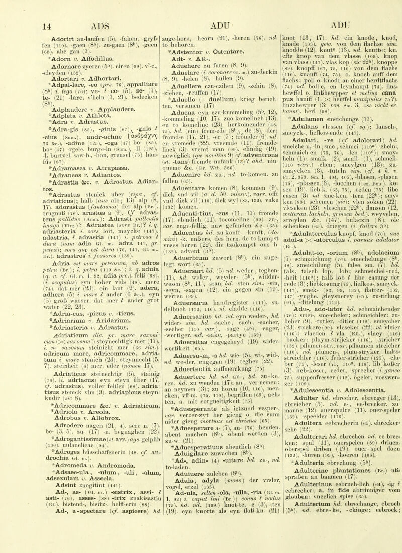 Adoriri an-laiifFen (5), -fallen, -gryf= fen (no), -gaen (8b). zu-gaen (S^), -geen (68). abe gan (7j. *Adorn v. Affodillus. Adornare zyeren(5''). ciren (99). v'-c, -cleyden (i32). Adortari v. Adhortari. *Adpal-lare, -eo {j)rs. 76), appalliare (8b) i. tego (th); ve- I ce- (5), ze- (7), te- (21) -lare. v'helu (7, 21). bedeckcn (8b). Adplaudere v. Applaudere. *Adpleta v. Athleta. *Adra v. Adrastus. *Adra-gis (85), -ginis (st), -gnis I -eius (Sum.), andr-aehne (avapaxvv] 73 &c.), -adine (125\ -oga (47) bo- (85\ bo (47) -rgele. tjurge-hi (Sum.), -11 (las), -1, burtzcl, saw-b., -bon, grensel (73). han= fus (87). *Adramasea v. Atrapassa. *Adraneos v. Adiantos. *Adrastia &c. v. Adrastus. Adian= tos. *Adrasttis stenick iiber (rijya, cf. adriatieus); lialb {aus alb; 13). alp (8, 17). adorastus (fantasnia) der alp (Br.). trugniiJJ (76). arastus a (9). Cf. adras= teus pallidus (Amm.): Adrasti |;aZZertfo's imago (Vir-.)? Adrastea {sors Br.)? i.q. adriasteria i. sors loit, muycke (i47). adastria, t adrastia (i4i) i. petrosa t dura (nam adia Gi. m., adra 141, gr. petra); sors que est dura (76, 141, Gl. m., lir.). adrastros' i- fossores (i39). Adria est mare petrosum, ah adros fyetra (Br.); i. petra (no &c.); i- q. adula {q. V. cf. Gi. m. 1, 92, adia^rc). fellJ (68). ii. scop'idus) eyn holier vels (48). mere (74). dat mer (23). ein lant (9). adera, adhera (5) i. mare i ander (6 &c.), eyn (5) grol5 wasser. dat mer i ander grot water (22, 23). *Adria-eus, -picus v. -tieus. *Adriariuin v. Aridarium. *Adriasteria v. Adrastus. .<4driaticum die. pr. mare saxoni- cum (X saxosuml) steynechtigk mer (17). i. m. saxosum steinicht mer (C6 shn.). adrieum mare, adrieonxmare, adria= turn mare stenicli (23), steynnecht (5, 7), steinheit (6) mer. eder {nomen 17). Adriatieus steinechtig (5). stainig (76). {i. adriaeus) eyn steyn fiber (17, cf. adrastus). voller felBeu (68). adria^ tisus stenick vim (9). adriapieus steyn- kudir (.sic 8). *Adricoininare &c. v. Adriaticum. *Adriola v. Areola. Adrobus v. AUobrox. Adrodere nagen (21, 4). sere n. (7). be- (3, 5), zu- (17) -n. begnaglien (22). *Adrogantissimae {st. arr.) ags. gelplih (136). uulanclicae (94). *Adroges husschaifenerin (48. cf. an= drochia i.i. m, 1. *Adromeda v. Andromoda. *Adsaee-ula , -ulum, -uli, -alum, adsexulam v. Assecla. Adsint zuogitint (ui). Ad-, as- (gi. m.) -sistrix, assi- t asti- (76), asses- (88) -trix zuakisaztiu (Gf.). bistend-, bisitz-, helfF-erin (88). Ad-, a-speetare (cf. aspicere) hd. zuge-horn, -heorn (21), -heren (76). nd. to behoren. *Adstentor v. Ostentare. Adt- V. Att-. Aduehere zu fur en (8, 9). Aduelare (i. coronare Gi. m.) zu-deckin (8, 9), -helen (8), -huUen (9). Aduellere czu-czihen (9), -zehin (8), -Ziehen, -reuffen (17). *Aduello (: duellum) krieg berich= ten, versunen (17). Aduena eyn czu-kummeling (5^, 12), -kommeling (10, 17). zuo komelinch (13). en to komelinc (23). herkomender (48, 75). hd. (ein) frem-ede (8b),^-de (8), -der; fromd-e (17, 21), -er (7); fromder (6). ?ic?. en vromede (22), vreemde (11)- fremde= linck (3). vremt man (99). elindig (19). newegiick (qu. novitius 9) cf. adventrons {St. -tans) fremde nufank (13)? aJid. niu= quemo &C. (Gr. Wtb. 386). Aduenire hd. zu-, nd. to-komen. zu fallen (65). Aduentare komen (8). kommen (9). dick viid vil (a. d. Nl. missv.), varr. oflft vnd dick vil (110), dick wyl (83, 132), vake (132) komen. Aduenti-tius, -eus (11, 17) fromde (17). elendieh (11). tocomelinc (99). zii-, var. zuge-fellig, nuw gefunden &c. (65). Aduentus hd. zu-konft, -kunft, (a!o= mini) -k. uuBers, des hern, de to kumpst vnses heren (22). die tzokompst ons h. (132). advent (5''). Aduerbium zuwort (8b). ein zuge= legt wort (65). Aduersari hd. (5) nd. weder-, teghen- (11), hd. wider-, weyder- (5b), widder- wesen (8b, 11), -stan, hd. -ston sim., -sin, -seyn, -sagen (12). ein gegen sin (19). werren (99). Aduersaria handregister (111). su= delbucli (112, 116). nl. cladde (116). Aduersarius hd. nd. eyn weder-, hd. wider- sim. hd. -sache, -sach, -sacher, -secher (110 var.), -sage (49), -sager, -wertiger, nd. -sake, -partye (i32). Aduersitas engegeheyd (19). wider- wertikeit (65). Aduersu-m, -s hd. wie- (5), wi-, wid-, nd. vve-der. engegen (19). teghen (22). Aduertentia auffmerckung (75). Aduertere hd. nd. an-, hd. zu-ke= reu. hd. zu wenden (17); an-, ver-nemen; an neymen (3); zu horen (10, no), mer= cken, vff-m. (75, no), begriffen (65), ach-- ten, a. mit sorgueltigkeit (75). *Aduesperante als ietzund vesper-, var. verzer-zyt her gieng o. die sunn nider gieng mortuus est christus (65). *Aduesperare a- (7), au- (76) -benden. abent machen (8bj. obent warden (3), zii-w. (21). *Aduesperatiuus abentlich (8b). Aduigilare zuwachen (8b). *Ad-, adin- (4) -uitare hd. zu-, nd. to-laden. Aduiuere zuleben (8b). Adula, adyla (mans) der vrsler, vogel, etzel (135). Ad-ula, selten -ola, -uUa, -ria (Gi. m. 1, 92) i. capjut lini (Br.); conus I nodus 75). hd. nd. (109.) knot-te, -e (3), -ten '19). eyn knotte als eyn floB-kn. (21). knot (13, 17). hd. ein knode, knod, knade (133\ geiv. von dem flachse sim. knodde (12). knut^ (13). nd. knutte; kn. efte knop van dem vlasse (109). knop van vlass (147). vlas kop (sic 22b). knoppe (89). knopff (67, 75, no) von dem flachs (no), knauff (74, 75), 0. knoch auff dem flachs; poll o. knodt an einer herdtflachs (74) . nd. boll-e, -en. leynhaupt (74). lins= hewfFel 0. linBhewpper et melius eana= pus haniff (1. X heuft'el manipmlus 75 ?). linzzhewper (3: von Sm. 3, 485 nicht er= kannt). herl (os). *Adulamen smeichunge (17). Adulans vlessen (cf. sq.)] lunsch-, smeyck-, liefkos-ende (i47). Adulari, -re (cf. adolorari) hd. smeiche-n, -In; sme-, schmei- (iio^^) -chain; schmaich-eu (75, 76), -len (no<^); smay= heln (1); smaik- (2), small- (1), schmeli- (110 varr.) -chen; smeylgen (13); zu- smaycken (3), -lutein sim. (cf. 4 h. v. Fr. 2, 373. Sm. 1, 404, 405), -blascn, -plascn (75) , -plassen (3), -locchen (res;. Ben.). ko= sen (19). lieb-k. (65, 75), -reden (75). libe casen (3). nd. sme-ken, -tern (22b); smy: ken (83). schemen (sic); vleu soken (22). vleseken (23). vleschen (22b). flansen (12, wetterau. lacheln, grinsen bed.), weyvelen, streylen &c. (147). bulaczin (8). ole schenken (65). driegen (i. fcdlere 5b). *Adulatereulus knopf, knod (76), aus adul-a X -atorcuius i. paruus adulator (Br.). Adulat-io, -orium (8b), adolaeium (7) schmaichung (76). smechelunge (8b, 48). smeicliilung (5). false sm. (7). hd. fals, lalsch lop, lob; schmeichel-red, -heit (no=^); falB lob I libe casung der rede (3); liebkosung (75). liefkos-, smeyck- (147), smek- (83, 99, 132), flatter- (132, 147) -yughe. gleysnerey (67). zu-titlung (91), -ditelung (112). Adu-, ado-lator hd. schmaichender (76) ; smei-, sme-cheler; schnieichler; zu- lieber (9), -tutler, -ditler (112). smeyclier '23). smekere (99). vleseker (22). nl. vleier 116); vlaedeu- I via- (kil), vlaey- (1I6) -backer; pliiym-strijcker (116), -stricher (132). pfliimen-str., var. pflaiimen streicher (no), nd. plumen-, plum-stryker. halss= streichler (116). feder-stricher (125), -clu= ber (75), -leser (75, 110*, 116). lib koBer (3). lieb-koser, -reder, -sprecher (i. ganeo 75). suppenfresser (112). ogeler, vosswan= zer (109). *Aduleseentia v. Adoleseentia. Adulter hd. ebrecher, ebrecger (13), ebreicher (3). nd. e-, ee-brecker. zu= manne (12). auerspulre (11). ouer-speler (132), -s])eelder (116). Adultera eebreclierin (65). abrecker= sche (22). Adulterari hd. ebrechen. nd. ea brac- ken; spul (11), ouerspelen (89) driuan. oberspel driben (19). ouer-spel doen (132), -huren (99), -hoeren (ice). *Adulteria ebrechung (5b). Adulterine plantationes (Br.) uB^ spraBen an baumen (17). Adulterinus eebruch-lich (64), -ig t eebrecher; a. in fide abtrinniger vom glouben; vneelich spise (65). Adulterium hd. ebrechunge, ebroch (5b). nd. ebre-ka, -ckinge; eebrock;