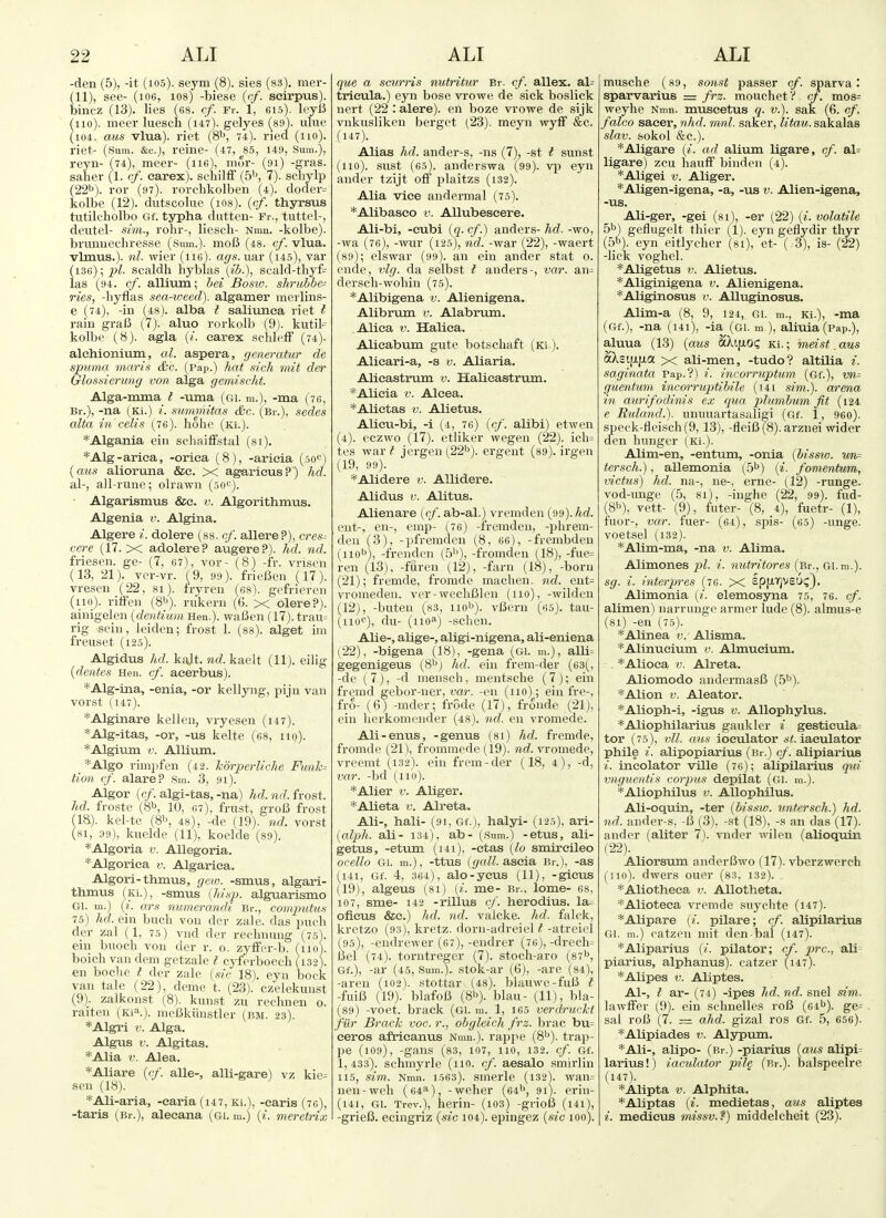 -den (5), -it (i05). seym (8). sies (83). mer- (11), see- (106, 108) -biese (c/. scirpus). bincz (13). lies (68. cf. Fr. 1, eis). Ieyl5 (no), meer luesch (147). gelyes (89). uliie (i04. aus vlua). riet (8'^ 74). ried (no), riet- (Sum. &c.), reine- (47, 85, 149, Sum.), reyn- (74), meer- (116), mdr- (91) -gras. salier (1. cf. earex). scliilff (5'', 7). schylp (22''). roi- (97). rorcLkolben (4). doaer= kolbe (12). dutscolue (los). {cf. thyrsus tutilcholbo Gf. typha dutten- Fr., tuttel-, deutel- sim., rohr-, liesch- Nmn. -kolbe). bmmiechresse (sum.). moB (48. cf. vlua. vlmus.). nl. wier (lie). ags.wM- (14.5), var (i36);^J^. scaldh hyblas («6.), scald-thyf= las (94. cf. allium; hei Bosio. shrubbed ries, -hyflas sea-iveed). algamer merlins- e (74), -in (48). alba t saliunca riet t rain gral3 (7). aluo rorkolb (9). kutil= kolbe (8). agla (/. carex sclileff (74). alchionium, al. aspera, generatur cle spuma, maris die. (Pap.) hat .sicli mit der Glossierung von alga gemischt. Alga-mma I -uma (gi. m.), -ma (76, Br.), -na (Ki.) i. summitas &c. (Br.), sedes alta in celis (76). hohc (Ki.). *Algania ein schaifFstal (si). *Alg-ariea, -orica (8), -arieia (.lO) {aus alioruna &c. x agarieus?) ha. al-, all-rune; olrawn (.50^'). Algarismus &c. v. Algorithmus. Algenia Algina. Algere i. dolere (88. cf. allere?), cres^ cere (17. X adolere? augere?). hd. nd. friesen. ge- (7, 67), vor- (8) -fr. vriscn (13, 21). ver-vr. (9, 99). frielk-n (17). vresen (22, 81). fryren (68). gefrieren (110). riffen (8b). rukern (6. x olere?). ainigelen {dentium Hen.). waBen (17). trau= rig seiu, leiden; frost 1. (ss). alget im freuset (12.5). Algidus hd. kalt. nd. kaelt (11). eilig {denies Hen. if. acerbus). *Alg-ma, -enia, -or kellyng, piju van vorst (147). *Algmare kellen, vryesen (147). *Alg-itas, -or, -us kelte (68, no). *Algium V. Allium. *Algo rinii>fen (42. kd7-perliche Funh^ Hon cf. alare? Sm. 3, 9i). Algor {cf. algi-tas, -na) hd. nd. frost. hd. froste (8b, 10, 67), frust, groB frost fl8). kel-te (8'', 48), -de (19). nd. vorst (81, .19), kuelde (11), koelde (89). *Algoria v. AUegoria. *Algoriea v. Algariea. Algori-thmus, gew. -smus, algari- thmus (Ki.), -smus {hisp. alguarismo Gi. m.) {i. ars numerandi Br., computus 75) hd. ein bucli von der zale. das puch der zal (1, 7.5) vnd der recbnimg (7.5). ein buoch von der r. o. zylFer-b. (no), boich van dem getzale t cyferboech (132). en boclie t der zale {.sic 18). eyn bock van tale (22), deme t. (23). czelekunst (9). zalkonst (8). kunst zu rechnen o. raiten (Ki^.). nieBkiinstler (bm. 23). *Algri V. Alga. Algus V. Algitas. *Alia V. Alea. *Aliare {cf. alle-, alli-gare) vz kie^ sen (18). *Ali-aria, -earia (147, Ki.), -caris (76), -taris (^Br.), aleeana (gi. m.) {i. meretiix que a scurris nutritur Er. cf. allex. al= trieula.) eyn bose vrowe de sick boslick nert (22 : alere). en boze vrowe de sijk vnkusliken berget (23). meyn wyfF &c. (147). Alias hd. ander-s, -ns (7), -st i sunst (no), sust (65). anderswa (99). vp eyn auder tzijt oS plaitzs (i32). Alia vice andermal (75). *Alibaseo v. AUubeseere. Ali-bi, -eubi {q. cf.) anders- hd. -wo, -wa (76), -wur (125), nd. -war (22), -waert (89); elswar (99). an ein ander stat o. enae, vlg. da selbst I anders-, var. an= derscli-wohin (75). *Alibigena v. Alienigena. Alibrum v. Alabrum. Alica V. Halica. Alieabum gute botscliaft (Ki ). Alieari-a, -s v. Aliaria. Alicastrum v. Halieastrum. *Alicia V. Alcea. *Alictas V. Alietus. Alicu-bi, -i (4, 76) {cf. alibi) etwen (4). eczwo (17). etliker wegen (22). ich= tes war? jergen(22b). ergeut (89). irgen (19, 99). *Alidere v. AUidere. Alidus V. Alitus. Alienare {cf. ab-al.) vremden (99)./*rf. ent-, en-, emp- (76) -fremden, -phrem- den (3), -pfremdeu (8, 66), -frembden (nob), -freudcn (5b), -fromden (18), -fue= ren (13), -furen (12), -farn (18), -born (21) ; fremde, fromde machen. nd. ent= vromeden. ver-wecliBlen (no), -wilden (12), -buten (83, nob). vBern (65). tau- (iio<!), du- (no*) -schen. Alie-, alige-, aligi-nigena, ali-enlena (22) , -bigena (18), -gena (gi. m.), alli= gegenigeus (8bj hd. ein frem-der (63(, -de ( 7), -d mensch, mentsclie (7); ein fremd gebor-iier, m?-. -en (110); eiu fre-, fro- (6) -mder; frode (17), fronde (21), eiu lierkomeiider (48). nd. en vromede. Ali-enus, -genus (81) hd. fremde, fromde (21), frommede (19). nd. vromede, vreemt (132). ein frem-der (18, 4), -d, var. -bd (no). *Alier v, Aliger. *Alieta v. Alreta. Ali-, hali- (91, Gf.), halyi- (125), ari- {alj}h. ali- 134), ab- (Sum.) -etus, ali- getus, -etum (i4i), -etas {lo smireileo ocello Gi. m.), -ttus (gall, asoia Br.), -as (141, Gf. 4, 364), alo-yeus (11), -gieus (19), algeus (81) (?. me- Br., lome- 68, 107, sme- 142 -rillus cf. herodius. la= ofieus &e.) hd. nd. valcke. hd. falck, kretzo (93), kretz. dorn-adreiel t -atreiel (95), -endrewer (67),-endrer (76),-drech= Bel (74). torntreger (7). stoch-aro (87b, Gf.), -ar (45, Sum.), stok-ar (6), -are (84), -aren (102). stottar (48). blauwe-fuB t -fuiB (19). blafoB (8b). blau- (11), bla- (89) -voet. brack (gi. m. 1, 165 verdrucht filr Brack voc. r., obgleich frz. brae bu= eeros afrieanus Nmn.). rappe (8b). trap- pe (109), -gans (83, 107, 110, 132. cf. Gf. 1,433). schmyrle (no. cf. aesalo smiiiin 115, sim. Nmn. 1563). smerle (132V wan= nen-weh (64'>'), -weher (64b, 91). eriu- (i4i, Gi. Trev.), herin- (103) -grioB (i4i), -grieB. eeingriz {sic 104). epiugez {sic 100). musche (89, sonst passer cf. sparva i sparvarius = frz. mouchetV cf. mos= weyhe Nmn. muscetus q. v.). sak (6. cf. falco saeer, nhd. mnl. saker, litau. sakalas slav. sokol &c.). *Aligare {i. ad alium ligare, cf. at ligare) zcu hauff binden (4). *Aligei v. Aliger. *Aligen-igena, -a, -us v. Alien-igena, -us. Ali-ger, -gei (si), -er (22) {i. volatile 5b) geflugelt thier (1). eyn geflydir thyr (5b). eyn eitlycher (si), et- (:3), is- (22) -lick voglicl. *Aligetus v. Alietus. *AligLnigena v. Alienigena. *Aliginosus v. Alluginosus. Alim-a (8, 9, 124, gi. m., Ki.), -ma (Gf.), -na (141), -ia (gi. m ), aliuia (pap.), aluua (13) {aus dXi\t.oc, Ki.; meisf aus aXsifjLfxa X ali-men, -tudo? altUia i. saginata Pap.?) /. incorruptmn (Gf.), guentum incorruptibile (t4i sim.). arena in aurifodinis ex qua plumbum fit (124 e Ruland.). unuuartasaligi (Gf. 1, 96o). speck-fleisch(9,13), -fleiB(8).arznei wider den hunger (Ki.). Alim-en, -entum, -onia {bissto. im= fersch.), allemonia (5b) {i. fomentum, mctus) hd. na-, ne-, erne- (12) -runge. vod-unge (5, si), -inghe (22, 99). fud- (8b), vett- (9), futer- (8, 4), fuetr- (1), fuor-, war. fuer- (64), spis- (65) -unge. voetsel (132). *Alim-ma, -na v. Alima. Alimones pi. i. nutritores (Br., gi. m.). sg. i. interpres (76. X epfJi'i'jVSUi;). Alimonia {i. elemosyna 75, 76. cf. alimen) narrunge armer lude (8). almus-e (si) -en (75). *Alinea v. Alisma. *Alinueium v. Almucium. *Alioca V. Alreta. Aliomodo andermasB (5b). *Alion V. Aleator. *Alioph-i, -igus v. AUophylus. *Aliophilarius gaukler i gestieula= tor (75), vll. aus ioeulator iaeulator phile i. alipopiarius (Br.) cf. alipiarius i. ineolator ville (76); alipilarius qui vnguentis corpus depilat (gi. m.). *Aliophilus V. AUophilus. Ali-oquin, -ter {bissw. untersch.) hd. nd. ander-s, -B (3), -st (18), -s an das (17). ander (aliter 7). vnder wilen (alioquin (22). Aliorsum anderBwo (17). vberzwerch (110). dwers ouer (83, 132). *Aliotheca v. AUotheta. *Alioteca vremde suyehte (i47). *Alipare {i. pilare; cf. alipilarius GI. m.) catzen mit den bal (i47). *Aliparius (/. pilator; of. pre, ali= piarius, alphanus). catzer (147). *Alipes V. Aliptes. A1-, t ar- (74) -ipes hd. nd. snel sim. lawffer (9). ein sclinelles roB (64b). ge= . sal roB (7. — ahd. gizal ros Gf. 5, 656). *Alipiades v. Alypum. *Ali-, alipo- (Br.) -piarius {aus alipi= larius!) iaculator pile (Br.), balspeelre (147). *Alipta V. Alphita. *Aliptas {i. medietas, aus aliptes i. medieus missv.f) middelcheit (23).