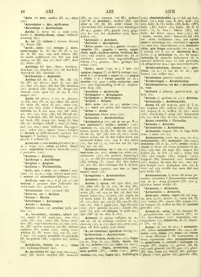 *Aria {st. ara; anders Gl. m.) altar (lii). *Aricolator v. Ar-, arill-ator. *Arieulum v. Aurieulum. Arida terra 76) s. erde (no). herha (i. aleibia-dium, -cum) wilaocli= senzung (Ki.). A-, ar- (1) -ridare i. torrere derren (1). doren (22). *Arid-, adri- (74) -aritun (i. sice-, tostr-inum) ta- (6), da- {b^, 17, 4, 74), do- (8, 23) -rre, van sick suluen (23), do maltz aviffderret (74). dat van sick sulues {sic 22). dar (49). dare (22b). dei-j. (1). horte (13). Ariditas hd. dur-, durr-, trucken-, drucken- (5), druchen- (67), nd. dor-heit. dorrekcit (21). dirrhait (76). *Aridonium v. Assidela. Aridus Jid. du- (7, 8), du-, du- (3), hd. (8^) nd. do-rre. durr (1, 110). dur ^4). dirr (76).dore (18). dor (22). druclien (68). droken (13). drege (8). droge (99). droech (132). spor (75. cf. Sm. 3, 575). mager (65). Aries hd. ster-e, -r (74, 84, Aiberus), -n (12). ster (5^, 74, 84). sther (3). steer (9). steir (8). stier (5, 125). starr (74). ram (104, 109). widii- t frisciuc (i04. cf. vervex. Gf. 3, 833. ziem. 590). hd. wid-, wi-, wie- (74), wey- (14), hd. (18) tid. we- der. wederkm (23). hd. bock, pock (74). nd. buck (22). scaej) (89). lauijJ (5). lam (22, 68). hodiges schafi o. lam (75). liam= mel (110 sim.). instr. belUcum loa-egger 95), -icker (Ob.), -igsere (ziem.). louiger i. feruex sc. bellicum instr., nach Fr. aus laniger) t laidiger (74). lodiuger (93). pleyde t schirm (3). Ariet-are i. cum axietepercutere (Br.); -o erigo (76); -atus ge-kilet, -bluet (125). argeetare bockeu, slaen &c. (147). i. percutere (i48). *Arietiis v. Alietus. *Arificeps v. Aurifleeps. *Arigina v. Angina. *Arilaria v. Tormentilla. *Aril-, ari- t arri- (Ki.) -\a,tov i. mer- cator (76, Br. &c.). coip-, meers-man (i47). i. arator [cf. arieolator) fphluger (125). Arill-us, -um (Br.), -i pi. (Gl. m.) {cf. acinus) i. granum inter folliculos vue wein-stain (76), -perkornlein (74). *Ariminiura {ciu.) ryemel (12). *Arin-ea, -ea v. Arnica. *Arinis v. Enula. *Ariobagus v. Ariopagus. Ariola v. Areola. *Ariola comm. {cf. ariolus) pub, pu= bin (74). A-, ha-riolari , -riolare, af io-1 {sic 76), -nari (3) hd. zaub-eru, -ren (76), -ernt (13); zeu-, czwe- (21) -bern; czey= ber (18), vogel bezoberen (76). tzo- (132), to- (23) -ueren. touoren {sic 22), daraus zufureu (8b). raden (132). raten (110). ■wicken 11, 19). weys- (64), ver- (7), vor- l war- (76) -sagen. gaugkiln (8). gewkeln (9). be-gokeln (22), -cogelen (99), -kolcn (79). Ariola-tio, -thesis (Br. &c.), -tisis (76) wahrsagerkunst (Ki.). A-, ha-riolus hd. zqu-, zeu- {mss. mog.), czey- (21) -berer. czeyber (18). touer-er (23), -re (99). touorer {sic 22). zufurer (sic 8b. cf. ariolari). wicker (12). eyn alter w. (.5b, 22, 23). alder wisser (1). eyn wickeu (13). warsager (no), wareseger 8b &c.). geuke- (8b), gauck- (110), goge- 95), ko- (79) -ler. chokelore (100). beco= kelere (99). *Arionari v. Ariolari. *Arionia v. Arrogania. *Ario-, areo- (125, Br.), pario- {75varr.) -pageta (18), -pagita i. cerui-, eapit- osus, agel-, authee-astus, budieus &c. (125). eyn scluler {qui studuit &c. 18. st. schuler). meister eins tugenthafftigen lebens (75). gruntz-, ibe-, grempe-ler, seitze (125). *Ario-, areo- (129, Br.), I ari- (76) -pagus, -bagus (7) ab apsxr] virtus (129), ares v. I ab arioth i. mars (Br.) et pagus i. villa; *. v. I vleus martis (Br. &c.), mortis (76); gew. ^■. villa virtu-tis, -osa (76). eyn dogenliatftig dorli'(,'>), doghen= sem dorp (22). *Ariotida v. Areiotida. *Aripagare v. Arapagare. *Aripagus v. Ariopagus. *Aripes v. Alipes. Ari-, aris- (147, Gl. m.), arris- (i4i, Gl. m.) -sare vox gruis, des cranen (147). *Arisa v. Ansa. Arisarum klein aron (i43). *Ariscalia v. Aristoloehia. *Arismetri-a (93), -ca (s aus gr. i)'X ars metriea?), arith-, arethi- (136) -metiea (9i, no, 136), -metriea (68) eyn kunst, koust (5, 21) hd. die da, die do, de da (5), dye (21) lert (5, 134), lernt, lernet zelen; nd. do dar tellen leret. zal messendi kunst {S3), eyn k. des zelen (91), der zal (1, 4), von der zal (6). eyn der zal {sic 18). *Arismet-rieus, -er I -ra (93), arith= met-ieus (91, no), -rieus (68) zeler (91). zalmesser (93). ein meister, kunst-iger (1, 4), -er (22) der rechnunge, rekeninghe (22), raitung (1). eyner der dye konst (sc. pi-c. 21), dye recliunge der k. (5) kan. *Arismus {vermis:, aus ric- X tar- mus?) made (17). *Arispoleia v. Aristoloehia. Arissare v. Arisare. Arista {i. spica) hd. eyn eher, eer (5), aher (21) da (5, 134), do daz (21), do das koru vtf weehst, in west (5), vlj weist (21). 7id. eyn ar dat {st. dar) dat korne ynne wa-, we-sset. cyn ergen an ey koru lialm (7). hd. nd. aer. 7td. alier (6, 110), eber, are, eer (3, 13), ere (5b, 16). aar (99). ehir i agini(i04). eige des ares (109). eher spitzliu (64 sim). schote (19). pale (11. gew. nd. siliqua, nl. palie Kii.). spir (22b. cf. Br. wtb. 4, 994). Aristari (•/. spicas coUigere Br. &c. -re id., - ri in aristam crescere Gl. m.) eher-en (76), -n (75). eher (68), aren (132), aher vft' dem acKer (no) lesen. *A-, ar-ristatus i. spicatus eherig(75). *Aristerium v. Asceterium. Aristo-lochia, -locia (Sum., Gf.), -logia (75 &c., hisp. Gl. m.), -loya, -lacia, -lia (21,74), aristro-(76, no), asto- (75 varr.), artro- (i3i) -logia, arostoloia (146), aris-poleia (5b), -calia (149), pisto -lochia (143,144), -logia (Ki.), uiatoXoxt'a (144), charisteloehia {q. v.) hd. nd. hoi-, hool- (64), boil- (Anz. 8, 407), holl - (75, 125), hole- (4,17), holle- (10), helle- (18b), hale- (18), holer- (6), holtz- (5b, 8, 75 varr., 77, 91, Ninn.), hulcz- (21), nd. holt-, hd. biver- (Sum.), tros- (i3ij hd. - wurtz, -wortz, (hoi-) -burcz (3), hd. (13) nd. -wort, cichlamme (Sum. aus cycla= menV). aristologi (93). osterluzi {i. agacia 74). raia (Gf.). hinsclikraut (in), aristolo- ehia, -gia longa astren-tia (i03 &c.), -za i astriza (Gf. 1, 503. cf. astrentia &c.). kerse {i. q. artueium 85, 96). dy lange, rotunda dy sinwelle holewurcz (4). r. sinewel holworz (Sum. v). boh. pywonka (4. pfingstrose Kon.). ags. smerewyrt(94a). Aristo-phorum, -forum (Br.), -pho= rium (Gl. m.) (i. vas &c. Br. &c.) spis kamer (49). teller (Ki.). *Aristosius {piscis) vericli (125). *Aristrologia v. Aristoloehia. *Arithmetric-a, -us &e. v. Arismetri- a, -cus. *Aritura {i. fiducia) getrew-heit, -ig=: keit (74). *Arium {i. spoUum Gl. m.) v. Atrium. *Ariuncula v. Aratiuneula. Arma hd. nd. wap-en, -pen (1, 7, 65, 88). waphen (18). waf-en (93), -fen (65, 88). wopen (3, 4). woffen (6, 125). were (125). werck-zug t -zeug (ss). harn-asch (88, 91), -isch (88), (125). herniseh (93). Arma cruralia v. Cruralia. *Armala v. Aruiola. *Armalausa v. Armelausa. Armamen wapen (10). lo logo delle arme e naue (Gi. m.). Armamenta-(no*, Mss. mog., Br. &c.), armamento- (16), armento- (mss. mog.), armenta- (22, 66 &c., nob), arma- (66 &c.) -rium {i. locus vbi arma ponuntur 66 &o. sim.) eyn stat da man dye wapen be= heldet (5), in leit (7 sim.), heyu leit (21) . eyn wapin- (21), wapen- (110), wappen- (16), harnasch- (9i), harnisch- (111) -kamer, da man die wo-, var. wa- pen behalt (no), wafanhus sim. (Gf. 4, 1053). nd. eyn stedde dar men dat wa^ pen lecht (22). Armamentum {i. locus vbi arma po= nuntur; armatura I firmamentum nauium sim. Br. &c.) werg gezauwe (17). eyn g. iglichen hannt werks (8). *Armania v. Armenia. *Armararia v. Armaria. Arm-are, -izare, -isare hd. nd. wap- en, -pen (5, 60), -penen (7), -enen (11, 19, 110), -enheu (8b), -ennen (23). wopen (77). an wappen {dj. woften an tun (6). armizo gewofiio (i4i). Armar-ia, -aria, (1) {in claustro 5b. i. gazophilacium I4i) armar-ie (5b), -er (1). buochkamer (i4i). wopenhus, var. wapenhaus (75). almar-ia, -a (1) almar- ie (5b), -ey (1). Arma- (5, 125, Br. &«.), t armenta- (10), ofters armamenta- (mss. mog.), ar= mato- (109), alma- (75), amo- (76) -rium {i. locus librorum t vbi instrumenta et arma reponuntur sim., promptuarium 74, spint-rum 74, -erium t inerepta 75) wapin- (8b), wapen- (4), gerwe- (10, 12, 109), verb, gewere- {sic 10), ger- (77), gher- (22) -bus, -haus (4), -husch (10). garuwe- t ghern- (V89), garue- (11), gherwe- (23),