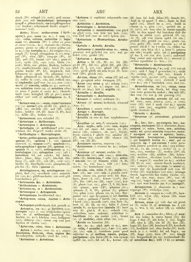 riuck (5''). cringel (77. wett.\. gall. escau= dich (122. mlt. eseaudetus). artoeop-a krapfF o. pfann-kuch; -us krapffenpacher (74) . becker; sch3rmmelt: broit; cropel i. mancus! (i47). Arto-, hissw. artho-creas (apxo- xpsasj, (jew, -crea (Br. &c.), I -rea (75, 122), -eria, -erium, antocrea (i. laga= num 75), atroeea (8*') i. cibus ex pane et came (110 &c., Bi-.), e'tpasta (Br.)fachis, pistus; panis ex cibo et came pistus {sic 66 &c.); vlg. tortella(Br.). Arf.crapho (Gf.), crapli (7), krapf, chrapplien (1, 7i). crep- pel (5b), -elen (22b). crop-pe (8b), -el (22), -pel (11). bastet (33^ sim.). past-et (no), -eyde (13), -eye (i32). blatz (76. ivett). bletz, var. pletze, flecken, vorbrot (75) . smaltz-kuoche (bm.), -kucli (8). eyn griebe kuche (8b, 17). stopkuch, boh. tykauecz (4). speck- (3), phannen- (93) -flade. pfamizelt (2). brezelu (18). britzel (5). roffio-le (los), -ele, ital. reffioli (ku. cf.vsk-pheola).gall.Yoy- (Gl.m.), rou- (122) -ssole {cf. ros-ola, -eella Gi. m.; unterscli. von artorira tarte 122. cf. artotira cihus ex pane I pasta et caseo Br.). vleescb= tarte (108). kringhel (23. cf. pre), ai-mer rither (49<^. 'wett. cf. artolaganus. Fr. 2, 122<=). *Artocr-eas (Ob.), -e\iin, -ium t oereare (74) (X oerea!) eyii sti-fel (5), -pbel (4), -effel (74). ste-feln (21) -uel (23). (ein) leder-, ledder- (18, 21) -hose (5, 18),-hoz (4), -hoBe (21), -holJen (74). *Artocreum eyn scliuBel (7). *Artocupa v. Arthoeopa. *Artoeupus v. Artoeopus. *Artofagia {st. artifieina? oder vom wiirken <Jes Teigesf) werke stobe (8). *Arthofagus v. Sarcophagus. *Arto-,artho-ganus, -gonus (22,110'')) -genus (6), - gomus ( 1, von - ganus unterscli. 4), -nogus (nob), -gaphus(76), arta-graplius t -garus (18), -gamus (67), -gamis (V. a. 1477), orthogonus (g. w.), hortologus (74), ortogolus (i47) {oft i. herodius) lid. nd. valcke. hd. falck; blaw-, blau-, blae- (nob), bla-fuB. bla- fusse (7), -uiB (17), -vot (22), -voit (147). blofus (6). blayfuyUe (133). plauphus(3). pla-fus (1), -fuez (-ganus 4). Artolaganu-s, -m, artologanus (01) platz, flad (74). eyertlade (125). armerit= ter (i26, Ki.). giildeiischiiitz {\2i\.ioett.g\i\= lenschnitteii pi.). *Artomesia &e. v. Artemisia. *Arthomivun v. Arsineum. *Artoniu-m, -s v. Archonium. *Artonogus v. Artoganus. Artopemma brodbretzel (Ki.). *Artop-aeus, -ocus, -toeius v. Arto= copus. *Artopiperpfefrerkuch, peniik (4). Artopt-a, -ra (Ki.), gi-.a^xoTZif] (113), areopta (147) {i. vas artificialiter operas turn Br. cf. arthoeopa)' kiiettrog (94), beckiu (91, Xi.a). kuchen- (114), holippen- (113), oblaten- (Ki.) -eisen. eop van pos= teyden of vladen (147). *Arto-rea, -rira, -tira v. Artocreas. Artox i. mains, reus (Gl. m ). sagax, fauciosus, fron-us, -itus, sipius &e. be-.scheyden, -scbydc, vroit &c. (147). *Artraicus v. Arteticus. *Artreca (^. sophista) schynende cun= ster (147). Arthritis v. Architiea. ' *Artrologia v. Aristoloehia. Artuatim (/. membratim) von glyd zu glyd (110). van lede tzo lede (132). von leid tod {aus nl. tot!) lyden (68). *Artueiuin v. Nasturtium. Aristo- loehia. *Artula V. Areola. AruUa. Artuosus («. membr-atus Br., -osus, grossus) wol ^elydet (68, 110). wal ge- ledet (132). grabe (17). *Arturus v. Areturus. Artus s. lit (11, 22, 89). let (23)- ge-lit (8b), -lid (91). glyte (18). glit (21). glid (o, 7, 110, 134). gleed (19). glete (133). groiJ glfeth als arm beyn (8). lede= mat (14a). gieich (64). Ar-tus, -thus (5b), -etus (17) hd. nd, enge. ge-spiczt ader -twungen (17). *Arua (aus arna q. cf.) scliaip (i47V Arua {cf. gi. m.)_ angar (gi. Hrb.). lieydt (69 Mrg.). lett {i. argilla 74). *Arualla w. AruUa. *Aruanbale v. Ambaruale. *Aruare {i. colere) achkern (1). *Aruea {cf. eruea) hederich, wizsenif (Sum. V). *Aj:'udina i. semen vrtice (76). Arugo V. Aurugo. *Aruiala v. Aruiola. *Aruina (u aus n) lam nyghebaeren (147). *Aruillas {st. eru. ?) arwassin (i4i). Aru-, arph-, arb- (i36) -ina, arpha (74) hd. nd. smer. hd. smer-e, -re (21), smeer (14), schnie-r, -rb (64*=), feyste, feyst, vaisti-n t -gkeit (74), smalcz (5b, 17), flemn (12). smalt (22). vlom-e (14, 22b), .en (22, 23). Aruinare smereu, smyren (74). *Aruinosus {i. crassus Br. &c.) schme= rig (no). *Aruinus {cf. aruus) eschiu (8). *Arui-ola (85), -ala (Sum.), arm-ala, -ulla (16), harm-ala, I -ola (143), attin- l am-ala (74) {cf. bisora) wilde (8, 16, 74, 85, 96 , 149, Sum.), wilt (47) rute, rawte. (74) hermelraut (i43). Ar-ula, -ola, -tilla (8, 16), -mila (97), har- (11), an- (i36)-ula {i.patella carb- onum, -amim 134, parua ara) hd. fure-, fuer-, fewr- (1, no), fewer- (nob), fur- (5b), ffir- (14a), wr-(22), yuyr- (i47), kol- (8), gluot- (141, Gf.), glut- (7, 8,16), brat- (68) -panne, -pan (14^), -phanna (Gf.), -plianne (7, 8, 16), -phann (1), -pfanne (75) ,-pfan (no), -pfann (68, 76, I4i). fiur= panne (Gf.) ags. fyr-paniie {i. 94^. batilla Gl. Aeifr.), -paniiae t berth (94), -ponne ?herd (i36); heordh (94*). eyn fuer (5), hert (5, 21, 22, 99, Gf.). hirte t fouea (arula 8). en haer tow (harula 11). hert Stat (6). glut-h. (8 &c.), -scherb (76), -schcrben, varr. -scherm, -schirben (^. bacillum 75). ein roster (i32), brant (97. cf. andela), clein altar (68, 110). *Arula en honstoii (11). Ar- (Br. &c., alph. art- 66 &c.), arr- (4) -ulla, t arualla (147), t ar- (75), art- (^69, 134) -ula {i. residuum pomi quod abjicitur Br. cf. arillus, nauci, pulpa, peripsima) eyn kern (18) ;k. von eynem apffel (66, 110); hd. nd. k.-, kerne- (13, 22) -hus, hd. hu6, -hfise (13), -husch (10), -hufi in ey appel (7 sim}), -haus in dem apfel (76), -husel im a. (67), -hulB in emem a. o. pirn (74), -gestel im a. (v. 1477), nd. -bus also in eneme appelle (23). ill den appel dat liuysken dair die kerne in sitten (147). grob-i6 (5b, 74), -is (8), -eB von einem apfel (56 sim.). grabiB (16). grubB (66 sim.), grutz (69, i34),_gricz (18), {wett. ^rotzen m.) vt in pomis. ebi-B i -tz i ewitz (74. ebutz Sm. 1, 23o). eyn bicz (6. i. q. butz V). putzen am obs; vi-p'iR, -pitz, -aB («. peripsima cf. Sm. 1, 100. Gth. wtb. 1,103); auBwurf= ling {sonst ouis rejicula Fr.); abersel (t. seruus squalidus Gr. wtb.; 75). *Aruneula v. Aratiuncula. Arundinetu-m, t s-, {adj. 75^) ror-ah (104), -ach i -hag i geweclist (74),-eicht (8), -echtig (17), -stat (65), -busch f -wachs (114).^ ge-ror (75^1), -rorag (75a), -ror (91), -rorig (111). rietvelt i moB (no &c.). ret t rusclidyk (109). riet (74). Arundtn-eus, -is (76), -inus, -osus (75) hd. nd. ein diuck, hd. din^ von, van rore gemaclit, maket; daz mit (21), das von (76) ror g. ist. gerorig (75). A-, ha-rundo, arrudo hd. nd. ror. hd. rore, roer, roirr-a (127), -e (104), royr (13_). riet i moB (110 &c.). spreta (Gf.). zeiu (86). angelrut (111). piffe, spule {textoris 17). *Aruola v. Areola. *Arurcus {cf. yrurehus) grintohtir (104). A-, ha-, ho-, au-ruspex, ho-, au- rospex, auruspes (22) {i. diuinator, bissw. auspex X aura, hora, ara, ariolus, auis; ar. quasi ararum inspector, auru- t au-spex ab aue et specie; horu-, hori-spex horuspieus, horoscopus i. (jui inspicit horas Br.; aur. cpd ex inspectu ag- t ast-rorum t extis pecv^ dum futura predicit 66 sim.) eyn wetter- (66 &c., 75, ar. 110 &c.), weter- (1, 4, 75 var., 134), wetther- (7), weder- (5ab, 23, 109), wedder- (22), widder- (18), fetter- (21) -dichter, -diecbter (110a), -dichtern 21), I -sager (7), -macher (6fi &c.), -wicker 22, 23, 56, 109), -wisser durch zauberei, var., zubery (75), -ban (aur. X aura! 4). eyner der do kontschoff seit von de weder (17). wijchelaer (107 sim.). wissage durch ingeweide des toden viechs (7.5). hd. nd. eyn war-, ware- (8b), vor- (8) -sag(i6), -sager (har. no), -seger, -segre (99). eyn wan knecht (ar. 8x auriga?). Aruspicium {i. diuinatio Br.) war- seguiige (8b). wichelye (132). Aruum {i. campus Br.) velt (8b). baw= feld (91). wyse (12). wysen (13). weze (14a). wesse (8). Aruus, auus (4) velt daz nit geert ist (6). esche (8. cf. aruinus. Sm. 1, 123 sq. G. wtb. 1, 78). acker (22, 4). ertrike Arx {i. summitas dc; libra; cf. aux) hd. eiu hohe; h. eines turns (75). die hoge t fest (7). ein holie f. (65). hoghe (22) . also h. (23). ein ho (3). hoe (21). hege(13). hye (18). hoicheyd(19). hoecheit (11). hochheit (89). vber hoche(5b). hoclu wrch (4. i. e. -werk). hd. nd. bog-e, -en (21). bage (133). torn (8b, 132). burgk (65). bergschloB {ss, 91). weehterhuB (10. cf. arcubiua &c.). wlft (? 11. X areus).