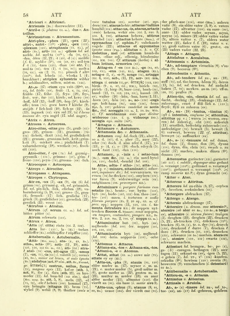 *Atricari v. Altrieari. Atriensis (bi.) doerwechter (11). *Atril-e (i. pluteus Gi. m.). -lus v. An= trillus. *Atrimentum v. Atramentum. Atri-plex, -phex (23), -pex (22), attri-, antri- (75')) -plex, -pex (123), -plexum (125), atraphaxis (73, Ki.), pi. atri- (bi-.), arti- (gi. m.) -pliees hd. ucl. nielde. hd. mel-ta (87''), -da (93, Gf.), -den, -Ideu (17, 21), -t (49), -d (4); meilde (/. 4), myld-e (5''), -en (ss, 69; mil-ten t -t (73), -tzen (125), -tliau {sic atr. 7); mal-ta (95), -ten (1), -t (64, 91); molt-a (76, Gf.), -en (2, 73, 75). piinsch t alt> (105''). boh. lebeda (4), wloska 1. (4). burckhart; atriplex syluestris wilder b.; schifimalter, milten, mist-m. (144). At-,a- (17) -rium eyn vrit-(22ab, 89, 95), hd. fridt- (69), freit- (1, 6, 74, 134), fridde- (17), frihe- (5), frye- (18), fry-, frei-, vor-, fur- (cs), kircli-, nd. kerc- (99) -hoff, -hof (12), -huff (18), -hop (5b). kireh= offe; tenn (74). gocz haws t kirche (9). strijdt- t lich-huB (10). lich-us (12), -us (13). inganck (64). eyn sal (17, 74) t locus amenus &c. eyn angel (17. nhd. anger). *Atrix i\ Atrox. *Atroeea Artoereas. Atro-eitas, -sitas gru- (5), gruB- (6.5)1 gres- (22), grinim- (11), grausam- (76j 134) -licheit, -ikait (134).groBelickeit (21); grusam-, grausam-heit,-keit; grim- keit (8), -mickeit sim.\ pinlichkeit (7). vnbarmherczig (18). wretlieit (99). frech= eit (110). Atro-citer, I -ye (74) hd. grymig-, grymmik- (134), grimme- (67), grim- t freue-(110), peyn-(74), grusam- (68) -lich. *Atroeopus i\ Artoeopus. *Atroye v. Atroeiter. *Atropassa v. Atrapassa. *Atropes v. Chytropus. Atr ox, -ux (3), -ax (9), -ix (6) hd. grimm (64^, grymmi-g, -ck. nd. grimmich. lid:, nd. pin-lich, -lick, -clicheu (18). vn= barmherczig (5, 18, 110). gruwe- (5), greu- (4), freusch- (17) lich. gruliche (17 . gruck (3). gruJJelicher (65). greselick (23). gi-eslick (22). wreet (99). *Atrubus V. Atratus. *Atrum {cf. acrum Gi. m.) hd. nd. bitter, pitter (4). Atrum Schwartz (110). *Atrux V. Atrox. *Atta {cf. eitta) rinta (Gf. 2, 532). Atta lur- (i3o), la- (Ki.) - tscher. schlirffer (Ki.). schliirpffer t ziipffler (135). Attabemalis v. Aetubernalis. *Atta- (Mss. mog.), ata- (4 , 49, Br.), atha-, acta- (8''), acti- (11, 19), atti- (127, 136, 141 GI. m., Of.), atl- (Gf.) atra- t atal- (76) -cus, att-agus (21), -amus (7), -us, 7.5),_-is(Gf.) i. volatile (4); vermis (49, Br.), maior est bruco, et auis ignota (Br.); atelabus (act. 8^ sim., att. Br., Freund, gr. otTxaxot;); oestrus, asilus, fueus (75), magnus apis (11). kef-er (ath. 5, act. 8), -fer (4), -fern (ath. 21). en bye= moder (11). hd. hum-bil (141 sim.), -mel {msh. mog. &c. att. 5, 8), -meln (12), -el (75, 76), -eleHichere (100). hommel (17). eyn heimgin (attagus 21). brem (75). wybcl (9). webil (8, 9). thuther {auis a voce tutulus 125). screter (49). ags. dora (i36). atacus hebir; attacus t tallina humbil (104). attac-us, -is, atacus, artaeis {auis) hehera, wehir sim. (Gf. 1, 644. 3, 436. 4, 799). attacus hehera, atticus humbel (121). attactus hehere (Sum.), et epymaehus {cf. ophim.?) vnbekande vogele (22); attacus et epyomatus ignofai aues (pap.). alitutus v. h: v. Cf. meletius, mel {vt) atticum humb-ilo -lono, -eliue adj., -elhonig, husahoninc (Gf., BM. 709). Cf. atticum {herba) i. al= bum lotium, armorica (85). Attag-en i -es (no &c.), -ge (84, 87, 102, Of.), -ena (141, Ki.), atagen (Ki.), actag-e (1, 4), -0(8), aeage (34), artagge (Gf. 4, 959), act-, (11, 19), acr- (89) -ica, attega (i. ornis 75), gr. axxaYa? (112,126) birck- (9, 4, 87, Gf., bm.), birich- (82), pirich- (1), birg-(8), burc-(i02), buch-(34), hasel- (11, 75, 112, 124, Gf.), hassel- (19, 89), waBer- (16) -hfai,-hun, huen (1,11), -hoen (89), -hon (82). a-, ac- (ise) -cega ags. holt-liana (94), -ana (i36), -hona Hpt. 5, 197) gehoren zundchst zu aecia &c., ital. aceeggia (ci. m. 1, 39. Dz. wth. 4). Cf. aeeidaimus auis qucc dicitur widercoc (129. i. q. videeoqs Dfr.). accegia ngs. snite (n4»). *Attagus V. Attacus. *Attamare v. Autumare. *Attamasia &c. v. Athanasia. Attamen conj. hd. doch (21), aber d., so a. d. (67). d. s. aber (7), auer (22), Oder (76) doch. d. also ader d. (17). yo- (13), y- (4, 4), e- (18) -doch. edeych (5). noch -tant (132), -dan (110). Attamen, g. -inis s. i. setac-ium Br.), -um &c. (gi. m.) ein meel-bytel 68, no), -budel, -beudel {hd. 109). Atta-, adta- I atho- (76), atta- (64), ta- {q. w.)-minare, attamiaari(i. ad!Mer= sari, inquinare &c.) hd. vervnreynen. vn- rvnen (7e).be-flecken (110), -smytzen {132). vor furen (9). widerwertige sein (64). ontghinnen (108. proicerpere Kii.). Attaininare i. purgare farinam cum setatio (Br.), beute-, var. bytte- (no), byt- (68), bude-(i07, 132)-len. thee-(i08), tee- (107) -msen. i. texturam a nodis filorum purgare (Fr. 2, 20 sq., Gi. m. cf. prcc. sqq.) noppen (11, no, 132. i. to= menta detrahere Kii.; de noppen uyt= trecken floccos d. Binnart; sonst nof)-pen, -en tang ere, contundere, pungere Kii., Br. Wtb. 2, 248. Sm. 2, 700. c/. noppa GI. m.). *Attaminator but- (93), byt- (es), melbeude- {hd. 109) -ler. nopper (107, 109, no, 132). *Attaminatrix byt- (68), melbeud- hd. 109) -lerin. nopper-in (no),* -sche 132). *Attamus v. Attacus. *Attana-sia, -tos v. Athana-sia, -tos. *Attani-a, -e v. Atomus. *Attat, athat (gi. m.) auwe mir (75). attate ey ey (Ki.). *Atta-ua, 'pha (3), atauia (91, no) elder muder m. (17). myner e. m. m. (21), e. muter muder (5), groB muter m. (6), grote moder in. (22), groten m. m. (23), mutter m. muder (18). en auer alder moder (11). altmuter (no), die vierdt an (91). ein base {i. mater ave3). *Atta-uus, -phus (3), atauus (8, 91, 99, Br.) uraue (loi). der vierdt ene (91). der pfuch-ane (ne), -sene (Hen.), anhem vatir (8). ein elder vater (3, 9). e. vaters vader (l7). altvatter (110). en ouer- (99), auer- (11) -alder vader. mynes, myns, meyns (4), miners (21) elder vatter vader' (5), alters vatter v. (7), elders water watter (21), fader i. f. (18), vater v. v. (4), groB vatters vater (6), grot-e, -en (23) vaders vader (22, 23). *Attega V. Attagen. Attelabus v. Accalabus. *Attemesia v. Artemisia. *At-, ad-temptare virsuchin (8). v'su= chen (9). becoren (8b). Attendentia v. Attentlo. At-, ad-tendere hd. zu-, an- (18), auff- (75), nd. tho-horen, -horen (6), -heren (13, 76). hd. nd. dencken. hd. andacht haben (7, 76); merken. an-m. (89). vff-m. (68, 75). prufen (8). Atten-tio, -sio, -dentia hd. nd. an- dacht, -dechtig (18), -denkunge (12). hd. zuhorunge, ernst- t fliB-lich z. (no); fleyB; flyB zu zuhoren (68). At-, au- (18) -tentus, -timtus (6) (oft i. intentus, confusus X attonitus, attritus qq. v.; : wereu X werren, swe= ren) hd. zuhori-g, -cht (i33). anhorieh (11). ernstlich, bedechtig zuhorende(no). andechtiger (76). bewart (5). bewert (3, 6). vorwert, bewern (22. cf. attritus). beswert (4). auffmerker (64). At-, a- (4) -tenuare hd. nd. dunne, hd. dunu (1), donne, don (18), dynne (110), dynn, din, clein (65), swach 0. zu nicht (17) macheu, maken. dunen (8^). donnen (99). Attenuatus garincter (i2i).garmeter {sic 117). i. .subtili-, depauper-atus gedunt o. verampt (no^); gediiunet o. verarmpt (no''); gedunnet o. verrampt (iio^. >< ramp miseria Kii.?); dynn gemacht (68). *Atter V. Ater. *Attercus v. Attritus. Atterere hd. zu-ribin (8,17), -reyben (9), -brechen, zerknischen (65). *Attergere abdrucken (17). *Attergo V. Atergo. '^Attersio abdruckunge (17j. *Attersire (4. denom. aus attersio?), atersire {ab ater 66 &c., no &c., a tergo 68), atharsire {i. siccum facere) trevgen f3). droghen (23). dreghen (22). drucken (5, 21). ab-trucken (75), -triicknen (75^). trucken (6). tr. (4), tr. 0. dyr (76), druycn (132) , druckend t durre (7), drocken t dore (18), drucken (67, no), druncken (133) , schwarcz (66 &c.) machen. atersere (68), atesire (110, 132) swartz (132), schwarcz machen., Attestari hd. bezugen, be-, pe- (4), ge- (3) -czeugen. bethugen (22). seer tugen (11). orkund-en (99), -igen (5, 22), -e geben (7). hd. vi--, v'- (134) -kunden. orkudin (S^). bewisen (no), swerin (8). besweren (9). verschmeheii {i. detestari! 66 &c.). *Attibernalis v. Aetubernalis. *Atticu-m, -s V. Attacus. *Attimtus V. Attentus. *Attinala v. Aruiola. At-, a- (4) -tinere hd. zu-, nd. to-, toe- (89), an- (17) M.-gehoren,-gehoren ,1