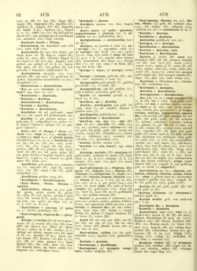 (132) , ar- (22, 75) -lep (18), -lippe (22), -lappe (23), -leppegen (16), -lepchiii (17), -lepchen (3), -lepgin (5^^, 21), -leppelin (6), -leplin (7 &c.), -lepleyn (66), -leppel (4, 64, 75), -leffel (110, 132). die krospel an oliren {Ki^.)^.ags. enugga(Hpt.5),earuuigga (94), aei'uuica (ise); angl. earwig. Auricula muris v. Pilosa. *Auricularia eiii lieymlich ratz wib (110), raitz wijff (132). Auricularis ltd. eyn, der clcyn, nd. clene, kene [sic 22) tiiig-er, -ergeii (21), -erlin (6), -even (22). cleiiister finger in der haut (75). Ac?, or-f. sim., -leppel; oren griibel, ore gribel {cf. fv. 2, 31). heym= licli gabe (sic 17), rat geben (8), rot= gebende i iiinerster (nunierster? 9). Aurieularius rat-gebo (117, 121^, -gheuer (22). eyn rayt- (.5), gro6 rot- (b) -geber. lieymliclier ratschreiber (6C sim.). orenplaser (7.5). *Auriculcum v. Auricalcum. *Au-, a- (136) -rieulum (cf. aurical- cum?) ags. dros 136). *Aurieulum v. Auricula. *Aurieus t\ Auritus. Aurichalcum v. Auricalcum. *Auriela v. Aurilia. *Aurielus v. Aurulentus. Aurifaber hd. nd. golt-smit, -smet (23, 89), hd. -sniyd. hd. goldsehmidt .sim. Aurifex (i. qui pur gat cmrum 76) golt-smit (7), -sclinieltzer (7.5), -feder (77. s?.-feger V : faden ?), -pleger (17. si.-phe= ger? -pleser?). Auri-, ari- (1) -flceps, t -ficus (74), -fices (102), -ceps (87, 104), -sieeps (45) («. orix 104, ispis gi. m. cf. alcedo ispida eisenbartNmu., Ob., Fr.,M. v. fraudula) hd. nd. ijs-, hd. ys-, yB-, eis-, ey/3-, ysch- (133) , his- (Gf.) -vogel. hd. nd. ysen-, yseren- (221), 23, 89), yslioni- (22) -bart, -bort (13, 221-, 89), hd. -part, -griue (19. aus gren barbaxhegmva lupus?), golt- hune (77),-vogel (4, 7.5), -hamer (74). gold= amer (8b). bebir (104). Aurificina golt-smitta (93), -schmitte (68, 75), -smyette (8b), -smit (8), -smytz (i32), -ese (23). smitt t efie (17). gold= sehmidlad (91). Aurifieium gulden werg (8b). *Auriflgium v. Auriphrygium. *Auri-flama, -floma, -fleuma v. -spuma. Auri-fodina, -fouea, -a (110) golt- M -^rube, -grub, -grueb (2), -grobe (5), -g'be (8b), nd. -groue, -groeue t -putz '132), hd. -werck (8, 9), -perg (74), -grien ■m rem, var. -gryn am rhyn (no. cf. . 1, 3 72b Sm. 2, 112). *Auri-foUum t -peeium (cf. petia Gi. III.) {herba) goltblume (8b). *Auri-frugium, -fugium &c. v. -phry= gium. Auriga {cf. aurigo) hd. nd. eyn wagen-, wayn- (5b, 4), weyne-(21), wan- (12), wan- (8ab) hd. -fuerer (93), -ffirer (6), -furer (12 &c.), -triber (5, 8, 21), -treiber (1, 4), -driber, mt/.-driuer, -menre(i09), hd. -man (7, 8b, 7.5), -knecht (5b &c.), -knet (49) eyn karre- (8b), karren- (76), fur- (4, 75), 'I^^' karn dryber (19); fur-, roB-, men- (75), wor- (9) -knecht. farer, vlg. furer. roller (75) wagener (9.5). reitwagen (,Sum.). am Fr *Aurigale v. Aurea. Aurigare menen (75). den wagen furen (88). Auri-, auru- {cf. aule-) -ginosus, augurionosus (^. ictricus 145) (^. ar= cuatus 142 &c.) gelbsuchtig (Ki.). Auriglutinum {i. ehrysoeoUa) bor= ris (Ki.). Aurig-o, -a {morbus I color 76), eu- t ar-rigo (65) (*'. superfluus calor 75; cf. aurugo) eyn siecli- (66, 134), sych- (67, 69) -tum. eyn sucht t calor die hitz (7), gc-s. t h. (76), suecbt ader heicze (21), kranckheit mit hicze (4); vberig hitz (75). nd. eyn suke I de nitte (23), van der hette (22). * Aurigo (i. aura; c/. aurugo) we tar (Gf.). *Aurigo (: aurum) golt-sin (22), -sin= der, varr. -schnider, t -rost (75). Aurigraphia golt schrift (9). guld-in gescliritft (75), -e scrift (22). Aurigraph-us, -os hd. gulden- (75), golt-Schriber. schreiber golt (9). *Aurile {cf. aureola) pertel (4. cf. bertl Sm. 1, 204). *Aurile-a, -ga v. Aurilia. Aurile-j aurili-gium eyn golt- hd. -stat, -stad (7), nd. -stedde, -kamer I gulden Stat (75). Aurilegulus goldwascher (Ki.). *Aurilentus v. Aurulentus. *Auril-ia, -ea, -iga (75), -ega (18), -ena (66 &s.), aur-iela (7), -alia (115, 125, Ki.) {vermis; auis i. oriolus 125) hd. nd. golt-, hd. gold-, gult- (21) -worm, hd. -wurm, -wyrn (18), -wiirmlin (115), -wurm= lein o. -hahngen (Ki.), -wormel, var. -wurbhn (75), -plettchen (125). *Aurina {herba) aurine (i49). *Auriola (X ara, hara?) ags. stigu (94, 136). Auripig-, auripic- (5b) -mentmnAf/. golt-schum, -schawm (^9), -farbe (17). hutt= rach (3, Sm. 2, 257). auripig- (1, 2, 73), auripic- (5b), opri- (93), oper- (73) -ment. orgimint (Gf.). Auri-phrygium (Ki.), -frigium, -fru^ gium (10), -fugium (Sum.), -flgium (19), -frisium(99), aufgerium (8), anph- (89), anf- (19) -riticus, fresum aureum (104. X freSUS cf. Gl. m. 'i, 674) {cf. Dz. Wtb. 608, varr. gi. m. 1, 484) porte (.Sum.), eyn borte (8), bort (anfr. 19). rant of boert (anphr. 89). golt-borto (ii7), -bort (12, 99), -burt (7), -bart (19, 89, 99). goldbarde (11). eyn gulden krantz (10). *Aurire {i. per cuter e I vulnerare; im= plere i4i; sorbere, audire, glutire, trahere, ferire, sed aspiratum debet esse Pap.; cms auriga x haurire &c.) hd. sla-, schla- gen, -hen; slau (18). slahin o. wagin dribin (8). slahen t wagen treyben (9). w. furen (1), voren (22). Auris hd. nd. ore, oor {li.^), oer (5), are (22), ar, vlg. or (75). hd. or, ohr (ill), horre (5b). Jiandr. hoore (Kii. cf. Gth. Wtb. 2, 729). Auri-scidus, -eidius (74) ein golt- schnider (110), -snyder (132). golsneider (74). Aurisia v. Aorisia. *Aurisiceps v. Aurifieeps. *Aurispieari {cf. aruspex. auspi= cari.) weder wickern (5b). *Auri-spuma, -fleuma (89, 147), ~flo= ma, -flama (11) golt- hd. -schume (mss. mog.), nd. -scumc (11), -schuym (147), -schurin (89. .sic'i Xauriscoria id. Ki.V). *Aurista v. Aurisia. *Auristria v. Austiria. Auriuittis goldtinck (i35, Ki.). *Aurog-a, -o v. Aurugo. *Aurolentus v. Aurulentus. *Aurona v. Aur-ata, -ena. *Auronum v. Abrotanum. Aurora (^. oriens 22b, aura Gf.) morghen (22b). hd. nd. morgen - stunde, -vre (10), -rot, -roet (17), -roete (110b), -roten (110*), -rotin (/. 7), -rotte (9), hd. -rote, -rotlie, -rote (67), -rode, -rode (12), -royd (19), -soiin (76), -stern (68). margen rod t stund (21). frw morgen stunde (5b). dage- (11), ghe- (89) -raet. wetar (Gf.). Aurorare («. illuminare Br.) virluch= ten (19). verlichten (89). *Aurospex v. Aruspex. Aurosus v. Aurulentus. Auruginosus v. Auriginosus. Au-, t a- (74, Br.) -rugo, aurog-o (19, 4)_, -a (18) (ar. i. color sicut pedes acci= pitris, sed aur. i. morbus regius, corrupt tio aure &c. Br. sm., corr. aeris, temper stas, rubedo, fex, spuma au7'i; cf. erugo, rubigo, auri-go, -pigmentum, spuma &c.; als morbus oft alph. aurigo) hd. nd. gjjlt-, hd- gold-, gult- (21^ hd. -schume |7), -scluim, -schaume, -schaum, -scham (4), -phaim (1), nd. -fin (23. X sin), -sin (5, 21), -schin (17), -schyne (133), -syndel (g4), -czunder (5b). hd. gele, gel, geel, gelde (17) suclit, such (5). die aide suchte (21). siechtum (68). totbleich (100). geli- wi {color 119), -u (120). hd. vn-g_ewitter, -wetter (68); mel tauwe (5); mil-thaue, -thau, -tau, -tav (3), -thaw (66), -tow (76); milt-dauwe {!()), -dau (12), -doug (49); mild-dauwe (17), -etav (8), -e (19); mi= litou sim. (Sm. 2, 567. Gf. 5, 346); metes dan {sic 21). nd. mijlde (89). miltauwurm der das kraut verderbet; arugo vnge= stumer luft (74). vmgelt (6. aus gelde = gele sc. sucht X angaria?). Aur-ulentus (Br. &c.), -olentus, -eo= lentus, -elentus, -ilentus, -eolus, -ielua (67), -osus {i.plenus auro Br., deauratus) vergult t guldin (134 sm.). vorgolt (8, 9). vol gold (68, HOC), golds (nob). Aurum hd. nd. golt, goltt (22). hd. gold, gult (5, 21). *Aurum abrasum {st. obryzum!) lawtter gold (1). Aurum arable golt von arab-ien (5b), -i (1). Auruspex &c. v. Aruspex. *Ausaria v. Austiria. Auscul-tare, -are (i34), -tari (4) {i. obedire <&c.) horen (8, 19, 22). hd. zu-h.; fliBlich, fleyslichen (9) zu-h. zu- (nob), flisliken zuo- (13) -heren. horchen (12). vff-h. (68). fleissig zcu-h. (4). losen (88). zu-1. (113). lustern (8b, 49). erfarn hey^ melich (10). erforschen, lernen (65). ge- horsam (17, 75, 88, 110), -folgig (75b), -felgig (75=>'), -vellig (1), vndertan (9) sin, sein, o. werden (75). Ausp-ex, -icator (22) {cf. aruspex) wicker (19). wedder- (22), vogel- (11, 13, 23, 109) -wicker, -wiker (11). wissage dureb der vogel Aug (75).