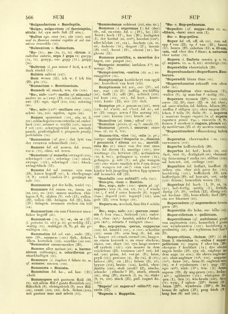 *Sulgandarium v. Sandapila. *Sulga-, sulgo-rium (c/. farricaptio, situla) hd. eyn mele faB (17 sim.). *Sullus ags. otor (94), otr (i3s). ani-- mal in flumine canini capitis et est ini- mieus crocodile (76). *Sulsuxium V. Salsuciimi. *Su- (75), sa- (74, 75, 76) -Itrum («. cultellus sutoris, sepa I gepa 75) gneyp (74, 75). genyp, var. gnyp (75). gnipp (76). *Sultrum {i. pes mense t lecti, s st. f) tisch studel (75). Sulzica saltvat (147). Sum wesen (11). ich w. t ich bin (20). pin (75). *Sumaeium v. Suceinacium. Sumach nl. smack, ren, rin (U6). *Su-, sub- (nob) -mella (of. stimula? anders Gi. m.) swy- (19, 132), schwi- (110), zwi- (11) -nge, -ngel (110, 132). scliwing (68). *Su-, sub-(iio'') -mellare swy- (132), schwi- (68,_ 110) -ngelen, -ngen (68). Sum en spunrimst (121, sim. Gf. 2, 521). schlackspeiss vom eviterlin; nl. euder= bret (116). sclimer o. veyBti (no), smeer t vet (132). schwyngeweid (64). sweinl3= pauch, prufcstigkeit ^. pinguedo prodij, podeinlein (74). *Sumensius (cf. pre.) dat lytt van der vrouwen schemellieit (147). Sumere hd. nd. ncmen. hd. zeren, ver-z. (75), cBeu. nd. teren. * Sumetum (c/.sumella)swyngel-(i32), scliwingei- (no)', schwing- (68) -stock, swynge- (132), schwiugel- (no) -block, zwingebluck (11). Summa hd. nd. summe. eyn sum (18), kurcz begrifif (65), k. vberlegunge (8, 9). vrteil (iudicis 5^). gestimpt an zale (75). Summanus got der hclle, teufel (74). Summare hd. summ-en, -ieren. su- (68, no), so- (132) -mmen macheu. vbir- legen (8, 9), -slaben (9). vol- (13), vullen- (22), veljen- (23; -bringen. fol- (21), foln- (5^1) -bringen. zesamen reclien ein teil (64). Summarium ein sum I kurczer nucz^ licher begriff (65). Summat-es (75, 76) -e, -is -e (17) («. potentes 75, viri p. 76) ge-weldig (17), -waltig (75), -waldiger (8, 9). pi. die ge= waltigcn (76). Summatim hd. nd. ent-, ende- (21), sum- (18j, summen- (no) -lich, -lichen, -liken, kortelich (132). corclike {sic 100). *Summator summemecher (20). Summe aller meiust (65). s. harmo= nieum suBtonigs; s. odoriferum ge= smackliaftigst (62). Summere {i. implere i bibere Gi. m. cf. sumere) nuccen (loo). Summista v. Simista. Summitas lid. ho-, nd. hoe- (11) -cheit. Summopere mit gantzem fleiB (10, 75). mit allcm fliB t gantz flissiclich (65). fliBeclich (8). vleisigcleich (9). seer fliB- (68), ernst- (no, 132) -lich, -lichen (no), mit gantzer mue und arbeit (75). *Summotenus zobirost (127, sim. Gf.). | Summus (i. supremus 1) hd. (der) | ob-, nd. ou-erste. hd. e- (18), he- (18) -berst; hoch (17), hoe (20), hochgster (1), der hochst (65, nob), hoechst (no^). aller-hochst (67, 134), -hochste (66, 68, 69), -hohcste (70), -hogest (17), -hoeste (20, 133)\ -hoest (19), -oberst (68). ho= gheste (11). Summus pontifex, s. saeerdos der bapst, var. paupst (64). *Sumpeio (sumtio) intfahen [t'?) ne= munge (20). *Sumpt-iearius, -uarius (Gi. m.) ze= rungpitter (74). Sumptuositas kostlicheyt von spyB (68). kostclheit van kost (i32). Sumptuosus hd. zei-, cor- (5t>), nd. ter-, war- [sic 23) -baiftig. zer-hufftig (46), -hafft (1), -afit (20), -achtich (i32). vol kost (110, 132J. hd. kost-, koste- (132), kuste- (18), zer- (75) -lich. Sumptus ptc. s. genom-en (i32), -men (no), hd. v'zert. nd. v'tcrt. hd. ze-, nd. te- (23) -rungc. zeren t libs narung (65). cost (100). kosten (no), bruch (46). *Sumultus {st. tum.) uflouf (77). *Sumulus {piscis, cf. sq.'?) smerle (9). *Sumurus [j^iscis, i. eseorus) sture (Sum. cf. Gf. G, 712). Sunam-itis, -ites (74), -atis (/*. pr. ; iuterpv. captiua ^ despeeta Br., dissona t peeeatrix t aliena no &c., mortifi- cata &e. 65) einer von der stat suna (74). hd. dieren (1), unselige (100), irre wustunge (5), herwost (21), uerhuudeta (Gf. 4, 965), gefangner 0. vester (74), gefangen, g. sele (9;. nd. ghe waugen {sic) erre woste sundich zele t eyn deriie (22). wangeii rot (sic!) eren vast {sic!) kinder heit juiigeling herten lipp synnen difF besunder liff (23). *Sundallo {aus subtal?) sola (Gf.). *Suo-pte, -tum v. Suatim. Su-, sup-, sub- (104) -para pi. {cf. supera) lesa (6, 104, 121, Gf.), I winda (Gf.), t wid t oster hcmede (6). ivppel (Sum.), dopseil (no), topzeyl (132). arm golt (28). eren berge (99). Suparu-m, -s schoB, fuer-litz t -schitz (88). Su-, sup-, sub- (121) -parum (eami= sia I) lesa (Sum.), furhendi (121). vnder- (91), vber- (Ki'\) -hembd. muder t brust= gen (Ki^.). schurtz I vmbgurt (Das.)^ Su-, sup-parus, -perus, eupparus (122) hd. hemid-i (Gf.), -e (i4i). schorlitz (125). saum (18j. arm lang (8). hd. ein 1., langer (67) ermel, oermel (68), haug-e. an einem korrock 0. an einer slucken; slaier, var. slayr (74). eyn lange mouwe off cyrheit (132). eyn mauwe in dem reichelene (28). vormaiie [sic? 109). hd. nd. (109) prise, hd. vor-pr. (9); brise, pryB (76); prei-sen (4), -Be (74), -B (77); bries-e (10), -en (13); brisse (21, 67), brysse (152), breise (134), kedel, vber= juntlin (128), stoB (scoB? 12), stuche, schuche (sthuche ? 10), stuch, stuoch (93), stug (20), stawch (1, 64, 74). stake (9, 79, 109). stuck (23). gall, roquet «&c. (147). *Supeio' {st. super-o? -eilio??) run= czeln (17). *Supeeia v. Suppetia. I *Su- V. Sup-pedaneum. I *Supedire (cf. suppe-dire Gl. m., -ditare, -tere) nucz sein (1). Su- V. Sup-pellex. Super hd. vff, off, ob (65), von. nd. opp t von (23), vp t van (22), bauen (11). bouen (20). enboben (13). s. ill-um, -am, -ud vber den t disse; s. naturam vber natur (75). Supera (^. fimbria manice q. v. 75. cf. supara. Gi. m. 6, 421) strubrige (79). Superabilis vberwinlich (20). Superabundare w.Superfluere. Exu= berare. *Superaddi hinzu thun (65). *Superadaentus zukunfft von oben rabe (65). Superadultus vber - wachsen (9), -waBen (8), -ig man-bar f -zeitig (75). Superare wynnen (22*^). ver- (i32)j ower- (12, 20), ouer- (22) -w. hd. vber-, nd. ouer-winden,/(fZ.-bliben, -bliuen(20), -treffen t obligen (65). ober mogen (5*>). leben. I teiln (9). deiln (8). i. superos i. manicas longas rugare (76. cf. supera rugatura panni Pap.). runczeln (8, 9). fronen t croeken (V. rugare, plicare 81). dy mowor^sen (23. st. dy mowen runsen). *Superattendere vffmerckung haben (65). Superatus vberwunden ( 68, no), verwonnen (132). Superbe hofferteclich (20). Superbia hd. hof-, hoch- (68, no) -fart, -fert (6), -fertigkeit (68). vbermut= tig furnemung I stoltz (65). stoltze (126). nd. hou-art, -ert, -erdinge (132). Superbire lid. hoffart, horffort (5) tribeii sim. vber sich geen &c. (65). hoehfertig (no), hoffertyck (19) syn. hoffertigen (20). nd. hou-art, -ert, -erdy (132) driuen; houerdich wesen (11). Superbus hd. hoch- (1, 5^, 68, 76, no), hof-fertig, -uertig (1), -fertich, -fartig (5b, 18), -erdich (12), -fortig (67). nd. hochua- (23), houe-rdich; doel (22*). ein zer blasener (65). Supereedere {cf. supersedere) bouen gaen (20). ^ j Supereilia die hohe, var. hohe (65). Super-cilicium v. -pellieium. Supereiliosus {cf. nubilosus) groB von augbrawen (no), houerdich I grois van wymbrauwen (i32). hoehfertig 0. groBmutig (68). der wybbrren hot (hor? 28). Super-eilium, -lieium (221^) {i. ei- lium 3, ris-iculus 74, -cuius I super pellieium 75) augen- t ober-bra (20). oberprae I hochfart (74). dye oberst augen brahe (18). eyn ob. ougbrae ar dem auge (66 sim.). die obern augbraer (65). ober-augbraw (75^, no), -augprai (75*1), -braw (93), -brau (6). ougbrau-wei (76) , -w t wynbrouwe ( 68). aug- (12). oge- (85b), wint- (5^), win- (5) -bran aupren (19). dy aug-praen (125), -bram' (Ki*.). oghbrawe (i32). wint-proe (9) -pra (1), -bra (3). win-brade (109), -bro (77) . wyn-, I oghen- (22^) -braen (11] -bram (22b). wymbrain (22b). de ha bouen de oghen (23). perg hoch (9.' berg hoe (8). nol (Gf.).