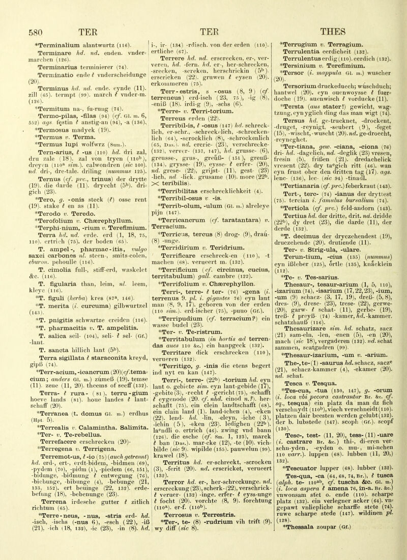 *Terminaliuni alantwurtz (iie). Terminare hd. nd. enden. vnder marchen (121;). Terminarius terminierer (74). | Terminatio ende t vnderscheidunge (20). Terminus hd. nd. ende. eynde (11). zill (65). termpt (99). march t vnder-m. 1 (126). j *Termitum na-, fu-ruiig (74). ' Termo-pilas, -filas (94) {cf. Gi. m. 6, 552) ags. festin i anstig-an (94),-a (l36)^; *Termosus madyck (19). \ *Termus v. Terma. ' *Termus lupi wolfwrz (Sum.). Tern-arius, I -us (iio) hd. dri zal, \ dru zale (18). zal von tryeu (nob),! dreyen (110* sim.). calwondren [sic 100). nd. dri-, dre-tale. driling {nummus 125). Ternus {cf. pre, trinus) der drytte (19). die darde (11). dryecht (5^). dri= gich (2S). *Tero, g. - onis stack (t) osse rent j (19). stake t en as (11). [ *Terodo v. Teredo. *Terofoliiun v. Chaerephyllviin. i *Terphi-niuin, -rium v. Terefimium. | Terra hd. nd. erde. erd (1, 18, 7.5, \ 110). ertrieh (75). der boden (65). i T. ampel -, pharmac - itis, vulgo [ saxei carbones nl. steen-, smits-colen, ehuron. pehouUe (116). T. cimolia full-, stiflf-erd, waskelet [ &c. (116). I T. figularia than, leim, nl. leem,: kleye (iie). *T. figuU (herba) kres (87* 146). *T. merita [i. curcuma) gilbwurtzel (143). I *T. pnigitis schwartze creiden (116). *T. pharmacitis v. T. ampelitis. T. salica seil- (104), seli- t sel- (Gf.) -lant. T. saneta hillich lant (5^). Terra sigillata t staraeonita kreyd, gipli (74). *Terr-acium,-icancrum (20)(c/.tema= cium; anders Gi. m.) ziimeB (19). temse (11). zeue (11, 20). theems of seefi (i32). Terra- I rura- (si), terru-gium hoeve lands (si), houe landes t lant= schaff (20). *Terranea (t. domus Gi. m.) erdhus (Hpt. 5). *Terrealis r. Calamintha. Salimita. *Ter- V. Te-rebellus. Terrefacere erschrecken (20)- *Terregena v, Terrigena. Terremot-us, t -io (75) (auch getrennt) hd. erd-, ert-, erdt-bidem, -bidmen (69), -pydem (70), -pidm (1), -piedem (66, I5i), -bidunge, -bidmung t entweguug (76), -biebunge, -bibunge (4), -bebunge (21, 133, 152). ert beuinge (22, 132). erde- befung (18), -bebenunge (23). Terrena irdesche gutter t zitlich richtum (65). *Terre-neus, -nus, -stris erd- hd. -isch, -ischs (-nus 6), -esch (22), -16 (21), -ich (18, 132), -ic (23), -in (8). hd. i-, ir- (134) -rdisch. von der erden (110). ertliche (67). Terrere hd. nd. erscreckcn, er-, ver- veren, hd. -fern. hd. er-, her-schrecken, -sreckeu, -screken. herschrickin (5''). erscricken (22). gruwen t eysen (20). erkouuncren (75). Terr-estris, s -osus (8, 9) {cf. terreneus) crd-isch (23, 75 ), -ig (8), -eniR (18). irdi-g (9;, -schs (6). *Terre- v. Terri-torium. Terreus erden (22). Terribil-is, t -osus (147) hd. sclireck= lich, er-schr., -schreckiOich, -schrecken= lich (64), -scrocklich (8), -schrockenlich (65, Das.), nd. ercric- (23), verschrecke- (132), verver- (137, 147), hd. grusse- (6), greusse-, grus-, greuB- (i5i), greuB- (134), grysse- (19), eysse- t erfer- (20), nd. grese- (22j, grijst- (11), gest- (23) -lich, nd. -lick, grusame (10). more (22^. X teribilis). *Terribilitas erschrecklichkeit (4). *Terribil-osus v -is. *Terrib-olum, -ulum (Gi. m.) alreleye pijn (147). *Terricanerum {cf. taratantara) v. Terracimn. *Terricus, tercus (8) dreg- (9), draii- (8) -unge. *Terridirium v. Teridrium. Terrificare erschreck-en (no), -t machen (6s). verueert m. (i32). *Terrificium (cf. eireinus, cucius, territabulum) gall, cambre (122). *Terrifolium v. Chaerephyllon. Terri-, terre- t ter- (76) -gena {i. terrenus 9. pi. i. gigantes 76) eyn lant man (8, 9, 17). geboren von der erden (110 sim.). erd-ischer (75), -puuo (Gf.). *Terripudium {cf. terracium?) ein wasse budel (23). *Ter- V. Te-ristrum. *Territabulum {in hortis ad terren= das aues 110 &c.) ein hanpgeck (132). Territare dick erschrecken (no), verueren (132). *Territigo, g. -inis die etens begert ind nyt en kan (i47). Terri-, terre- (22^) -torium hd. eyn lant 0. gebiote sim. eyn lant-gebide (17), -gebite(3), -recht I -gericht (75), -schafft t eygenode (20. cf.nhd. einod n.?). her= schafit (75). ein clein landtschafft (68). ein clain land (1). land-ichen (4), -eken (22). lend- hd. -lin, -eleyn, -iche (3), .ichin (5), -eken (28). ledighen (22t'). la^ndli o. ertrieh (46). zwing vnd bann ! (i26). die esche {cf. Sm. 1, 123), marck i t ban (Das.), mar-cke (12), -te (10). vich= I bilde {sic 9). wipilde (i55). pauwelun (99). 1 krawel (18). Territus hd. er-schreckt, -scrocken ; (3), -ferit (20). nd. erscricket, verueert (132). I Terror hd. er-, her-schreckunge. nd. erscreckung (23), scherk- (22), verschrick- ! t veruer- (i32) -inge. erfer- t eyss-unge II focht (20). vorchte (8, 9). forchtung i (110^). er-f. (nob). ! Terrosus v. Terrestris. j *Ter-, te- (8) -rudrium vih trift (9). I wy di£F {sic 8). *Terrugium v. Terragium. Terrulentia eerdicheit (132). Terrulentuserdig(no).eerdich (132). *Tersinium v. Terefimium. *Tersor {i. mappula 61. m.) wuscher (20). Tersorium druckeduech; wiischduch; hantwel (20). eyn ouenwoysse I fuer= doche (19). auenwiscli i vordueke (11). *Tersta {aus stater!) gewicht, wag= tzung, cynyglich ding das man wigt (74). Tersus hd. gc-trucknet, -drockent, -druget, -reynigt, -seubert (^9), -feget (15), -wiseht,-wuscht (!20).nrf. ge-droecht, -reyneghet. *Ter-tiana, gew. -eiana, -eiona (76) dri- hd. -dagelich, nd. -deglik (23) vresen, fresin (5), frifJen (21). dredachelick vresent (22). dry taf'gich ritt (46). wan eyn frust ober den dritten tag (17). ags. lenc- (136), lec- {sic 94) -tinadl. *Tertianaria (c/.|Jrc.) feberkraut (i43). Tert-, terc- (74) -ianus der dryttest (75). tercian i. famulus bursalium (74). *Tertiola {cf. pre.) feld-andorn (i43). Tertius hd. der dritte, drit. nd. dridde (22b), dy dret (23), die darde (11), der derde (i32). *T. decimus der dryczehendest (19), druczehende (20). drutiende (11). Ter- V. Strig-ula, -ulare. Terun-tium, -cius (135) {nummus) eyn iUleber (125), ortle (135), knacklein (112). *Te- V. Tes-sarius. Thesaur-, tesaur-arium (1, 5, no), -izarium (74), -isarium (17,22,23), -ium, -um (9) sehacz- (3, 17, 19), dreii- (5,8), dres- (9), drese- (23), trese- (22), gerwe- (20) , garw- t schat- (11), gerbe- (19), treC- t preylJ- (74) -kamer, Ac?.-kammer. schatzhauB (116). Thesaurizare sim. hd. schatz, sacz (21) sam-eln, -len, -enen (5), -en (20), mach {sic 18), vergaderen (132). wc?. schat sammen, scatgadren (99). *Thesaur-izarium, -um v. -arium. The-,te-(l) -saurus Ad. sehacz, sacz« (21), schacz-kammer (4), -ekamer (20). nd. schat. Tesca v. Tesqua. *Tes-cua, -tua (130, 147), g. -orum {i. loca vbi pecora castrantur Br. &c. cf. sq., tesqua) ein platz da man dz fich verschnydt (iiob),viech verschneidt(iio). platzen dair beesten werden gelubt(i32). der b. lubstede (147). scopli (Gf.). scopf (130). Tese-, test- (11, 20), tess- (11) -uare {i. castrare Br. &c.) thi-, di-eren ver= schn-yden, -eyden 0. mu-, mi-nchen 110 varr.). luppen (6S). lubben (11, 20,) 132). *Teseuator lupper (68). lubber (132). Tes-qua, -ca (64, 68, 74, Br.), I tusca {alph. te- iio^b, cf. tuscha &c. Gi. m.) (^'. loca aspera t amena 76, in-a. Br. &c.) vnwonsam stet 0. ende (no), scharpe platz (132). ein verlegner acker (64). vn= gepawt vnliepliche scharflFe stete (74). ruwe scharpe stede (147). wildinen pi- (128). *Thessala zoupar (Gf.)