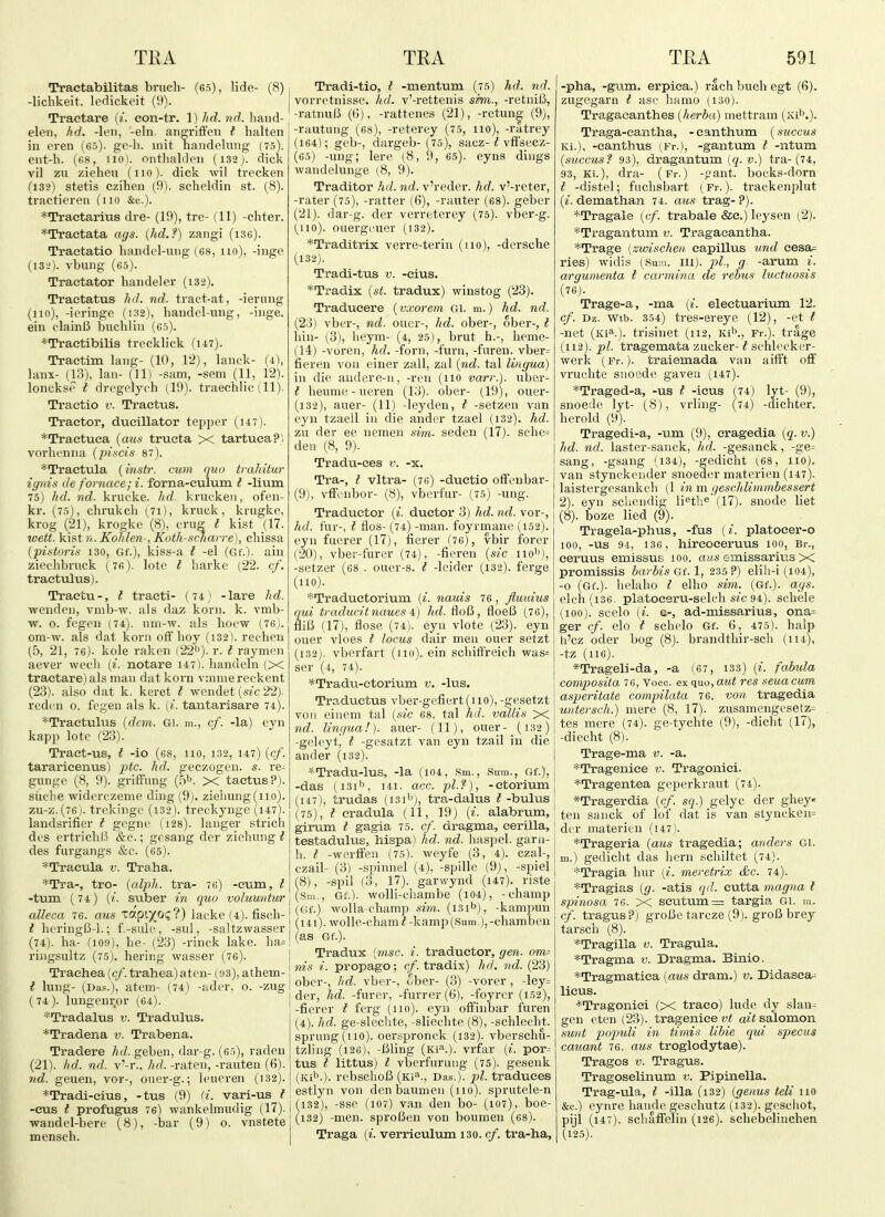 Tractabilitas bruch- (65), lide- (8) -lichkeit. ledickeit (9). Traetare eon-tr, 1) hd. nd. liaiid- elen, hd, -len, -eln. angrifFen t halten in eren (65). ge-h. init nandelung (75). eiit-h. (68, 110). onthalclen (i32). dick vil zii zieheu (no), dick wil trecken (13-2) stetis czihen (9). scheldin st. (8). tractieren (iio &c.). *Traetarius dre- (19), tre- (11) -cliter. *Tractata ags. [hd.?) zangi (i36). Traetatio handel-ung (68, no), -inge (13-2). vbung (65). Traetator handeler (i32). Traetatus hd. nd. tract-at, -iernng (no), -ieringe (132), handel-ung, -inge. ein clainB bucbliii (65). *Tractibilis trecklick (i47). Tractim laiig- (10, 12), lanck- (4), lanx- (13), Ian- (11) -sam, -seni (11, 12). lonckso t drcgplych (19). traechlic (11). Traetio v. Tractus. Tractor, ducillator tepper (n?). *Tractuea {aus tructa X tartucaPl vorbenna (pi.scts 87). *Traetula (instr. cum quo trahitur ignis de fornace; i. forna-culum t -lium 75) hd. nd. krucke. hd. kruckeii, ofeii- kr. (75), chrukcli (7i), kruck, kmgke, krog (21), krogke (8), crug t ki.st (17. xoett. kist 9i. Kohlen-, Kotk-scnarre), cbissa {pisturitt 130, Gf.), kiss-a t -el (Gf.). ain ziechbruck (7fi). lote I barke (22. cf. traetulus). Traetu-, t tracti- (74 ) -lare hd. weiideii, vmb-w. als daz korn. k. vmb- w. 0. fegoii 174). urn-w. als boew (76). ora-w. als dat korn off boy (i32). reeVieu {b, 21, 76). kole raken i22'^). r. t raymen aever wecli (i. notare 147). bandeln (X traetare) als man dat korn vmniereckent (23). also dat k. keret I wendet {sic 22). reden o. fcgen als k. (^. tantarisare 74). *Traetulus {dem. Gi. m., cf. -la) eyn kapp lote (23). Tract-US, I -io (68, no, 132, 147) (c/. tararicenus) ptc. hd. geczogen. s. re^ gunge (8, 9). griffung (f)h. x tactus?). siiclie widerczenie ding (9). zieiiung(iio). zu-z. (76 I. trekingc (132). treckynge (i47). laudsrifier I gegnc (128). langer strieb dos ertricbl^ &c.; gcsang dor ziebung ^ des furgangs &c. (65). *Tracula v. Traha. *Tra-, tro- (alph. tra- 76) -cum, i -turn (74) {i. suber in quo voluuntur alleca 76. aus xa.piyocl) lacke (4). fiscb- l bering6-l.; f.-siilc, -siil, -saltzwasser (74). ba- (109), be- (23) -rinck lake. ba= ringsultz (75). bering wasser (76). Trachea {cf. trahea)aten- (93), atbem- t lung- (Das.), atom- (74) -ader, o. -zug (74). lungenror (64). *Tradalus v. Tradulus. *Tradena v. Trabena. Tradere hd. geben, dar-g. (65), raden (21). hd. nd. v'-r., hd. -raten, -rauten (6). nd. geuen, vor-, oner-g.; leueren (132). *Tradi-eius, -tus (9) li. vari-us I -eus t profugus 76) wankelmudig (17). •wandel-bere (8), -bar (9) o. vnstete menscb. Tradi-tio, I -mentum (75) hd. nd. vorretnisse. hd. v'-rettenis sm., -retuiB, -ratnulJ (6), -rattenes (21), -retun|- (9), -rautung (68), -reterey (75, 110), -ratrey (164); geb-, dargeb-(75), sacz-^ vff'secz- (65) -ung; lere (8,9, 65). eyns dings wandelunge (8, 9). Traditor hd. nd. v'reder. hd. v'-reter, -rater (75), -ratter (6), -rauter (68). geber (21). dar-g. der verreterey (76). vber-g. (no), ouergfuer (132). *Traditrix verre-terin (no), -dorscbe (132). Tradi-tus v. -cius. *Tradix {st. tradux) winstog (23). Tradueere (vxorem Gl. m.) hd. nd. (23) vber-, nd. oucr-, hd. ober-, ober-, t bin- (3), beym- (4, 25), brut h.-, beme- (14) -voren, hd. -forn, -turn, -fureu. vber= fieren von einer zall, zul {nd. tal lingua) in die audere-n, -ren (no varr.). uber- t beume - ueren (13). ober- (19), ouer- (132), auer- (11) -leyden, i -setzen van eyn tzaeil in die ander tzael (132). hd. zu der ee nemen sim- seden (17). scbc= deu (8, 9). Tradu-ces v. -x. Tra-, I vltra- (76) -ductio offenbar- (9), vffcnbor- (8), vberfur- (75) -ung. Traductor [i. ductor 3) hd. nd. vor-, hd. fur-, I flos- (74) -man. foyrmanc (152). eyn fuerer (17), fierer (76), vbir forer (20), vber-furer (74), -fieren {sic no''), -setzer (68 . ouer-s. i -leider (132). ferge (no). *Traductorium (i. nauis 76, fiuuius qui traducit naues i) hd. floB, floefi (76), tliB (17j, flose (74). eyu vlote (23). eyn ouer vloes t locus dair men ouer setzt (132). vberfart (no), ein scbiffreicb was= ser (4, 74). *Tradu-etorium v. -lus. Traductus vber-gefiert(iio),-gesetzt vol! einem tal {sic 68. tal hd. vallis X nd. lingua!), auer- (11), ouer- (132) -geleytj t -gesatzt van eyn tzail in die ander (132). | Tradu-luS, -la (104, Sm., Sum., Gf.), 1 -das (i3i'', 141. acc. pi.?), -ctorium| (147), trudas (131''), tra-dalus I -bulus (75), t eradula (11, 19) {i. alabrum,' girum t gagia 75. cf. dragma, cerilla, testadulus, hispa) hd. nd. baspel. garn- b. t -werffen (75). weyfe (3, 4). czal-, czail- (3) -spimiel (4), -spille (9), -spiel (8), -spil (3, 17). garwynd (147). riste (.Sni., Gf.). wolli-cbambe (104), -cbamp (Gf.) woUa-cbamp sim. (i3ib), -kampun (141). woUe-cbam I -kamp (Sum.), -cbamben (as Gf.). Tradux {msc. i. traductor, gen. om- nis i. propago; cf. tradix) hd. nd. (23) ober-, hd,. vber-, ober- (3) -vorer , -ley= der, hd. -furer, -furrer (6), -foyrer (152), -fierer t ferg (no), eyn offiubar furen (4). hd. ge-slecbte, -slieebte (8), -schlecbt. sprung (no), oerspronck (132). vberscbu- tzling (126), -Bling (Kia). vrfar {i. por^ tus t littus) t vberfurung (75). gesenk (Kit.). rebscboB (Ki^., Das.), pi. traduces estlyn von den baumen (no), sprutele-n j (132), -sse (107) van den bo- (107), boe- (132) -men. sproBen von boumen (68). Traga {i. verriculum i30. cf. tra-ha. -pha, -gum. erpica.) racb bucb egt (6). zugegaru t ase bamo (130). Tragacanthes {herba) mettram (Ki'\). Traga-cantha, -eanthum {succus Ki.), -canthus (Fr.), -gantum I -ntum {succus? 93), dragantum {q. v.) tra-(74, 93, Ki.), dra- (Fr.) -f?ant. bocks-dorn I -distel; fncbsbart (Fr.). trackenplut (?. demathan 74. aw-s trag-?). *Tragale {cf. trabale &c.) lej^sen (2). *Tragantum v. Tragacantha. *Trage [zwischen capillus imd cesa= ries) widi.s (Sum. Ill), pi, g -arum i. arguinenta I cannina de rehis luctuosis (76). Trage-a, -ma {i. electuarium 12. cf. Dz. wtb. 354) tres-ereye (12), -et t -net (Ki^). trisinet (112, Ki''., Fr.). trage (112). pi. tragemata zucker-? schlecker- werk (Fr.). traiemada van aifft off vruclite suoede gaven (147). *Traged-a, -us t -ieus (74) lyt- (9), snoede lyt- (8), vrling- (74) -dicbter. berold (9). Tragedi-a, -vim (9), eragedia {q. v.) hd. nd. laster-sanek, hd. -gesanck, -ge= sang, -gsang (i34), -gedicht 168, 110). van stynckender snoeder materien (i47). laistergesankcb (1 in m geschlimmbessert 2). eyn scliendig liet]i^'(17). snode liet (8). boze lied (9). Tragela-phus, -fus (i. platocer-o 100, -us 94, 136 , hircoceruus 100, Br., ceruus emissus 100. aws emissarius X promissis barbis Gf. 1, 235 ?) elih-i (104), -o (Gf.). belabo I elbo sim. (Gf.). ags. elch(i36. platoeeru-seleb szc 94). Scheie (100). scelo {i. e-, ad-missarius, ona= ger cf. elo t scbelo Gf. 6, 475). balp b'cz oder bog (8). brandtbir-scb (ii4), -tz (116). *Trageli-da, -a (67, 133) {i. fabula composita 76, Voce, ex quo, aut res seua cum asperitate compilata 76. von tragedia imtersch.) mere (8, 17). zusamengcsetz= tes mere (74). ge-tycbte (9), -dicht (17), -diecbt (8). Trage-ma v. -a. *Tragenice v. Tragoniei. *Tragentea geperkraut (74). *Tragerdia {cf. sq.) gelyc der gbey- ten saiick of lof dat is van styneken= der materien (147). *Trageria {aus tragedia; anders Gl. m.) gedicbt das hern scbiltet (74). '''Tragia bur (^. meretrix &c. 74). *Tragias {g. -atis qd. cutta magna I spinosa 76. X scutum =: targia 6I. m. cf. tragus?) groBe tarcze (9). groB brey tarscb (8). *Tragilla v. Tragula. *Tragma v. Dragma. Binio. *Tragmatiea {aus dram.) v. Didasca= licus. *Tragonici (X traeo) lude dy slau^ gen eten (23). trageniee vt ait Salomon sunt 2^oj)uli in timis libie qui specus cauant 76. aus troglodytae). Tragos v. Tragus. Tragoselinum v. Pipinella. Trag-ula, I -ilia (132) {genus teli no &c.) eynre bande gescbutz (132). gescbot, pijl (147). scbaffelin (126). scbebebncbea (125).