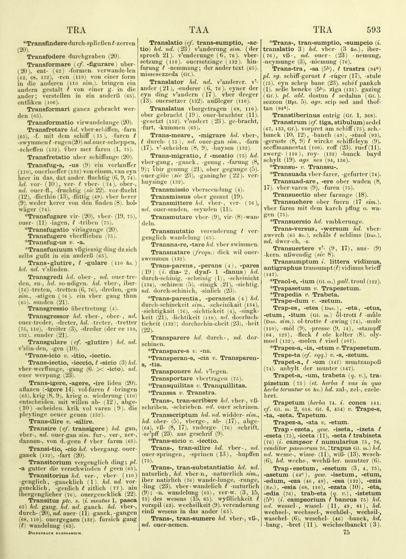 *Transfindere durch-splieUen ^-zerren (20V Transfodere durchgraben (20). Transformare {cf. -figurare) uber- (20), ent- (62) -formen. verwande-len (62, 68, 132), -ren (no) von einer form in die aiideren (no sim.). bringen ein andern gestalt t von einer g. in die ander; verstellen in ein anderJ3 (65). ontlikeu (loe). Transformari ganez gebracht wer= den (65). Transformatio virwandelunge (20). Transfretare hd. vber-scliiffen, -farn (65), -f. mit dem schiff (75), -furen t -swymmen t -rugen(20).n6Z.ouer-sclieppen, -scheffen (i32). vber mer faren (1, 75). Transfretatio uber schilFunge (20). Transfug-a, -us (9) ein vorlaviffer (no), ouerloefFer (i32) von einem, van eyn heer in das, dat ander. fluchtig (6, 9,74). hd. vor- (10), ver- t vber- (74), ober-, nd. ouer-fl., -fruclitig {sic 22). vor-flucht (12), -flicthin (13), -flittig (49). vber herer (9) . weder kerer von den finden (8). hol= wager (74). *Transfugare vir- (20), vber- (19, 75), ouer- (11) -iagen, I -triben (75). *Transfugatio viriagunge (20). Transfugere vberflielien (75). *Transfug-us v. -a. *Transfusiuum vBgiessig ding dz sich selbs gufJt in ein anderB (65). Trans-glutire, t -gulare (110 &c.) hd. nd. v'slinden. Transgredi hd. obei'-, nd. ouer-tre- den, SU-, hd. so-ndigen. hd. vber-, iber- (76)-treten, -tretten (6, 76), -dreden, -gen sim., -stigen (76). ein vber gang thun (65). suuden (21). Transgressio iibertretung (4). Transgressor hd. vber-, ober-, nd. ouer-treder, -dreter, hd. -treter, -tretter (75, 110), -treiter (3), -dreder (der ee 110, 132). sunder (21). Transgulare {cf. -glutire) hd. nd. v'slin-den, -gen (10). *Trans-icio v. -itio, -lectio. Trans-iectio, -ieccio, I -sicio (3) hd. vber-werfliinge, -gang (6. X -icio). nd. ouer werpung (23). Trans-igere, -agere, -ire liden (20). aflazen (-igere 14). vol-furen t -bringen (65). krig (8, 9), krieg 0. wiederung (110) entscheiden. mit willen ab- (12), abge- (10) -scheiden. krik vol varen (9). die pleytinge oeuer geuen (132). Trans-ilire v. -silire. Transire {cf. transigere) hd. gan, vber-, nd. ouer-gan sim. fur-, ver-, zer-, dannen-, von d.-geen t vber faren (65). Transi-tio, -eio hd. vbergang. ouer- ganck (132), -fart (20). Transitorium vergenglich ding; pi. -a gutter die verschwiuden t geen (65). Transitorius /id. ver-, vber- (no) -genglich, -gancklich (1). hd. nd. vor- gencklich, -genlich t zitlich (77). ain ibergenglicher (76). ouergencklick (22). Transitus ptc. s. {i. meatus 1, pasea 65) hd. gang. hd. nd. ganck. hd. vber-, dureh- (20), nd. auer- (11) -ganck, -gangen (68, 110). ouergegaen (132). fursich gang {i) wandelung (65). DiKFENBACH GLOSSARIUM. Translatio {cf. trans-sumptio, -ae= tio) hd. nd. (23) v'anderung sim. (der sproch 21). v'enderunge (6, 76). vber= setzung (no), ouersetzinge (132). hin- furung I -nemmung; der ander text (65). missesezzeda (Gf.). Translator hd. nd. v'anderer. v'- ander (21), -enderer (6, 76). eyner der eyn ding v'andern (17). vber dreger (13). ouersetzer (i32). auBleger (no). Translatus vbergetragen (68, no), ober gebracht (19). ouer-brachter (11). -gesetzt (i32). v'andert (23). ge-bracht, -furt, -kummen (65). Trans-meare, -migrare hd. vber-, t durch- (75), nd. ouer-gan sivi., -farn (17). v'-scheiden (8, 9), -huysen (i32). Trans-migratio, t -meatio (75) hd. vber-gang, -ganck, -geung, -faruiig (8, 9); vbir genung (21), ober gegunge (5). ouer-giue {sic 23), -ganinghe (22). vei- huysinge (132). Transmissio vberscendung (4). Transmissus ober gesaut (19). Transmittere hd. vber-, ver- (76), nd. ouer-senden, -seyndeii (11). Transmutare vber- (9), vir- (8) -wan= deln. Transmutatio verenderung t ver= genglich wandelung (65). Transna-re, -tare hd. vber swimmen. Transnatare {frequ.) dick wil ouer= swemmen (132). Trans-parens, -perans (4), -pares (19) {i. dia- 2, dyaf- 1 -fanus) lid. durch-sciiinig, -scheinig (1), -scheinicht (134), -schinen (5), -sinigk \21), -sichtig. nd. dorch-schinich, -sinlich (23). *Trans-parentia, -peraneia (4) hd. durch-schinekeit sim., -scheinikait (134), -sichtigkait (76), -sichtickeit (4), -singk= keit (21), -lichtikeit (110). nd. doerluch= ticheit (132); dorchschin-cheit (23), -heit (22). Transparere hd. durch -, nd. dor- schinen. *Transpare-s v. -ns. *Transperan-s, -eia v. Transparen- s, -tia. Transponere hd. v'legen. Transportare vbertragen (75). *Transquilitas v. Tranquillitas. *Transsa v. Transtra. Trans-, tran-seribere hd. vber-, vB- schriben, -schrieben. 'rid. ouer schriuen. Transseriptum hd. nd. widder- sim., hd. ober- (5), vberge-, ab- (17), abge- (64), vJB- (8, 17), vnderge- (76) -schrift, -sc'pfif (23). aus geschrif (9). *Trans-sieio v. -ieetio. Trans-, tran-silire hd. vber -, nd. ouer-springeu, -sprinen (13), -hupffen (75). Trans-, tran-substantiatio hd. nd. naturlich, hd. vber-n., -natuerlich sim., iber natirlich (76) wande-lunge, -runge, -ling (23). vber-wandelich t -naturlich (9); -n. wandelung (65), ver-w. (3, 15, 75) des wesens (15, 65). wyBlichkeit t vorspil (63). wechsilkeit (9). verenderung einB wesens in das ander (65). Trans-, tran-sumere hd. vber-, v6-, nd. ouer-nemen. *Trans-, tran-sumptio, -sumpeio {i. translatio 3) hd. vber- (3 &c.), iber- (76), vB-, nd. ouer- (23) -nemung, -neymunge (3), -niemung (76). Trans-tra, -sa (5^), t trastra (94a) pi. sg. schifF-gerust t -riiger (17), -stule (75) . eyn schep banc (23). schfef pankch (1). scBe bencke (5*^). ziga (i3i). gaziug (Gf.). pi. abl. dostun t sedalun (Gf.). sezzon (Hpt. 5). ags. scip sed and thoi= tan (94a). Transtiberinus entrig (Gf. 1, 368). Transtrum {cf. tiga, stibulum) sedel (67, 133, Gf.). vorpret am schiiF (75). sch.- banck (10, 12), -banch (49), -stuol (93), -geruste (8, 9) t wircke schiffeleyn (9), sceffmannestat (100). rofF (23). ruef (11). zwerg-(iio), roy- (132) -banck. bayd schylt (19). ags. ses (94, ise). *Transu- v. Transsu-. *Transuada vber-farer, -gefurter (74). Transuad-are, -ere ober waden (8, 17). vber-varcn (9), -furen (75). Transuectio uber farunge (18). Transuehere ober fuern (17 sim.). vber faren mit dem karch pflug 0. wa= gen (75). *Transuersio hd. vmbkerunge. Trans-versus, -wersum hd. vber- zwerch (65 &c.), schals t schlims (Das.). nd. dwer-ch, -s. Transuertere v'- (9, 17), aus- (9) -kern. uBwendig {sic 8). Transumptum i. littera vidimus, antigraphus transumpt(?) vidimus brieff (147). *Traol-e, -ium (Gi. m.) gall, troul (122). *Trapasetum v. Trapezetum. *Trapedia v. Trabeta. *Trape-dum v. -zetum. Trap-es, -etes (Das.), -eta, -etus, -etum, -itum (gi. m.) 6l-trott t -mule (Das. sim.). ol-trotte I -zwing (74), -mule (no), -mol (9), -presse (9, 74), -stampff (64, 123), -fleck t ole kelter (8). oly- moel (132), -molen I visel (107). *Trapes-a, -ia, -etum v. Trapezetum. Trape-ta {cf. sqq.) v. -s, -zetum. Trapet-a, t -um (147) muntzanpoB (74). anbylt der munter (147). Trapet-a, -um, trabeta {q. v.), tra= pizetum (75) {et. herba t vas in quo herbe teruntur 66 &c.) hd. zal-, zel-, czele- bret. Trapetum {herba 74. i. eonea i4i. cf. G\. m. 2, 616. Gf. 4, 454) V. Trape-s, -ta, -zeta. Tapetum. Trapez-a, -ata v. -etum. Trap-ezeta, gew. -iseta, -izeta t -eseta (75), -ieeta (11), -seta t trabiseta (76) («'. eampsor I numularius 75 , 76, venditor paimorum 7fi, :trapus Gi- m.) hd. nd. wesse-, wisse- (11), wiB- (13), weseh- (6), hd. wechs-, wechB-ler. muntzer (6). Trap-ezetum, -esetum (3, 4, 75), -asetum (64'=), gew. -isetum, -etum, -edum, -eza (46, 49), -esa (i32), -ezia (Br.), -esia (68, no), -ezata (10), -eta, -edia (76), trab-eta {q. v.), -istetum (5^) {i. eampsorium t bancus 75) hd. nd. wessel-, wissel- (11, 49, 81), hd. wechsel-, wechssel-, wechBel-, wechsil-, waschel- (6), weschel- (46) -banck, hd. -bang, -bret (11). weichselbanckt (3). 75