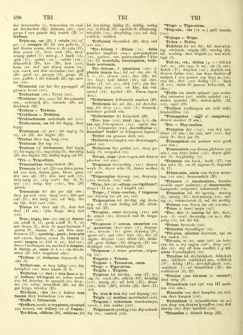 der dreiczenhe (4), treiczehen (3) czal. nd. drichteltal (22). dritenta {sic}; eyn grepe I eyn gauele drij tenich (23. x tridens). Tride-ns, -us (22), t -ntula (74) (c/. p7-c.; i. creagra 20) hd. eyn gabe-le, -1 mit dreieii zenen, drien z., dr. czia (17), driu cenen (5), dren czen (18); drey= zennik gabel (1); mist-g., t -hack (74), -gab (76), -gabal(i4i), -cabile (104); dri?endich (20); kre- (20), kra- (no), krau- (68) -wel, mit dryen zenen (68). eyn vorck mit drie czeenden (i32). griff (20). greif (49). greype (13). grepe ,22, 109). gaiFele I dre tennich (22). ags. met- tOC (l36). *Tridental vat dat dry pyiiappel of pynnon hevet (147). Tridentum (cia.) Trynt (125). *Tridenus (mss. uiog.) hd. dri-zehende Sim., -zeheniek (5), -czenste (18). nd. drichtech (22). *Trideus v. Tridens. *Tridifieus v. Trifidus. *Tridrachmum anderhalb ort (111). Tridu-anus, -us hd. dri dagig, drey tegig. Triduanus (c/. pre.) dri tagi-g (6, 75), -ch (23). dre daghe (22). *Triduo drey tag lang (110). Triduum dry tag (7.5). Triduus (c/. triduanus) drei tagig (l).dri-tagig(75),-tagechtig (5), -daechtig (23). dre dagich (22). driBig dagig {sic 18). *Tri- V. Trig-ellum. Triennalitas driijericheit (20). Triennis hd. nd. (23) von drien jaren. hd. von drin, dreien jarn, bis.sw. garn. dry iare alt (19). drie iaer aelt (11). drey-iarig (1), -erig (iio''). dry- (8, 9), try- (76) -ierig. dry- (132), dru- (20) -jarich. Triennium hd dri jar zijt sim.; drey jar-zeit (134), -lang (110); drie gar czit (17); dry iarig (68). nd. drij, dre iar tijt; drye iaer (132). Triens hd. drey tail (9), daB drit deyl (17 sim.) eyns dings, drey lott (110). Trie-, trige-, tre- (76) -ris {cf. durco) ein schiff (9, 17), groB schiff (8,9, 76) mit dreyn (9), dren (8) mast-bawmen t -pawm (9), -bamen (8), mit drin mas= beymen (17); quadrig-, pent-, hex-eris mit vyren, fiinfen, sexen (9). trieris {i. nauis magna 86) kiel (6, Gf.). kiol (Gf.). durco I kiolmigna (86. aus kiol + magna; It. dureo, pi. -ones cf. h. v.). ein droehe munt (23. mhd. tragmunt sim.). *Trifans (cf. trifarius) dryua-ch (9), -cht (8). Trifari-am, -e drey faltig (no), dry faltiglich (68). drier hande (8, 9). Trifarius (>c fari; i. triafans 66 &c. cf. trifans; trilinguis 68; Iribus modis no) hd. drierley, dr. spraach (68), drey-, tri- (76) -erlay, driueldich (20). nd. dri= ger leyge, trierley (23). Tri-faux, -fax (68) i. habens tres fauces drey kinbacken (no sim.). *TrifFa v. Crinaeula. *Triffera {medic, st. tryphera,Tpucp£pa 124) tressei, var. triBeny (64. cf tragea). Tri-fidus, -difieus (20), -sidicus (19) hd. dry-faltig, -faldig (8), -feldig, -ueltig (76), ueldyck (19), -spelich(9). dristrenig, trivaldic (issj. dreyfaltig (no), nd. drij- veldifh, -voldicb. Trifinium dryendich (20). drey end (110 sim.). *Tri-folium t -fillum (74), -folia gouches ampfere (.sum.), goiesamphera (131) . gaches-, var. gahes-ampffer I klee (74) . Cf. accedula, eueulopanis, trifo= lium aeetosum. Tri-folium, t -phonium (125) {i. planta leonis Das.) hd. nd. cle, cle- (8, 9, 7.>, 97), cleuer- (i32), dre- (23), tri- (77j -blat; kele bleter (16). hd. clee, clehc (17, 75a, 125), cleh (75^), ein dry= bk'tterig clee (no), nd. kle-, kla-ver. caruel (11). kyrbel (19). lowen tapen (Das.). *Triformare driformich machen (20). Triformis hd. nd. dri-, hd. drei-for= mig. hd. drey- (4), trei- (3) -formick; drierleye gestalt sim. *Triformiter dri formelich (20). *Tri-, tru- (i36), truf- (Hpt. 5,7) -fu= lus ags. felo-spraeci (94), -spric (Hpt. 1. c.); felusperici (ise). J.ms tribulus X friuolus? trufa? c/. felaspecol loquax? Trifur ein grosser dieb (88). *Trifurea tryzinglet, var. dreyzingget, gabel (64). Trifureus dry gablet (67). drey ge= belig (9). heugabel (7.5). Tri-ga, -juga eynn wagen mit dreyen pferden (110 sim.). Trigamus dreiweibig (no), dreyer weyb (9), dryer wibe (8), dreier weiber (75) man. *Trigeeuplus dryssig- (68), dreyssig- (110), dertich- (132) -valt. *Trig-, tri- (49j -ellum(aMstigillum?) slege-1 (13 &c.), -n I klipfel (49). Trige-, I trice - narius, i trigenus (68) dryssig iar alt (68, no). Trigenarius hd. dri-Big, -sig, dreis= si-g, -ck (3) czal. driBig zal (23). drich= tich tal (22). *Tri-geni, -ceni drcyssig (no), mit dr. zemal (68). dressicli vud dr. tzoga= der (132). *Tri-genus {t -cenus, -cenarius 110. cf. -genarius) (der) trise- (5), dreyssi- (66), treyssi- (7o) -giste. dryssi-g (5^'), -goste (67), -gst (133). trys- (69), tre- (3) -sigste. dreyssi- (i34), dritti- (23), driBe- (21) -gest. driBge- (18), drisgen- (17) -ste. dryBigst (133;. drichteghet (22). *Trigenus (i. trium generum) tripur= tig (Gf.). Trigeris v. Trieris. Trigesi- v. Tricesi-es, -mus. *Trigi- V. Tign-arius. Trigila v. Trigula. Triginta hd. dri-Big, -ssig (17, 75), -sig (5), -ssich (20),-yByck (19); dreyBig (110), trissig (6). nd. trid- (23), dress- (132) , dritt- (22b), driclit- (22), dart- (11) -ich. Tr. tres & tria dry vnd dryssig (75). Trigla {cf. mullus) meerbarbel (126). *Trigona i. tritorium mortiersteyn, vysel; i. tela webbe (i47). Trigonus dreyeckig (110). dry-eckach= tig (68), -cantich (132). *Trigr- v. Tign-arius. *Trig-ula, -ila (gi. m.) gall, treulle (122). *Trijuga v. Triga. Trilex v. Trilix. Trilibris hd. nd. dri-, hd. drei-wich= tig, -wichtich, -wagig (22), -wachig (23), hd. -v^echtig. drei wegick (4). trei wich; tigk (3). Tril-ix, -ex, drilex {q. v.) tril-ich (64b, 88), -die (Anz. 8, 98), -ch (6, 126). drilch (17). dreylich (64^^). drylich von dreyen faden (no), van drye draden oflf malgen t eyn panser van drye m. (i32). eyn dri-, drei- (no) -feldig (17), -fach (9, no), -facht (8) pancer. feder-rith, -it (Hen.). *Trilla ein muele spinnel {quo molen^ dini vertuntur no), muliii spindel (68). mulen spundel (20). molen-spille (11, 132), -spyl (19). *Trillare tryllsingen als trill trill; kindestillen (74). *Trimagister (-mgr cf. -megistus) dreyer meister (9 sim.). *Tri- V. Thy-mallus. Trimatus dry (no), von dry (es), drier (17 sim.) iar czit, zeit (no), dry ierig (8). drey jar (9). Trimegistus ein meister seer groB (no sim.). Trimembris von dreien glideren (no sim.). van drye leden (132). dryer glid= der (8). drygliddig (75). *Trimens ein biich, booh (17) von der sel-e (9), -en (8) tugent (9), dogende (8, 17). Trime-nsis, -stris von dryen mone= ten (no sim.). drimaendich (20). *Trimera {i. taratantara, haculus mobilis super molarem; cf. deuoraneia) kamprade, redpeutel, schutzstab (74). Trimodus hd. dri-messig, -massig (6), -missig (17j; drei-massig (134), -me= sig (4); treimeissick (3). nd. dri mettig. Trimus von dryen iar alt {110 sim.). *Trina {i. luna) mayn (147). *Tri-, dri- (1) -narius hd. dri-, drei-, trei- (3) -czal; dreyzalig (66 &c.). dry= zelig (75). nd. dri tal. *Trinat hyrundo (123). *Trinidus dryualtiger (74). *Tri-nies, -plieiter drystunt, vgl. zu dry malen (75). *Tri-nio, -o (93), -uio (64^) {in ludo) eyn try 0. try augen (64b). drej (64<'). drie (93). dry vff dem wurffel; i. q. tri= nitas dryualtigkeit (75). Trinitas hd. dri-faldekeit, -feldekeit sim., -faltikeit, -ualdicheit sim., -vellikeit (5b), -feldig (18); drei-faltigkeit (no), -ualtikait (1). nd. driualdiket (23), dre voldicheyt (11, 22). *Trinius {aus tri-mus X -ennis?) drey ierig (9). Trinoctium eyn cyt von III nach= ten (110 sim.). Trinodis von drei knopfen (68, 110). van drye knopen (132). Trinodium {i. infundibulum Gi. m.) eyn ding von dreyen knopffen (110). dry naatig (68). drye naedich (132). *Trinodus s. driuolt knop (13).