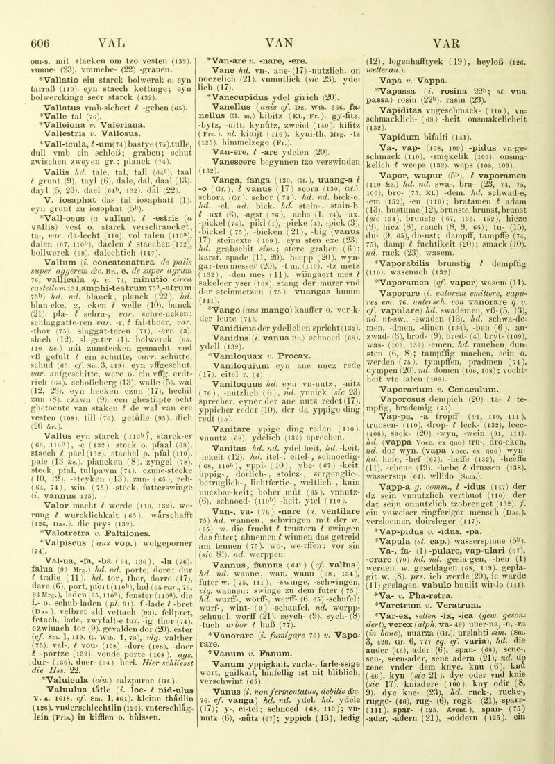 om-s. mit Staekcn om tzo vesten (132). vmme- (23), vmmebe- (22) -grauen. *'Vallatio eiu starck bolwerck o. eyn tarraB (110). eyn stacch kettiiige; eyn bolwerckinge seer starck (-132). Vallatus vmb-sichert I -geben (65). *Valle tal (76). *Valleiona v. Valeriana. Vallestris v. Vallosus. *Vall-ieula, I-um(74) bastye (to).tulle, dull vmb ein schlo/5; graben; schut zwischen zweyen gr.; planck (74). Vallis hd. tale, tal, tall (ei^), taal t grunt (9). tayl (6), dale, dal, daal (13). dayl (5, 23). dael (64^, 132). dal (22). v. iosaphat das tal iosaphatt (1). eyn grunt zu iosophat (5'^). *Vall-osus (a vallus), t -estris (a vallis) vest o. starck verschrancket; ta-, var. da-lecht (no), vol talen (110^), dalen (67, uot>), daelen t staechen (132), bollwerck (68). dalecbticli (i47). Vallum (i. eoneatenatura r1e pedis super aggereni &c. Br., e. de super agrum 76, vallieula q. v. 74, minutio circa ca.sfe^Z((m I34,amphi-teatrum 75''^,-atrum 75b) hd. nd. blanek, planck (22). hd. blan-cke, -g, -eken t welle (10). banck (21). pla- I schra-, var. schre-ncken; schlaggatte-ren var. -r, I fal-tboer, var. -thor (7.5). slaggat-teren (7i), -ern (3). slach (12). sl.-gater (1). bolwerck (65, 110 &c.) init zunstecken gemacht vnd vB gefult t ein schutte, varr. schiitte, schud (65. c/. Sm.3, 419). eyu v£Fgeschut, var. aufgescliitte, were o. ein vffg. erdt= ricli (64). sclioBeberg (13). walle (5)- wal (12, 23). eyn hecken czun (17), hechil zun (8). czawn (9). een ghestiipte ocht gbetoente van staken i de wal van ere vesten (108). till (76). getulle (95). dich (20 &c.). Vallus eyn starck (iio'J)', starck-er (68, nob), -e (132) stack o. pfaal (68), staech i pael(i32), stachel 0. pfal (no), pale (13 &c.). plancken (8). zyngel (78). steck, pfal, tullpawm (74). czune-stecke (10, 12), -steyken (13). zun- (65), reb-[ (64, 74), win- (75) -steck. futterswinge (i. vannus 125). • Valor macht I werde (no, 132). we= rung i wurcklichkait (65). warschafft (126, Das.), die prys (132). *Valotretra v. Faltilones. *Valpiseus ( aus vop.) wolgeporner (74) . Val-ua, -fa, -ba (94, i36), -la (76), falua (93 Mrg.) hd. nd. porte, dore; dur i tralie (11). hd. tor, thor, dorre (17), dare (6), port, pfort(nob), lad (65 mr., 76, 93 Mrg.), laden (65,110-1), fenster (no'), die f.- o. schiib-laden (pi. 91). f.-lade ^-bret (Das.), velbret aid vettach (93). fellpret, fetacb, lade, zwyfalt-e tur, -ig thor (74). czwiuach tor (9). gevalden dor (20). ester (c/. Sm. 1, 119. G. wtb. 1, 78), vlg. valther (75) . val-, t vou- (108) -dore (ios), -doer { -portze (132). voude porte (108). ags. dur- (i36), duer- (94) -heri. Hier schliesst die Hss. 22. *Valuicula (ciu.) salzpuruc (Gf.). Valuulus tatle {i. loe- t nid-ulus V. a. 1618. cf. Sm. 1,461). kleine thadlin (126). vnderschlechtlin (126), vnterschlag= lein (Fris.) in kiflBen o. hulssen. *Van-are v. -nare, -ere. Vane hd. vn-, ane- (17) -nutzlich. on noczelicli (21). vninutlick (sic 23). yde^ lich (17). *Vanecupidus ydel girich (20). Vanellus {aids cf. Dz. Wtb. 366. fa= nellus Gi. m.) kibitz (Ki., Fr.). gy-fitz, -bytz, -uitt, kynutz, zweiel (140). kifitz (fi-s.). nl. kiuijt (116). kyui-th, Mrg. -tz (125). liimmclzege (Fr.). Van-ere, t -are ydelen (20). Vanescere begynnen tzo verswinden (132). Vanga, fanga (130, Gf.), uuang-a t -o (Gf.), t vanus (17) scora (130, Gf.). schora (Gf.). schor (74). hd. nd. bick-e, hd. -el. nd. hick. hd. stein-, stain-b. t -axt (6), -agst (76), -achs (1, 74), -ax, -pickel (74), -pikl (1), -picke (4), -pick (3), -bickel (75), -bicken (21), -big (vanus 17). stcinexte (109). eyn sten exe (23). hd. grabschit sim.; sterc graben (6); karst. spade (11, 20). heepp (20). wyn^ gar-ten messer (20), -t m. (110), -tz metz (132), -den mes (11). wiiugaert mes t sakeleer yser (los). stang der murer vnd der steinmetzen (75). vuangas huuun (141). *Vango {aus mango) kaufFer 0. ver-k- der leute (74). Vanidieus der ydelichen spricht (132). Vanidus {i. vanus Er.) schnoed (68). ydell (132). *Vaniloquax v. Proeax. Vaniloquium eyn ane nucz rede (17). eitel r. (4). Vaniloquus hd. eyn vn-nutz, -nitz (76), -nutzlich (6), nd. ynnick {sic 23) sprecher. eyner der ane nutz redet (17). yppicher reder (10). der da yppige ding 1 redt (C5). Vanitare ypige ding reden (no), vnnutz (68), ydehch (i32) sprechen. Vanitas hd. nd. ydel-heit, hd. -keit, -ickeit (12). hd. itel-, eitel-, schnoedig- (68, no-''), yppi- (,10), ybe- (67) -keit. [ ^ippig-! dorlich-, stolcz-, zergenglic-, 1 betruglicli-, lichtl'ertic-, weltlicn-, kain nuczbar-keit; hoher mixt (65). vnnutz- (6), schnoed- (nob) -heit. ytel (no). Van-, va- (76) -nare {i. ventilare 75) hd. wannen, schwingen mit der w. (65). w. die frucht t trustern t swingen das futer; abncmen t winnen das getreid am tennen (75). wo-, we-rfFen; vor sin {sic 8!). nd. werppen. Vannus, fannus (64) (cf. vallus ) hd. nd. waiine, wan. wann (68, 134), futer-w. (75, 111), -swinge, -schwingen, vlg. wannen; swinge zu dem futer ( 75). hd. wurff-, worfF-, werfF- (G, 65)-schufel; wurf-, wint- (3) -schaufel. nd. worpp= schuuel. worfF (21). seych- (9), sych- (8) -tuch. arbor l huB (77). *Vanorare {i. fumigare 76) v. Vapo- rare. *Vanum v. Fanum. Vanum yppigkait, varla-, farle-ssige wort, gailkait, hinfellig ist nit bliblich, verschwint (65). Vanus (i. non fermentatus, dehilis &c. 76. cf. vanga) hd. nd. ydel. hd. ydele (17); y-, ei-tel; schnoed (68, no); vn- nutz (6), -nutz (67); yppich (13), ledig (12) , logenhafftyck (19), heyloB (126. wetterau.). Vapa V. Vappa. *Vapassa (i. rosina 22^; st. vua passa) rosin (22''). rasin (23). Vapiditas vngeschmack- (no), vn= schmacklicli- (68) -lieit. onsmakelicheit (132). Vapidum bifalti (I4i). Va-, vap- (108, 109] -pidus vn-ge= schmack (110), -sm§kelik (109). onsma= kelich t weeps (132). weps (108, 109). Vapor, wapur (5^), t vaporamen (no &c.) hd. nd. swa-, bra- (23, 74, 75, 100), bro- (75, Ki.) -dem. hd. schwad-e, -em (152), -en (no); bratamen t adam (13) , bustuine (12), brunste, brunst,bruust (sic 134), bronste (67, 133, 152), hicze (9), hicz (8), ranch (8, 9, 65); tu- (15), du- (9, 65), do-nst; dampff, tampffe (74, 75), damp t fuchtikeit (20); smack (10). 7id. rack (23), wasem. *Vaporabilis brunstig t dempffig (no), wasemich (132). *Vaporamen (^cf. vapor) wasem (11). Vaporare {i. calorem emittere, vapo- res em. 76. antersch. von vanorare q. v. cf. vapulare) hd. swademen, vl3-(5, 13), nd. ut-sw., -swaden (13). hd. schwa-de= men, -dmen, -dinen (i34), -ben (6). an= zwad- (3), brod- (9), bred- (4), bryt- (109), was- (109, 132) -emeu. hd. rauchen, dun= sten (6, 8); tampffig machen, sein 0. wcrden (75 ). tympffen, pradmen ( 74). dympen (20). nd. domeu (106,108); vochfc= heit vte laten (108). Vaporarium v. Cenaeulum. Vaporosus dempich (20). ta- t te- mpfig, brademig (75). Vap-pa, -a tropif- (91, no, in), truosen- (no), drop- I leek- (i32), leec- (108), sack- (20) -wyn, -wein (91, 111). hd. (yappa Voce, ex quo) tru-, dro-cken, nd. uor wyn. (vapa Voce, ex quo) wyn- hd. hefe, -hef (67), -heffe (i32), -heeffe (11), -eheue (19), -hebe i drussen (i38). wassersup (64). wllido (Sum.). Vapp-a g. comm., t -idus (147) der dz sein vniiutzlich verthuot (no), der dat seijn onnutzlich tzobrenget (132). /. ein vnweiser ringferiger mensch (Das.), versloemer, doirslcger (147). *Vap-pidus v. -idus, -pa. *Vapula {st. cap.) wasserspinne {5^). Va-, fa- (1)-pulare, vap-ulari (67), -orare (70) hd. nd. gesla-gen, -hen (1) werden. w. geschlagcn (68, 119^. gepla= git w. (8). prs. ich wcrde (20), ic warde (II) geslagen. vabulo buulit wirdo (i4i). *Va- V. Pha-retra. *Varetrum v. Veratrum. *Var-ex, selten -ix, -iea {gew. geson= dert), verex {alph. va- 46) uuer-na, -n, -ra {in boue), uuarza (Gf.). urslahti sim. (Sm. 3, 428. Gf. 6, 777 sq. cf. varia), hd. die auder (46), ader (6), span- (^8), sene-, sen-, seen-ader, sene adern (21), nd. de zene vnder dem knye. knu (6), knu (46), kyn {sic 21). dye oder vnd knie {sic 17). kniadere (100). kny odir (8, 9). dye kne- (23), hd. ruck-, rucke-, rugge- (46), rug- (6), rogk- (21), sparr- (III) , spar- (125, Avent.), Span- (75) -ader, -adern (21), -oddern (125). ein