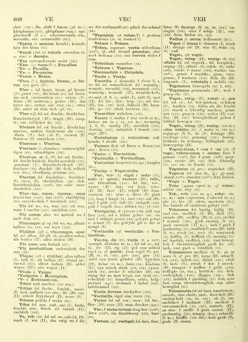 chei- (127) -11a. clnft t hacun (pi. Gt.). klotphaniia (i3i). glvtpfanne (Sum.), ags. gloedscofl (U. c.). scherraseuuala sim., serscufla, sax. scernscuble (Gf.). *Vatrix {i. menica) hirnfel; kranck= heit des hirns (7i). *Vatuli (dat. cf. vatiola vasculum Gi. ni. sim.) V. Ascepo. *Vau verwundcrcude woirt (147). *'Vau- (X vann- ?) v. Fau-ellus. ^Va- V. Fa-uilla. *Va- V. Fa-uonius. *Vaxea v. Baxea. *Vbea (? i. fimbria, bireus, st. bir^ rus) eyn gei-e (5'^). Vber s. hd. brust, brost, pi. broste (5b), prust {<ii'^), die brust (65). nd. borst. ein sack [animantinm 125). czicze (9). detze (10. wetterau.). geder (12). das eyter (Ki.). eytter, var. vter (64). vtter {2b). auter an dem vich {i^l. 75). Vber a'lj. hd. nd. frucht-, frocht-bar. fruochteberyck (19). dragit (20). comp. ri-, var. rei-licher &c. (,65). Vberare hd. nd. fnicht-, frocht-bar maclieu, maken. fruch-tsam sin (110^, -tbern (9), -ber {sic 8). vrewen (9). frauwen (8). ouervlocn (132). Vberosus v. Vbertus. Vbertare {i. ahundare) vermen-igfal- tigeu (68), -ichueldigen (132). Vbert-as, -a (1, 5^) hd. nd. frucht-, hd. frocht-barkeit. frucht-perckeit (no), -parchait (1). fruochteberkeyd (19). fruchper-(76), drachti- (20) -keit. volheit (110 sim.). vberflissig richtum (65). Vbertim hd. fruchtbar-, frochber- (8), nuez- (9), vberblyben- (68) -lich. fruchtberlichen (iioi*). tzo voUe ouer= vloedelich (132). Vber-tus, -tosus, -tuosus, -osus frucht-bar (110^), -ber (nob), vberblybig (68). ouervloedich I drechtich (132). Vbi hd. wo, wa, waa (68). nd. wor, waer I naedat (132). nachdem (110). Vbi autem aber wo anderB wo t nach dem (65). Vbicunque {cf. sq.)hd. wo, wa, allent= halben (fis, no), soe waer (132). Vbilibet {oft i. vbi-eunque, -que) hd. nd. alien, hd.aW- (6), anallen euden. aln lendeu (17). alien steden (20). Vbi nunc nun furbafi (65). *Vbi predicmtum vnderscheit der Stat (15). Vbique {oft i. vbilibet) alien talben (5), talb (6). alt halben (21). vberal (68). oueral (132). allent haluen (23). alder wegen (22''). aire wogen (11). *Vbula V. Vpupa. *Vcelgutta V. Montapium. *V- V. E-ehinastrum. Vdare naB machen (110 sim.). *Vditas hd. fueht-, feuchti-, nasse- (8) -keit. nalJheit (no sim.). fri- (20), var- (11) -scheit. fryysheyd (19). nesse (9). Vdones pedela I socka (Gf.). Vdus hd. naz, ual3, nas (5), fueht, feuchte sim., frisch. nd. varsch (11), vuchtich (132). Ve, veh (ss) hd. nd. we, och (11,19). wach {t) wie (11). das ewig we t die we der verdamniB (es). pfuch der schand (88). *Veaculum [st. vehae.?) i. pretium tradictionis (76. st. tradiict.'i). Vebare v. Vehare. *Vebex, superscr. veetis widerdram (131^), cf. ahd. dremil pessulus; aber nach Hofifmann (i55) aus vervex wider t ram. *Vebridum vnsawber (74). *Vebrum v. Veprum. *Uecieendula v. Cieindela. *Veclis V. Veetis. Veeordia {i. dementia I furor 3, 4, 76) hd. nd. wemodicheit. hd. wemutig-, wemuti-, weemiiti-(134), wermuyti- (i33), wemietig-, wemudi- (17), wemode-keit; we-mut (8, 9, 4),-mutt (1),-miit (3),-mot (12). hd. tor-, dor-, trag- (25), nd. der- (23), loz- (132) -heit. dulheid (20). kran- (10) , ge- (25) -cheit. hertzwe (64). Veeorditer welichen (no). Vecors (^. stultus I sine corde 66 &e., habens ve in c. 76, no &c.) we-mutig (1, 8, 9), -mudig (17), -moedich (132), -hertzig (110). onlustich i traech (132). sage (22b). Vectabulum {i. veMculum) roB= krucke i sleuffe (125). Vectare dick vil faren 0. fieren(iio sim.). fieren (76). *Vecta- V. Vee-torium. *Veetenilla v. Vertinellum. Vectiarius hespeler(i35,Acti'.).haspler (Ki.). *Veetig- V. Veget-abilis. Vec-, ver- (1) -tigal i. reda- (75), redi- (1) -gium; vectura (19); trib-, var. trie-utum (no), hd. fur-, vor-, worre- (21) -Ion; vor loyn. vore- (19, 23), fuer- (17), schyff- (19) -lone, vourscat (81). zyns o. furer (8). glait (7.5). lang t langk (74). tzol (132). ziil (20). coel t gelt (110). toll (11). vmbgelt (126). giilt t vngelt (Das.), tribu-t (68),-yt (132). Veetiga-lis, -1 (iiomr.)ein zoll von fuor (no), zol o. tribut geber (68). ciu tzol I tribuyt geuer (132). geleyte geber 0. nemer (9). der geleyde git o. der iz nympt (8). *Veetinella {cf. veetiuilla) v. Ver= tinellum. Vee-tis, -lis (97), vietis (v. a. 1477) {metaph. diabolus Br. &c.) hd. nd. re-, hd. ri-, rie- (13), rig (21) -gel. eyn schloB rigel (4. cf. postis). ysen regel (8). gri- (20, 81, 97, 132), gre- (no), gru- (11) -ndel. eyn ysern grindel (19). kyn-ben (19), -beine (66 &c.),-bain (134). kimbien (11) . eyn starck stock (no, 132). eyseii= stack (9i). stecke {I) schelder (20). ein stang dar an man tregt, var. treit (65). velschloB (75). haspelhom, schin, balg= stertzel (.\gr.). tremmel t hebel (135). hebdremmel {112). Veetis ferreus stackyBen (125). *Vectiuilla rigel eins tores (74). Vector hd. nd. vor-, vuer-, hd. fur-, fure- (19), vore- (13) -man. dreeker (Agr.). Vec-, t vecta-torium trag-bor (no*), -beer (nob), eiu drachborey (132). baer (68). Vectura {cf. veetigal) hd. fure, fore. futer (9). furunge (8, 49, 68, 110). vo= ringhe (132). vuer t schip- (11), vor- (132) -loen. furlon (68, no). Vedius (i. orcus) hellouuart (Gf.). Veges {i. tonna 1) thunnen (1). troch (11). dreyge {sic 19). win- (6), wein-(74, 76) -vaB. Veget-, oft vegit-. Veget-, veteg- (21), veetig- (6, i5i) -abilis hd. nd. erquick-, hd. herquick-, erquig- (21), erhuic- (8), erkik- (6), vode- (100), voede- I wasse- (132), wachse- (68, nob), grunt- I wachBe-, grun-, varr. gruon-, I wachsen- (110) -lich, -lie (23). wagende (9). vehetalis i. mobilis (76). Vegetamen kiuuegida (Gf. 1, 660). *Vegetanus grunnende (19). wed- t grueg-elic (11). Veget-, vetig- (21), vehet- (4) -are hd. nd. er-, hd. her-quicken. er-kiken (6), -kucken (76). leben als die frucht (75). starck 0. lebcndig machen; gruo^ uen (no), groyen (132). vodeu (13). voe= den (20, 132). bewegliehkait geben t leblich bewegen (65). Veget-, veteg- (21), veetig- (134 &c.) -atio, vehitio (76) {i. motio 76, 134 &c.) regun-ge (8, 9), -de (9). fodunge (20). voedinge (132). grunung (no).' beweg= lichkait; zu nemung; feiBtigkait (65). beweygung (21). Vegeta-tiuus, t -tus t -ns (75) {t vege-, vehita-tiuus v. anima) fuor- I gruont- (noil), fur- t grun- nob), groy- (132), voede- (20, 132) -lich. lebendig (75, no) als ilie frucht (75). Vegetatus {cf. pre.) erquicket (23). Vegetus hd. star-ck, -g; ge-sunt, -stand (110''), -standen (nob); fest, frolich. *Vegit- V. Veget-. Veha {genus earn Br. cf. vehes) schlitt (,68). sley (97). Veh-, veb- (147, Gi, m.), vehy- (gi. ra., Ki.) -are {caprarum, I edorum Gi. m.) pie- (4), blc- (3) -cken. meckern (Ki.). des hamels of castroeiis geluyt (i47). Vehemens hd. hastig, haBig (10), sncl sim.. snellich (17, 20), ilich (5b), swinde (20), crefftig (20, 65, no), creftic I scornic (100), gech czornig (9, 76), goch czornich (17 &c.), iach I gach { gachmutig (75), (snellich I) zorn (20), bald {iS, 76), resch (76), rech (6), vnsyunick (4), hatftig (1), hefftick (3), stormig(77). nd. hastich, crefftich (132). vast beweg= lich I vberschwinglich groB &c. (65). iach, vast gach o. veintlich (75). Vehementer snellich (8, 9). sn. in zorn (5. cf. pre. 20), torne (23). schnell- ich (no), -iglich (68), -iklich (134), -clich (B). iach- (75), swint- t dor- t sterck- {20i, trungen- t treffen- t groB- (126), hefftigk- (65, Das.), herttick- (65) -lich. creft-iglich (no), -iliggen (100), -lich (132). iaclilich t gachling (75). fest, sere fast, comp. vberschwenglieh, sup. aller beweglist (65). Vehementia hd.nd. hast, haesticheit; swindi-, star-ckeit; snel-, doer-heit (20). vnsinni-keit ( 66, 70, 134 ), -eh (5). vn= suchtiket t iachmot (23). snelkeit f vnversumelieh ( 67, 133). onsinde- (21), an sine- I snelle- I gocli czorni- (17), gachmutig- (75), tringig- (Das.), schnelli- (6 &c.), krelFti- (110 sm.)-keit. gech-(9), goch- (8) -czorn.