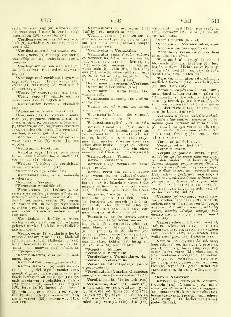 (no), der waar sagt (es) in worten. eyn die waer seyt I waer in worden (132). wacrliaft'tig (,20). vorsichtig (83). Verifieare hd. nd. war, hd. wor, vvor= liaft (9), warhaftig (8) machen, maken. wcren (22''). *Verifieatus sbstJ war sagcn (76). Veri-, vere-(68) -ficus (cf. veridieus) warhafftig (G8, no), wairachtich (i32) in werckeii. Veriloquivim hd. ein war, wair (5), hd. (s) nd. ware rede, red ((i, 7.5). ware= sag (74). *Veriloquus («. veridieus 1) eyn war- sage (5''), -sager (1, 18, 74), -seyger (17), -reder (74). war zegig (,23). wair segech (5i. wor sagig (6). *Verire (cf. verrere) scharren (74). Veri-, -vere (,17) -simile hd. der war-, wor- i,17) -heit glicli sim. Verisimiliter bewer- t gloub-lich (65). *Verissiraum dz aller warest (65). ■''Ve-, ver- (132, Br.) -ritare i. seele= rare (74), pugnare, eelare, attrahere (Voce, ex quo), p., celsrare, a. (Gemmae), p., atrahere, solari (i 6), frequenter verrere (Br.), ernstlii-ii schrabbeu off wroten (132). misthun, streiten, gutzielen (74). Veritas {rf. veraeitas) hd. nd. war-, waer- C132), wair- (5), ware- (19), hd. wor-heit. *Veritrum v. Feretrum. Veri-tus, -cus (17) {{. verecund-us Gl. m., -atus t timens Br., t. auctor 76) vor- (!l), fu- (17) -chtig. *Veriusa {i. salsa; cf. vernisium) salsse, veyruyss, sajjoir (i47). *Vermenaea ags. rsedic (94^). Vermeseere wur-, var. worm-messig werden (65). *Vermex v. Veruex. *Vermicula wormichin (9). Verm-, vern- (76) -ieulare {i. sca- turire t ad moduni vermium effiuere Br., vermiculo colore ruheo colorare &c. uo &c.) hd. nd. malen. verben (9). werbin (8). varuen (20). in maniger wyB malen 0. weben (110). ora eyn dinck tzo malen geschakeert als eyn worniclien kruypt {sic 132). Vermiculari milbstoJJig o. wurm= stichig werden (126). von den wiirmen geletzet werden t kleine werekstiickle machen (Das.). Verm-, verri'(17) -ieularis (^. herba muris t sedum minus 144) bladeloB (17). katzentreiibel, klaffenkraut (144). kleine hauswurtz (Ki.). truBwurtz (74). maur- (74), mauwer- (143) -pfeffjer. nl. muerpepper (143). *Vermieul-atura, -um hd. nd. mal- unge, -inge. Vermieulatum wurmgemelde (74). Vermi-, vernu- (loo) -eulatus ma- (110), me-nigerlei wyl5 bemaalet (68), gemalt I geferbt als wurmlin (110), ge= maelt beworpen off verscheyt (i32). ge^ malt als ein wurm; gehalbiert diuisus (75). ge-malet (9;, -maelet (11), -maylet (19), -ferbet (8, 9), -farbet (20), -ferwit (8), -wurmlet (126), -rodet (100), -stopp= filt (9). stopplecht (8). verschroten (126, Das.), verwet (23). misvar-wet (H), -bet (19). Vermiculosus wurm-, worm- (132) -haff'tig (no), -achtich (68, 132). Vermi-, vernu- (100) -eulum {i. formica; cf. -latura) a-, var. -e (no), om- (68j -meil3, -meis [iio var.). eempte (132). minie (100). *Vermieulus v. Vernaeulus. Vermieulus {dim. t color rubeus; cf. vernaeulus) hd. warm-, wurme- (66, 151), wurm- (67, 134) -lin, -lein (1, 66, 151); wurli (G), worchem (77). hd. nd. worm-ecliin (5), -ekin (23), -iclien (o^*), -gin (21), -elin (Sj, -elein (152). rote farbe (8, 9). rot ver-we (11), -big (66 &c.), -tig (151). roit verbi-ch (5), -g (152). *Verminaea {cf. vermen.) v.Verbena. ■•Verminalis berewinke (Sum.). Verminare den wurm lyden (no). Wurmen (1(|). Verminosus wurmesig (126). wiirm= echtig (Das.). Vermis hd. nd. worm. hd. wurm, wurme, wrmli (93j. V. infernalis funckel der vernunft t der wurm der da nagt (65). V. intestinus spil- t pyl-worm (85*^). Vern-a, t -aeulus (1, d**, 93), -aeula t -ula (93j hd. nd. knecht. gemyt kn. {b'^). vermiet kn. (1). kneckt (97). hd. mag-et, -it (20), -t (69, 76, 134); mayt, meyt (21). meytsen t serzant (108). eyn sclion dinst kuabe 0. mayt (8). schoue d. t knecht I d.-mayt (9). ein eigeu inonsche mit friien in bus erzogen (93). Vernaeiolum v. Vinum. Vern- v. Ver-aetum. Vernaeula {cf. verna) ein dienst magt (110 sim.). Verna-, verni- (76, Mss. mog. aiisser 8, 23), vermi- (67, 152) -cuius {cf. verna) hd. nd. ein knecht in domo nutritus. eyn born kn. (8, 9). inkneht i. seruus I do- migena (oi. Herrad.). ein knap (68), knaep (132). heimisch, eigen, schlecht (Das.). Vern-alis, t -us {q. cf. 75, no &c.) lence- (100), glentz- (no) -lich. lentelec (99). lentzisch (75). meysch (147). liecht (76). luostig, clar, gruonend (110). ge- .nuglieh o. klaar (68). lustich (132). ver= nale tempus zit des glencz (65). Vernare (i. orndre, florere, lucere, letari; seruire 76 X verna) hd. nd. lu-, leu- (9), li- (6) -chten; sclii-, scliei- (74) -nen. blue-, var. blu-gen. (iio).-blyen (68). bJo-yen (132), -en (20). blu-wen (65), -en (8, 9). pluen, zieren (74). meyen (147). gruo- (64), die- (8), dy- (9) -nen. wun= samlich. clarer lichten (65). lustig siu (20, 65), sein (74), machen (65). *Verneta v. Erieine. *Verniee v. Vernisium. Vernieular- v. Vermicular-e, -is. *Verni- v. Verna-eulus. Vernidies lustbar tage infra pascha et ijentecostis (9). *Vernilagium {i. aprina, chameleon niger, carduus n.) eber-1 saw-wurtz (73). Vernilis knecht- i lotter-isch (Das.). *Verni-sium, -tium (77), -sior &)., -X (125, Kii.), -ce (125), veriusa {q. v.) {cf. Gf. 3, 696) hd. firn-iz (5), -ie6 (76), -eB (77); vy-, fy-, vi-, fie- (6), fu- (68, 75, 110^), we- (21) -rniB, -rnyfi, -rniiB (75b), -rnieB (68). vern-ylJ (132), -isse (152). ,v'n-iB (18), -eyB (17), -isse (67), -us '(23). viern-eyz (2), -eiBs (1). vi- (3), ve- (Kii.) -rnis. *Vernu singrun (Sum. vi). *Vernucul- v. Vermicul-atus, -um. *Vernueulum {sic) spieB (91). Vernula (t/. verna) ein cleiner dien- er 0. -erin (110 sim.). Vern-us, I -alls {q. cf. 1) schin- t blow-ende (20) clar licht zijt (8). lust= bar t clar (9, 76), I lichte czeyt (9). may- zeitig (2), -zeit (Ij. meyczydieh (5^). luehti'r (23, 109). leinten (99). Vero hd. aber, aiber (6). nd. auer. warlich I fuorwar (no), waarbaftiglich (68). mer (no*', 132). Veron-a, -ea (5'') {ciu. in lom-, lum-, longo-bardia, lam-pardia 3, -pdya 76) hd. peren (1, 71), dewtseh p. (71), tewtsch pern (1),, tewsch p. (3); ber-en (5^, 10, 4), -n, -ne; vero-n (110, 114), -en ^ beerne (132). dieteri-chs (ii4), -eh (126, Das.) bern (in Lambarten 126). Veronica (^. fades christi in sudario Veronice illius mulieris impressa no &c., sicjnum quod portatur cle roma 76 sim. cf. Gl. m. h V.) eyn veroni-ck (5, 133), -g (23, 66 &c., 76) -zeichen (66 &c.). fro= nick-z. (134). feroni-g (G), -cen anczles (21. i. e. fades). Verositas wairheit (147). Verosus vol wairheit (i47). *Verox V. Ferox. Verpus {cf. pod-ex, -iscus, lupus) est digitus medius longissimus quo podi= cern den liindern mit bewegen judei flueiites sanguine propter verba dicta ab eis inpassione Christi: sanguis eius super nos et filios nostros (65). percussit enim Deus iudeos in posteriora, nam singulis annis in crucifixione domini emittunt san^ guinem per posteriora; et. v. pro iudeo Br.!!!), der, die (132) la- (68, 132), le- (88, no) -ngste finger, mittel-f. (74, 75) an der hant (75). iud (74). *Verrare {cf. ver-rere, -sare) scha= ben, stechen, abe thun (19). schauen, steken, afdoen (11). schauwen (20). verro aui atum I si sum i. auerto, subtraho, purqo, mundo ^ dissipo, nauigo; inde euerro extra p. t n.; et v. as i. rodo t sarco (76). Verrere scher-en (19, iio^), -ren (107, 110^, 132). schra-, sera-(107) -belen (110), -uelen (107,132). vegen (i09, 110). vaghen (107). wroeten (107, 132). wroten (i09). wulin {sicut porci 155). traheren (64). Verr-es, -is (40, 100) hd. nd. bare, beer (20, 132). hd. ber (4, 147), pere (74), per (1, 75), barg, hus-b. (93), borg (Ki.), eeber (iioiJ), varre (12), eber, zam e. (40). heimlicher I hodiger e., schwein-e. t-her (75). e. -swein (74). e.-(111), beer- (Fr.), burg- (114), gemest (64) -schwein. klet (18). wyder (74). geschnittener rbk (Ki^. Mrg. i. q. rig Sm.). wiir-gel I -fel (Fr.). *Ver- V. Ve-retrum. Verr- (Br. &c,), vert- (68, Br.) -iculum, t verris (155) {i. trag-a q. v., -um t nauis piscatoris 66 &c.) ase t zugigarn (Gf.). zunecze (20). kerebesemo sim. (i56). besem^groB netz (no sim.). visch scheep (147). scoup (117). becherunge (Sum.), reche (Gl. lun.).
