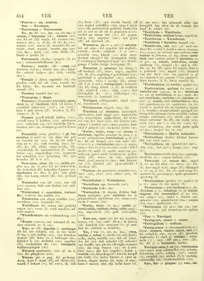 *Verr-is v. -es, -iculum. Ver- V. Ve-ritare. *'Verritosus v. Verrucosus. Ve-, fe-(8i', 127), be- (94, 136, Hpt. 5) -rruea, t barruma (11), veruea (S5^>, 104) hd. nd. (23) Avartz. hd. vvarca (loi), -warz-a (Gf.), -e, -il (9), -el (3), -ke (125). wairza (127). wercz (2). worczel (18). nd. vvarte, wart, waerte, wratte. ags. uae- (i3G, Hpt.), miea- (94) -rtae. blotir (9). blatir o. pocke (8). Verrucaria [herba) lyng-ele (9, 47, Sum.), sonneuvvirbelkraut (Ki.). Verrue-, verrit- (20^ -osus vol wartzen (110 &c.). wartz- (Das, Ki.), kiipf= fei'-, sclirof-, holper- (Ki.) -iclit, -ecbtig (Das.). *Versale {i. litera capitalis) hd. ein groBer, verl3, hd. nd. vers, versal (46) hd. buch-, bu-, bo-stab, nd. busthaff. versale (5^). Versans waiulel hat (65). *Versapuin v. Sapa. Versare {i. frequenter ver-rere, -gere, -tere Br. cf. veritare) dick vil kereii I ernstlich scher-reii (110^), -en (no^). kirn t vmb dreen (17). wcnden (1, 17). vuime-w. (8, 9). Versari gesell-schafft haben (110), -schaff liaen t hebben (132). mitwonen (110). verkeren (68_, 132). wandeln, lebeu, rumher, vayr. ru-, ri-mmer geen t welczen (65). Versatilis {sicut gladius; i. gl. bis aeeutus vt ensis 76) cin ding das gut zu wenden ist (110). dz da ist vmb I rum zu w. (65). vmb wendig (Das.), kc- (18), ki- (17) -rlich. vmme-kerlig (23), -wendiclich (9). vmwendelich (8). warb= licher (i4i). wanckelbar (i26). bequeem tzo scliudclen (132). bekerung (13). eyu besseler (19. b st. w?). Vers-atus, -etus (23j (x-atilis .f/fo= dius Gon. III. cf.prc.Mid. nd. beker-lich, -lie. bederlich (18). hekerlinc I gense (109. machaera Br. wtb. 2, 498 ). eyn ginB (23). eyn kamp swert (23. I09j. gewant Versicolor von vil (iio), van vijl (i32) varwcn. I'alb von farben (68). mis- faro (Gf.). *Versiculari («. concidere, vertere &e.) vcrkern das antlitz (75). Versiculus eyn cleyn verlJlin (110), veeriSken (132). versickel (5''). Versificare hd. etwas mit gedielit sagen (65); verse (5), verlJ macheii. nd. vers maken. *Versifieatura ein verBmacliung (no sdm ). *Versio (curnts) rad sehemel (9. am ders reit-sch. Fr. 2, 160). Ver-, V- (17) -sipellis {i. vertitoga 19) hd. ein schalck, sell, in der hewt (3 Mrg.); sch.-haftig (no), eyn heucken wender (19), listig(76), 1. betrieger sim., falscher b. (65), arclistic (lOo), argelist (17), verdaucher &c. (88). versipelli walluuarpingun (i4i). Versura anauuanta (i4i. cf. Gf. 1, 732). die pflugkeer (135). Versus ptc. s. prp. hd. ge-keret, -kert, -kort I -want (17), nd. -kiert (11). •wanth i bokert (77). hd. ver-s, -6, -sch (5); ferse (17). eyn veerB, haeck, off eyn reghel schrifftes (132). ryge I tzvle (125). ein maisterlich gedicht, stoBt sich nit et exit os als ob es gegossen si (65). stollel an einem liet (76). hd. gegen, ent-g. sim., engeyne (133), eyn geyn (21). nd. darwart (99). Versuti-a, -ca (v. a. 1477) (i. astutia) hd. nd. arge-, hd. arg-list. hd. arglisti-, swinde-, siiodi-, schuode- (v. a. 1477), schnodi- (134), kundi- (25) -keit. snoy= decheit (sneyd.? 23). betruglicli listig- l verborgen betruglicli-kait (65). betrie= gunge t boBe listige betrigung (9). Versutus (i. astutus) hd. listig, 1. off bosbeyt (17), bose-, arg-1., argelist (18, 21, i52j, argliistig t gescliwind (i34j, gschwind 0. gesehmitzt (88), swinde, scliwynde, swyu I snodig (21), slende (18. 1 St. w wiev. vertiginare), behende (10, 12), klug, kluck I.J, 21) in bol5heit (21). schal-ek (i32), -ckig (no); fest betruglich &c. (65); hoffertiger (6), houertich (5), liamiscli (75). Vertagus selbiagender luind (91). nl. duynhondt (116). *Vertamnum ringelo (Sum. Vi). Vertebra (cf. fertebra) kniescliyb, spickerbor, tiiur angel (no), knuscliybe (68). kiiyschyue, spijkerbaer, die henx= sel van der doer (132). der vvirten(i26), wurtel I wirbel (Ki=^.) eines gleichs. knu= chel I glayeh (74). ein kothe [Indus 125). *Verte-, verti-, vera- (74) -brum (i. alabrum, lapillus ijendens in fuso, i. q. vertit wofe«c«7JM?)i, vertibulum g. c/. no &c,) hd. nd haspel. eyii wan nabe (17). wirtel (3, 4). (vertebrum) ein e-, re-nspiu, spin, o. wu-,wi-vten(iio ran-.).rade wirtil t moUe- (8), mbll- (9) -spille. mulsrein (64). milysen {quod vertit molarem 76). pt'tfer= mole (19). werve (98, 109). approch vert, qaod pendet in fuso ; ver. knuwe= rat (74). knurad (93). liyrn-schedel I -becken (20). *Verteca ein geschwev {manibus no), suer (132), siere (107), zier-e (1O8), -de {sic 68). *Verteflubea v. Vratislauia. *VertelIum ags. hweorfa (94^). *Vertende hoke (98). *Vertendex (v. dignis, dabitur bal- buca malignis; quia vertitur lac in pinguedinem) mylchrom (68). raum (no), roem t smant (132). ^^Verte-, forti- (93 Mrg.) -nella {cf. verti-nella, -nellum,-bula, -ciila) ange-, Mrg. angel-loch (93). gall, vertenaille (122). Vert-ere, -tere (76) hd. nd. wenden, keren, ver- (68), vmb- (20 &c.) -k. kieren (11). handeln (65). storczen (77. cf. wett. heu &e. stiirzen = wenden). Ve-, i VO- (75, 125, Br.; Das.) -rtex, vertix (*. tuber 75, barba 136) nol (huol), nella, nuila>_ sceitila (Gf.). hd. nd. schei- j del, hd. -tel, -ttel. schedel (12). scheidel vpt hoefft; eyn ghelue off waghc wassers (132). ein wag wasser (74). vvi- t zwi-1 rbel (Das.), der kol {capitis); kolck i. \ vortex(i25).hirnekop(85''). knoch; knopff | am holtz (74). holcz knorre 0. eyns ig= | lichen dingis hoche (9), hohe (8 sim.). 1 knor t maser; alst, vlg. lioltz knor (75. cf. ast sim.). das prossech ader daz kneupfel daz oben ist de humulo der hopf (4). tolder (93). *Vertibola v. Vertibula. *Verti-bosa, -nellum hespe, angel(74). *Vertibrum v. Vertebrum. *Vertibula I fertebra haspel (76). *Vertib-ula, -ola (133) {i)l. sunt car= dines 21; c. ostij 3, hostii i, ianue Gemmae, Voce, ex quo ; sg. e.st instr. quo carbones ver= tuntur in fornace, cf. sq.; etiam uerti= bola sunt ossium partes I uertebra 76; cf. pre, sq., retum, vert-ebra, -icula) spulzeug (75). haspel (3). eyn h. (21). ha- (4), he- (23) -spen. hd. angel; thur-a. o. gehenck (no), angen (133). henxsel van der doer (132). ein quirrel (4. cf. .s^;.). kuuckel (76). cuozre ('? 100. enorre?). beyn knorre (8, 9). luten wendel (6). *Vertibulator (c/'. vertic.) spuler (75). Verti-bulum, -gulum (75 varr.) {i. vertebr-um (,emmae, -a Br.; alabrum 69, 134 — vertibrum 66 &c.; instr. &c. wie vertibula; cochlea 110^, eolchea sic no'j. cf. texale. i^a^. vertovelloDz.wtb. 309) spuolisen (64, 93). spuleysen (74, 75). reyde 0. werbel als an fenstern; leyrn- r.o.-wendel; armprostnuB; quergel(74). twirgel do mit man etwas zu tribt; schur= stange carbonum (75). stock (quo car= bones vertuntur 11, 19). ein vorck (132), vock (no) quo c. v. ein we- (no), wy- (132) -iidelsteyn. der woek jnder spiln (67 Mrs.), haspel (69, 74, 134). *Verticillaris v. Herba rutinalis. *Vertieillum {herba) kleiner hanen= fuB (143 nach Apul.). *Verticillu-s, -m. spinwir-tel (Ki^.), -tlin (i26), -bel (Ki'.). anspa (111). espe (Fr.). Verticosus wirblechtig(Das.).gumpig, strulicht (Fr.). cruyss hairich (147). Verticula [cf. retum &c.) angel (3, 75) an der thur (75). tur-a. (4). tor- (9), dore-angil (8, 9), -ange (17). durnagel (2. cf. Sm. 2, 685). hd. ein spul-zeug(75), -geczaw (3),-geczeug(4); spule-geczauwe, -geczewg (9). *Verticulator spuoler ( 76). spul-er (8, 4, 75), -man (3). tor spuler (9). Verticulum (?'. ver-tieillum Gi.m., Ki., -riculum q. v., -tibulum 75. cf. texale. tragum. itcd. verricello? cf. Dz. wtb. 369) ensp-e (9i), -indel o. wirten (88). spinwirt (126). spindelwirte (Das.), anspin (104, Sum.), spuleysen (75). *Verticulus [cf. pre.) ein wu-, var. wy-rteu (no), eyn weruel an der spillen (132). *Ver- V. Vec-tigal. *Vertig-are, -enare v. -inare. *Verti-gillum v. -nellum. *Vertig-inare [i. circumuertere Gl. m.), bissw. -inizare, -enare, -inari, -are (77) hd. swhidehi sim., vir-sw. (20). spindeln [\infirmitas 1; doch cf. vertigo). swim= meln (77). swy- (22^ sim.), swe- (23), sle- (18. cf. V. versutus) -inelen. Vertigin-osus, I -es (76), vertinosus (132) ainer dem schwindlet (76). schwin= del-achtig (iiob), -cchtig (no^). swind- (75), swindel- (74), wirbel- (8, 9) -suchtig. schwindlig (68). swymelachtich (132). Ver-, fer- [v. gurges) {cf. van-, im=