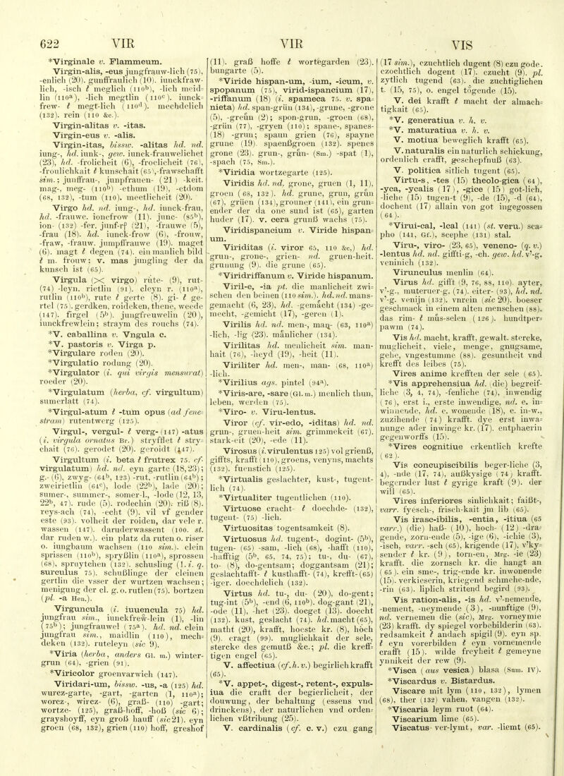 *'Virginale v. Plammeum. Virgin-alis, -eus juugfraiiw-lich (75), -enlicli (20). guuffraulicli (10). iunckfraw- lich, -isch I meglicli (not), -licli meicU lin (110^-), -lich megtlin (iioc). mnck= frew- t megt-lich (iio'i). mechdclicli (132). rein (no &c.). Virgin-alitas v. -itas. Virgin-eus v. -alis. Virgin-itas, bissiv. -alitas lid. nd. iung-, /irf. iunk-, (/ew. iunck-frauweJichet (23), hd. -frolicheit (6), -froelicheit (76), -fronlichkait I kunschait(65>,-fi-awscliafft s«r«.; junfifrau-, junpfrauen- (21) -keit. mag-, meg- (nob) -ethum (19), -etdom (68, 132), -tnm (no), meetlicheit (20). Virgo hd. nd. iung-, hd. iunck-frau, hd. -franwe. ioncfrow (11). jnnc- (85^), ion- (i32) -fer. junf-rf (21), -frauwe (5), -frail (18). hd. iiinck-frow (6), -fronw, -fraw, -fraiiw. jumpfFrauwe (19). maget (ti). magt t degen (74). ein manlich bild t m. fronw; v. mas jungling der da kunsch ist (65). Virgula (X virgo) riite- (9), rut- (74) -leyn. rietliu (9i). cleyn r. (iio-i), rutlin (iioi'), rule t gertc (8). gi- t ge- rtel (75). gerdken, roideken, tliene, weede (147). firgel (5b). juugfreuwelin (20), innckfrewlein; straym des roueh.s (74). *V. eaballina v. Vngula e. *V. pastoris v. Virga p. *'Virgulare rodeu (20). *'Vlrgiilatlo rodung (20), *Virgulator (^. qid virgis mensurat) roeder (20). *Virgulatum {herba, cf. virgultum) sumerlatt (74). ■*Virgul-atum I -turn opus (ad fene= strain) ruteiitwcrg (125). Virgul-, vergul- t verg-(i47) -atus {i. virgula ornatus Br.) stryffiet t stry= chait (76). gerodet (20). goroidt (1,47). Virgultvim (i. beta I frutrex 75. </• virgulatum) hd. nd. eyn garte (18,23); g.- (()), zwyg- (64b, 123) -rut, -rutlin (64b); zweirietlin (64^), lode (22b), lade (20); sumer-, summer-, somer-1., -lode (12, 13, 22i>, 47). rude (5). rodecliin (20). riB (8). reys-ach (74), -edit (9). vil vf gender este (93). volheit der roideii, dar vele r. wassen (147). daruderwassent (100. st. dar ruden w.). ein platz da ruten 0. riser 0. iungbaum waclisen (no sim.). elein sprissen (nob), spryBlin (110=1), sprossen (68), spruytclien (132). schusling (I.e. q. sureulus 75). scliuBlinge der cleinen gertliu die vsser der wurtzen wachsen; menigung der el. g. o.rutlen(75). bortzen {pi. -a Hen.). Virguncula (i. iuuencula 75) hd. jungfrau sim., iunckfrew-lein (1), -lin (75b); jungfrauwel (75^). hd. nd. clein jungtrau .sm., maidlin (110), mech= deken (132). ruteleyn [sic 9). *Viria [herba, unders gi. m.) winter- grun (64), -grien (91). *Viricolor groenvarwich (147). Viridari-um, bissw. -vis, -a (125) hd. wurcz-garte, -gart, -garten (1, no*); worez-, wirez- (6), grafi- (110) -gart; wortze- (125), graB-lioff, -boB {sic 6); grayshoyff, eyn grolJ haufF (.szc21). eyn groeu (68, 132), grien (110) holf, greshof (11). graJJ hofife t wortegarden (23). bungarte (5). *Viride hispan-um, -ium, -ieum, v. spopanum (75), virid-ispancium (17), -rifFanum (18) [i. spameca 75. v. spa= nieta) ltd. .span-griin (134),-grune, -grone (.5), -greuii (2); spon-grun, -groen (68), -griiii (77), -gryen (110); spane-, spanes- (18) -grun; spaun grien (76), spayne grune (19). spaenCgroen (132). spenes grone (23). grun-, grun- (Sm.) -spat (1), -sjoach (75, Sm.). *Viridia wortzegarte (125). Viridis hd. nd. grone, gruen (1, 11), groen ( 68, 132 ). hd. grune, grun, grun (67), griien (134),grouner (i4i^, ein grini= ender der da one sund ist (65), garten huder (17). v. eera grunl5 waclis (75). Viridispancium v. Viride hispan= um. Viriditas (/. viror 65, 110 &c,) hd. grun-, grone-, grien- nd. gruen-beit. gruimng (9). die grune (65). *'ViridriflFanum v. Viride hispanum. Viril-e, -ia pt. die manlicheit zwi= sclieu den beiiien (110 si??*.). hd. ud.vix&xis- gemacbt (6, 23), hd. -gemacbt (134) -ge= mecbt, -gemicbt (17), -geren (1). Virilis hd. nd. men-, mai^- (63, iio'^) -lich, -lig (23). manlicher (134). Virilitas hd. meuliebeit sim. man- liait (76), -heyd (19), -beit (11). Viriliter hd. men-, man- (68, 110^) -lich. *Virilius ags. pintel (94^). *Viris-are, -sare(Gi.m.) menlich tliun, leben, wenUai (75). *Viro- V. Viru-lentus. Viror [cf. vir-edo, -iditas) hd. nd. grun-, grueu-beit sim. grimmekeit (67). stark-eit (20), -ede (11). Virosus (2. virulentus 125) vol grienB, gift'ts, krafft (110), groens, venyns, machts (i32). fueiistich (12.5). *Virtualis geslacliter, kust-, tugent- lich (74). *Virtualiter tugentlicben (110). Virtuose cracht I doecbde- (132), tugeut- (75) -lich. Virtuositas togentsamkeit (8). Virtuosus hd. tugent-, dogint- (5b), tugen- (65) -sam, -lich (68), -hafft (no), -hafftig (5b, 65, 74, 75); tu-, du- (67), to- (8), do-gentsam; doggantsam (21); geslachtafft- t kusthafft-(74), krefFt-(65) -iger. doeehdelich (132). Virtus hd. tu-, du- (20), do-gent; tug-int (5b), -end (6, uob). dog-gant (21), -ode (11), -het (23). docget (13). doecht (132). kust, geslacht (74). /id. macht (65), matht (20), krafft, boeste kr. (8), b6ch (9). cragt (99). muglicbkait der sele, stercke des gemutB &c.; pi. die krefif= tigen engel ((!5). V. affeetiua {cf.h.v.) begirlieb krafft (65). *V. appet-, digest-, retent-, expuls- iua die craftt der begierlicheit, der douwung, der behaltung (essens vnd drinckciis), der naturlichen vnd orden= lichen vBtribung (25). V. cardinalis (cf. c. v.) czu gang . , VIS (17 Sim.), czucbtlich dugent (8)czugode. czocbtlich dogent (17). czucbt (9). pi. zytlich tugend (63). _ die zuchtiglichen t. (1,5, 75), o. engel togende (1.5). V. dei krafft t macht der almach= tigkait (Gfi). *V, generatiua v. h. v. *V. maturatiua v. h. v. V. motiua beweglicli krafft (65). V. naturalis einnaturlich schickung, ordenlich crafft, geschepfnuB (63). V. politica sitlicb tugent (65). Virtu-s, -tes (15) theolo-gica (64), -yea, -ycalis (17), -giee (15) got-lich, -licbe (15) tugen-t (9), -de (15), -d (64), docbent (17) allain von got ingegossen (64). *Virui-cal, -leal (141) (s^. veru.) sca= pho (141, Gf.), scepbe (i3i) .stal. Virvi-, viro- (23, 65), veneno- {q. v.) -lentus hd. nd. giffti-g, -cb. gew. hd. v'-g. veninioh (i32). Virunculus menlin (64). Virus hd. gifft (9, 76, 88, 110). ayter, v'-g., muteruer-g. (74). eiter- (93), hd. nd. v'-g. venijn (132). vnrein [sic 20). boeser geschmack in einem alten menscben (88). das rim- t mus-selen (126). hundtper= pawm (74). Vis hd. macht, krafft, gewalt. stercke, muglicheit, viele, mengc, gnugsame, gehe, vngestumme (88). gesuntheit vnd krefft des leibes (75). Vires anime kreffteii der sele (65). *Vis apprehensiua hd. (die) begreif- liche (3^ 4, 74), -fenlicbe (74), inwendig (76), erst i., erste inwendige, nd. e. in= winnende, hd. e. wonende (18), e. in-w., zuzihende (74) krafft. dye erst inwa= nunge ader inwinge kr. (17). entphaerin gegeiiworffs (15). *Vires oognitiue erkentlicb krefte (62). Vis coneupiscibilis beger-liche (3, 4), -nde (17, 74), auBkysige (74) krafft. begernder lust t gyrige kraft (9). der will (65). Vires inferiores sinlicbkait; faiBt-, varr. fyescb-, friseh-kait jm lib (65). Vis irase-ibilis, -entia, -itiua (65 varr.) (die) baB- (10), hocli- (r2)_-dra-- gende, zoru-eude (5), -ige (<3), -ichie (3), -isch, varr. -scb (65), krigende (17), v'ky= sender t kr. (9), torn-eu, Mrg. -ie (23) krafft. die zornsch kr. die hangt an ( 65 ). ein sme-, trig-ende kr. invvonende (15). verkieserin, kriegend schmcbe-nde, -rin (63). liplich stritend begird (93). Vis ration-alis, -is hd. v'-nemende, -nement, -neymende (3), -uunftige (9), nd. veriiemeu die {sic), Mrg. vorneymie (23) krafft. dy spiegel vorbebilderin (63). redsamkeit I andach spigil (9). eyn sp. t eyn vorerbilden t eyn vornemende craift (15). wilde freyheit i gemeyne ynnikeit der rew (9). *Visea (cms vesica) blasa (.Sum. iv). *Viseardus v. Bistardus. Viseare mit lym (110, 132), lymen (68), tlier (132) vaben, vangen (132). *Visearia leym ruot (64). Visearium lime (65). Viscatus ver-lymt, var. -liemt (65).
