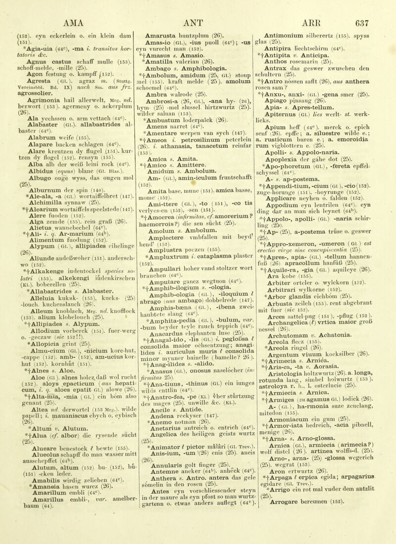 152). eyn eckerlein o. ein klein dam 151). *Agia-uia (64''), -ma i. transitas hor= tatons &c. Agnus eastus schaff muUe (i53). schoff-inelde, -mille (2.5). Agon festuug o, kampff j(i52). Agresta (Gi.). agraz m. (stuttg. Vereinslibl. Bd. IX) nacll Sra. aus frz. agrossolier. Agrimonia liail allei-welt, Mrg. nd. berwort (153). agermeiiy o. ackerplum (26). Ala yechssen o. arm vettach (64<>). Alabaster (Gi.). allabastrides al= bastei- (C4C). Alabrum weife (i55). Alapare backen schlagen (64*=). Ala-re kreutzen dy flugel (loi). kur= tzen dy flogel (152). rensyn (155). Alba alb der weiB leuii rock (64^). Albidus (equus) blanc (Gi. Bias.). Albugo ouge wyss, das ougen mol (25) . Alburnum der spin (i4o). *Ale-ala, -a (gi.) wortaiffelbret (i47). Alchimilla synnaw (25). *f Alearium wortai£felsspeelstede(i47). Alere fuodeii (i52). Alga zemde (155). rein graC (26). Alietus wannebechel (64''). *-|-Ali- i. q- Ar-marium (64'>). Alimentum fuodung (152). Alypum (Gi.), allipiades cibelinge (26) . Aliunde andeUwoher (i5i). anderscli= wo (152). *fAlkakenge iudentockel species so- latri (153). alkekengi iudenkirschen (Ki.). boberellon (25). *Allabastrides s. Alabaster. Alleluia kukak- (i55), kucks- (25) -iouch. knchenslauch (26). AUeum knoblach, Mrg. nd. knofflock (153). alium klobeloncli (25). . • *f Allipiades s. Alypum. Allodium vorberck (i5i). fuer-werg o. -geczaw (sic 152 !!). *Allopieia grint (25). Almu-eium (Gi.), -nieium kore-hut, -cappe (152). amb- (i52), am-ueius kor^ hut (152). kornhut (I5i). *f Alnes «. Aloe. Aloe (Gi). alnes holcz,da6 wol rucht (152). aloys epacticum [aus hepati= cum, i. q. aloes epatit Gi.) alowe (26). *f Alta-mia, -mia ( Gi.) ein bom also genaut (25). Altea nd. derwortel (i53 Mig.). wilde papell; i. mauaniscus ebycli 0. eybisch (26). *Altum V. Alutum. *tAlua (c/. albor) die rysende sucbt (25). Alueare benestock t bewte (i55)._ Alueolus scbapff do man wasser mitt ausschepfi'et (eibj. Alutum, altum (152) bu- (i52~), bu- (151) -cken leder. Amabilis wirdig zelieben (64«). *Aman6ia liasen wurcz (26). Amarillum embli (64''). Amarillus embli-, var. amelber- baum (64). Amarusta huntzj^lum (26). Amas-io (Gi.j, -ius puoll (64«); -us eyn vnrecht man (152). *f Amasus s. Amasio. *Amatilla valerian (26). Ambago s. Amphibologia. *f Ambolum, amidum (25, Gl.) stoup mel (155). kraft melde (25). amolum sclioeniel (64''). Ambra walrode (2,5). Ambrosi-a (26, Gl.), -ana by- (26), hym- (25) -mel slussel. hirtzwurtz (25). wilder saluau (153). *Ambtistum loderpalck (26). Amens narret (64). *Amentare werpen van sych (i47). *fAmeos i. petrosilinum peterlein (26). i. athanasia, tanacetum reiufar (153^. Arnica s. Amita. *fAmico s. Amittere. Amidum s. Ambolum. Am- (Gl.), amin-iculum fruntscbafift (152). Amita base, mune (i5i). amieabasse, mome' (i52). Ami-ttere (Gl.), -to (151), -co tis verlyes-en (,132), -sen (i5i). *f Amocrea (infirmitas, (/. amorerium ? haemorrois ?) die sen sucbt (25). Amolum s. Ambolum. Ampleetere vmbfallen mit beyd' bend' (152). Amplustra poczeu (155). *Ampluxtrum i. cataplasma plaster (152). Ampullai'i hober vnnd stoltzer wort braucbeu (64''). Amputare gancz wegtuon (64). *f Amphib-ilogium s. -ologia. Amphib-ologia (Gl.), -iloquium ^ abrago [aus ambago) dobbelrede (I4a). Amphis-bsena <Gi.), -ibena zwei= baubtete slang (64). *Amphita-pedia (Gl.), -bulum, vai: -bum beyder teyle ranch teppich (64«j. Anacardus elephanten luse (25). *fAnagal-ido, -lis (Gl.) i. pegloBsa t eonsolida maior ochsentzung; anagi^ lides i- auriculus muris i eonsolida minor inynner bainclle (bamelle? 26). ■*-|-Anag-ilides s. -alido. *Anasus (Gi.), onosus naselocher (in= firmitas 25). *tAna-tiuus, -thinus (Gl.) ein iunges wilds enttlin (64«). *f Anatro-fea, -pe (ki.) vber sturtzung des mages (25). nnwille &c. (Ki.). Aneile s. Antide. Andena reckyser (147). *Anemo notman (26). Anetarius antreich 0. entrich (64). Angelica des heiligen geists wurtz (25) . * Animator t pictor m^lari (gi. Trev.). Anis-ium, -um '(26) enis (25). aneis (26) . Annularis golt finger (2o).^ Antemne ancker (64*)). anheck (64). Anthera s. Antro. antera das gele s6meHn in den rosen (25). Antes eyn vorschliessender steyn in der maure als eyn pfost so man wurtz^ gartenn o. etwas anders auflegt (64). Antimonium silberertz (i55). spyss glas (25). Antipira liechtschimi (64). *f Antipita v. Anticipa. Anthos rosemarin (25). Antrax das geswer zwuschen den scliultern (25). *-f-Antro nossen safft (26), aus anthera rosen sam V *f Anxu-, anxi- (Gl.) -gena smer (25). Apiago pinsaug (26). Apia- s. Apres-tellum. Apiternus (Gi.) lies werlt- st. werk- licks. Apium heff (64). merck o. epich senf (26). epfFe; a. siluestre wilde e.; a. rustieum buren e.; a. emoroidia rum vigblottern e. (25). Apolli- s. Appolo-naria. Apoplexia der galie dot (25). *Apo-phoretum (Gl.), -fereta epfifel- schyssel (64). A- s. ap-postema. *f Appendi-tium, -cium (Gl), -eio(i52). zuge-borunge (i5i), -hoyrunge (162). Applicare neyhen o. faluen (i52). Appodium eyn lentrilen (64). eyn ding dar an man sicb leynet (64^). *fAppolo-, apolli- (Gl.) -naria schir= ling (25). *tAp- (25), a-postema truse o. geswer (25). ■f Appro-xemeron, -umeron (Gl ) est erectio virf/e sine concupiscentia (25). *tApres-, apia- (Gl.) -tellum hannen= ful5 (26) apracoUum hanfuB (25). *tAquile-ra, -gia (Gl.) aquileye (26). Ara kobe (155). Arbiter orteler o- wylckorn (i62). Arbitrari wylkorne (152). *Arbor glandis eichbom (25). Arbusta zeilch (155). rent abgebrant mit fuer (sic 152). Arces sattel-pug (i5i), -pflug (152). Archangelica (i) vrtica maior groli nessel (26). Archutomam v. Achatonia. Areola flecz (155). *Areola ringel (26). Argentum viuum kocksilber (26). *tArimecia s. Arnica. *f Aris-ca, -ta v. Aorasia. Aristologia lioltzwurtz (26). a. longa, rotunda lang, simbel holwurtz (153). astroloya r. h., 1. osterlucie (25). *-j-Armiecia s. Arnica. *-|-Armiges (»?< agamus Gi.) lodick (26). A- (Gl.), ha-rmonia suze zcuclang, mitedon (155). Armoniacum ein gum (25). *tArmor-iata hedreicb, -acia pibnell, menige (26). *tArna- s. Arno-glossa. Arnica (Gl.), armiecia (arimecia?) wolf distel (26). artinea wolffs-d. (25). Arno-, arna- (25) -glossa wegerich (25). wegrat (i53). Aron ertwurtz (26). *tArpaga i erpica egida; arpagarius egidare (Gi. Trev.). *Arrigo ein rot mal vnder dem antzlit (25). Arrogare bereumen (152).