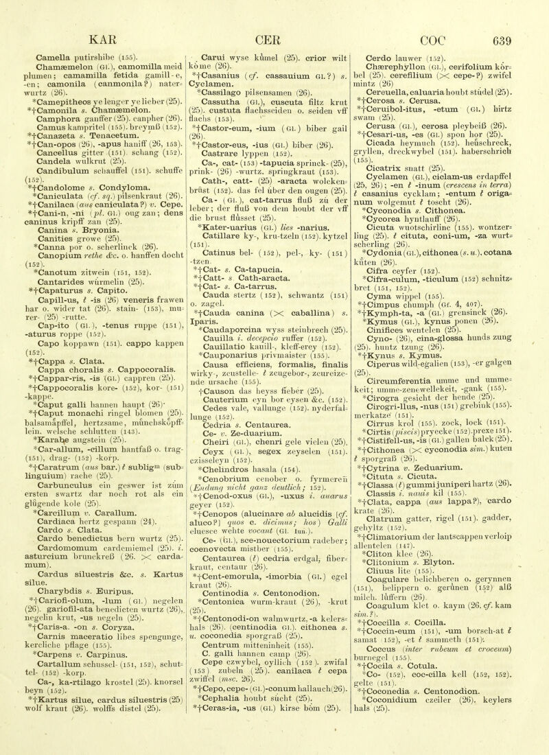 Camella putirshibe (i55). Chamaemelon (Gi-), camomilla meid plumeii; eamamilla fetida gamill-e, -en ; camonila (canmonila ?) nater^ wurtz ('2i]). *Camepitheos ye leiigcr ye lieber (25). *tCamonila s. ChamEemelon. Camphora gauffer (25). canpher (26). Camus kampritel (155). breymB (152). *fCanazeta s. Tenaeetum. *f Can-opos (215), -apus hanifF (26, 163). Cancellus gitter (i5i). schang (io2). Candela wulkrut (25). Candibulum scbaufFel (i5i). schufFe (152). *tCandolome s. Condyloma. *Canieulata (ef. sq.) pilsenkraut (26). *tCanilaea (a»fi eaniculata?) v. Cepe. *tCani-n, -ni (2jL Gl.) ougzan; dens caninus kripff zan (25). Canina Bryonia. Canities growe (2.5). *Canna por o. scherliuek (26). Canopium rethe &c. 0. hanffen docht (152). *Canotum zitwein (i5i, 152). Cantarides wiirmelin (25). *tCapaturus s. Capito. Capill-us, I -is (26) veneris frawen bar 0. -wider tat (26). stain- (153), mu== rer- (25) -rutte. Cap-ito (61.), -tenus ruppe (i5i), -aturus roppe (i52). Capo koppawn (i5i). eappo kappen (152). *f Cappa s. Clata. Cappa ehoralis s. Cappoeoralis. *f Cappar-ris, -is (Gl.) cappren (25). *-(-Cappocoralis Itore- (152), kor- (i5i) -kappe. *Caput galli banneii haupt (26)- *f Caput monachi ringel blomen (25). balsamapffel, hertzsame, muncbskopff= leiii. welsche schkittei) (i43). ^Karaite augsteiu (25). *Car-allum, -eillum hantfaB 0. trag- (151), drag- (152) -korp. *tCaratrum {mis bar.) t sublig (sub= Unguium) rache (25). Carbunculus ein geswer ist ziim ersten swartz dar noch rot als ein glugende kole (25). *Carcillum v. Carallum. Cardiaea hertz gespann (24). Cardo s. Clata. Cardo benedictus bern wurtz (25). Cardomomum cardemiemel (25). i. astureium brimckreB (26. X earda^ mum). Cardus siluestris &e. s. Kartus silue. Charybdis s. Euripus. *tCariofi-olum, -lum (Gl.) negelen (26). gariofil-ata benedicten wurtz (26),. negelin krut, -us uegebi (25). *fCaris-a. -on s. Coryza. Carnis maceratio libes spengunge, kercliclie pflage (155). *Carpens v. Carpinus. Cartallum schussel- (i5i, 152), schut= tel- (152) -korp. Ca-, ka-rtilago krostel (25). knorsel beyn (152). *tKartus silue, eardus siluestris (25) wolf kraut (26). wolffs distel (25). Carui wyse kumel (25). erior wilt kdme (26). *tCasanius {cf. cassauium Gl.?) s. Cyclamen. *Cassilago pilsensamen (26). Cassutha (Gi.), euscuta filtz krut (25) . eustuta flachsseiden 0. seiden vff naclis (153). *tCastor-eum, -ium (Gl.) biber gail (26) . *tCastor-eus, -ius (Gl.) biber (26). Castrare lyppen (152), Ca-, eat- (153) -tapueia sprinck- (25), prink- (26) -wurtz. springkraut (i53). Cath-, eatt- (25) -araeta wolcken= brnst (152). das fel iiber den ougen (25). Ca- (Gl.), eat-tarrus fluB zii der leber; der fluB von dem houbt der vff die brust flusset (25). *Kater-uarius (Gl.) lies -narius. Catillare ky-, kru-tzeln (152). kytzel (151). Catinus bel- (152), pel-, ky- (i5i) -tzen. *tCat- s. Ca-tapueia. *i-Catt- .s Cath-aracta. *iCat- s. Ca-tarrus. Cauda stertz (152), schwantz (i5i) o. zagel. *-j-Cauda canina (X caballina) s. Iparis. *Caudaporeina wyss steinbrech (25). Cauilla i. decepcio ruflfer (152). Cauillatio kauill-, kleff-erey (152). *Cauponarius jn-ivmaister (155). Causa efficiens, formalis, finalis wirky-, zeustelle- t zcugebor-, zcureize- nde ursache (155). fCauson das heyss fieber (25). Cauterium eyn bor eysen &c. (i52). Cedes vale, vallunge (152). nyderfal= lunge (152). Cedria s. Centaurea. Ce- V. Ze-duarium. Cheiri (Gl.), chenri gele vieleu (25). Ceyx (Gl.), segex zeyselen (i5i). czisseleyu (i52). *Chelindros hasala (i54). *Cenobrium cenober o. fyrmereli {JEndung nicht ganz deutlich; 152). *f Cenod-oxus (Gi.), -uxus i. auarus geyer (i52). *f Cenopos (alucinare ab alucidis [cf. alueoP] quos e. dicimus; hos) Galli eluesce wehte vacant (gi. lun.). Ce- (bi.), sce-nouectorium radeber; coenoveeta mistber (155). Centaurea {1) cedria erdgal, fibers kraut, centaur (26). *fCent-emorula, -imorbia (Gl.) egel kraut (26). Centinodia s. Centonodion. *Centoniea wurm-kraut (26), -krut (25). *tCentonodi-on walmwurtz, -a kelers= hals (26). (centinodia gl). citlionea s. u. coconedia sporgi-aB (25). Centrum mitteninheit (i55). C. galli hannen camp (26). Cepe czwybel, oyllich (152). zwifal (153) zubeln (25). eanilaea t cepa zwiffel (m.yc. 26). *f Cepo, cepe- (Gi.)-eonumhallauch(26). *Cephalia houbt sucht (25). *f Ceras-ia, -us (Gl.) kirse bom (25). Cerdo lauwer (152). Chserephyllon (Gl.), cerifolium kor= bel (25). cerefilium (>< cepe-?) zwifel mintz (26) Cereuella, caluaria ho ub t stiidel (25). *fCerosa s. Cerusa. *f Ceruibol-itus, -etum (Gl.) hirtz swam (25). Cerusa (Gl.), eerosa pleybeiB (26). *fCesari-us, -es (Gi.) spon hor (25). Cicada lieymuch (152). heusclireck, gryllen, dreckwybel (161). haberschrich (155). Cicatrix snatt (25). Cyclamen (Gi.), cielam-us erdapifel (25, 26); -en I -inum (crescens in terra) t easanius cycklam; -entum t origa= num wolgemut t toscht (26). *Cyconodia s. Cithonea. *Cyeorea hyntlauff (26). Cicuta wuotschirlinc (155). wontzer= ling (25). t cituta, coni-um, -za wurt= scherling (26). *Cydonia(Gl.), cithonea (s. u.), cotana kilten (26). Cifra ceyfer (152). *Cifra-culum, -ticulum (152) schnitz= bret (151, 152). Cyma wippel (155). *tCimpus chumph (Gf. 4, 407). *tKymph-ta, -a (Gl.) grensinck (26). *Kymus (Gl.), kynus ponen (26). Cinifices wentelen (25). Cyno- (26), eina-glossa bunds zung (25). huntz tzung (26). *fKynus s. Kymus. Ciperus wild-egalien (i53), -er galgen (25). Cireumferentia umme una umme= keit; umme-zenewellekeit, -gank (i55). *Cirogra gesicht der hende (25). Cirogri-llus, -nus (I5i) grebiuk (155). merkatze (i5i). Cirrus krol (i55). zock, lock (I5i). *Cirtis (29?:s«s)piTecke (i52).prexe i5i). *tCistifell-us, -is (Gl.) gallen balck(25). *f Cithonea (X cyconodia sim.) kuten t sporgraB (26). ^fCytrina v. Zeduarium. *Cituta s. Cicuta. *tClassa (;)gummijuniperibartz (26). Classis i. nauis kil (155). *tClata, cappa [aus lappa?), cardo krate (26). Clatrum gatter, rigel (i5i). gadder, gehyltz (152). *f Climatorium der lautscappen verloip allentelen (147). *Cliton klee (26). *Clitonium s. Elyton. Cliuus lite (i55). Coagulare belichbereu o. gerynnen (i5i), belippern o. gerunen (152) alB milch, luffern (26). Coagulum klet 0. kaym (26. cf. kam sim.f). *fCoceilla s. Cocilla. *fCoccin-eum (i5i), -um borsch-at I samat ii52), -et I sammeth (151)'. Coccus {inter raheum et croceum) buniegel (155). *fCoeila s. Cotula. *Co- (152), eoe-eilla kell (i52, 152). gelte (151). *f Coconedia s. Centonodion. *Coconidium czeiler (26). keylers hals (25).