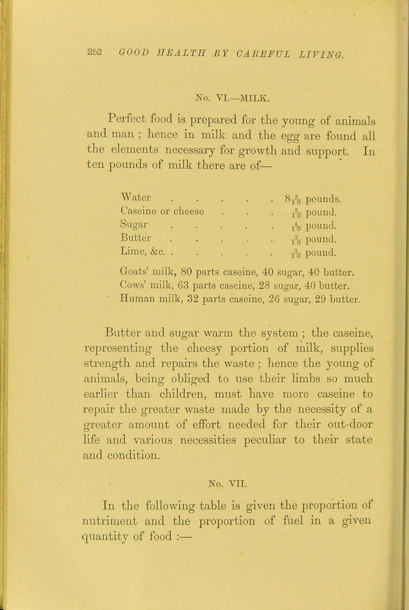 No. VI.—MILK. Perfect food is prepared for the young of animals and man ; hence in milk and the egg are found all the elements necessary for growth and support. In ten pounds of milk there are of— Water pounds. Caseine or cheese • • • pouud. Sugar pound. Butter . . ... pound. Lime, &c ^ pound. Goats' milk, 80 parts caseine, 40 sugar, 40 butter. Cows' milk, 63 parts caseine, 28 sugar, 40 butter. Human milk, 32 parts caseine, 26 sugar, 29 butter. Butter and sugar warm the system ; the caseine, representing the cheesy portion of milk, supplies strength and repairs the waste ; hence the young of animals, being obliged to use their limbs so much earlier than- children, must have more caseine to repair the greater waste made by the necessity of a greater amount of effort needed for their out-door life and various necessities peculiar to their state and condition. No. VII. In the following table is given the proportion of nutriment and the proportion of fuel in a given quantity of food :—