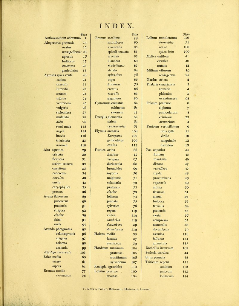 Plate Bromus secalinus Plate Plate Anthoxanthum odoratum 1 79 Lolium temulentum 101 Alopecurus pratensis 14 multijfiorus 80 bromoides 71 ovatus 15 nemoralis 85 tenue 100 monspeliensis 23 spiculi tenuata 81 spica lata 100 agrestis 16 ai-vensis 82 Melica uniflora 41 bulbosus 17 diandras 83 caerulea. 40 aristatus 23 madritensis 83 nutans 42 geniculatus 18 sterilis 84 Milium effiasum 19 Agrostis spica venti 20 sylvaticus 76 lendigerum 25 canina 21 asper 85 Nardus stricta 2 vinealis 21 pinnatus 75 Phalaris canariensis 3 littoralis 22 erectus 86 arenaria 4 setacea 24 muralis 83 phleodes 5 alpina 24 giganteus 89 arundinacea 98 ventricosa 25 Cynosums cristatus 64 Phleum pratense 6 vulgaris 26 echinatus 65 alpinum 7 stolonifera 27 cesruleits 43 paniculatum 8 mutabilis 28 Dactylis glomerata 62 crinitum 23 alba 28 stricta 63 arenarium 4 semi nuda 115 cynosuroides 63 Panicum verticillatum 9 nigra 115 Elymus arenaria 108 cms galli 11 brevis 116 Europeeus 107 viride 10 triaristata 23 geniculatus 109 sanguinale 12 minima 110 canina 112 dactylon 13 Aira aquatica 29 Festuca ovina 66 Poa aquatica 44 cristata 30 Jluitans 45 fluitans 45 flexuosa 31 vivipara 67 maritima 46 scabro-setacea 32 duriuscula 68 distans 47 caespitosa 33 bromoides 69 retrojlexa 47 canescens 34 myurus 70 rigida 48 cceriilea 40 uniglumis 71 procumbens 49 varia 43 calamaria 72 rupestris 49 caryophyllea 35 pratensis 73 alpina 50 prsecox 36 elatior 73 flexuosa 51 Avena flavescens 89 loliacea 74 annua 52 pubescens 90 pinnata 75 bulbosa 53 pratensis 91 sylvatica 76 trivialis 54 strigosa 92 repens 119 pratensis 55 elatior 39 rubra 119 caesia 56 fatua 93 cambrica 119 compressa 57 94 decumbens 59 nemoralis 58 Arundo phragmites 95 dumetorum 119 decumbens 59 calamagrostis 96 Holcus mollis 38 caerulea 118 epigejos 97 lanatus 37 loliacea 114 colorata 98 avenaceus 39 glomerata 117 arenaria 99 Hordeum murinum 104 Rotbollia incurvata 103 ^gilops incurvata 103 pratense 105 Sesleria caerulea 43 Briza media 60 maritimum 106 Stipa pennata 88 minor 61 sylvaticum 107 Triticum repens 111 aspera 61 Knappia agrostidea 110 caninum 112 Bromvis mollis 77 Loliuni perenne 100 junceum 113 racemosus 78 arvense 102 loliaceura 114 T. Bensley, Printer, Bolt-court, Fleet-street, London.