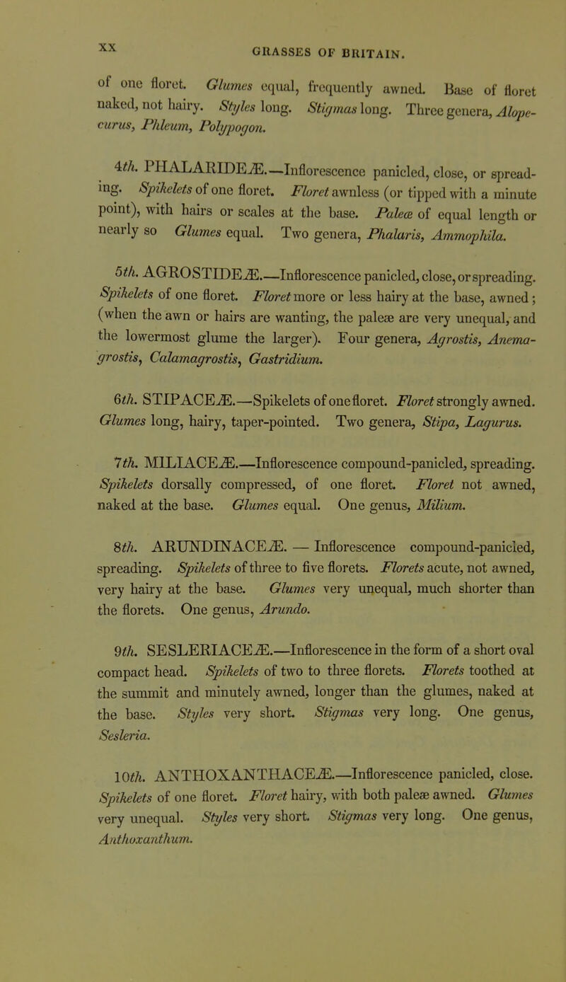 of one floret. Glumes equal, frequently awned. Base of floret naked, not hairy. Styles \ong. Stlr/mas long. Three geuGvsi, Alope- curus, Phleum, Polypogon. 4:th. PHALARIDEjE—Inflorescence panicled, close, or spread- ing. Spikelets of one floret. Floret awnless (or tipped with a minute point), with hairs or scales at the base. Paleos of equal length or nearly so Glumes equal. Two genera, Phalaris, Ammophila. 5th. AGROSTIDE^.—Inflorescence panicled, close, or spreading. Spikelets of one floret. Floret more or less hairy at the base, awned; (when the awn or hairs are wanting, the palese are very unequal, and the lowermost glume the larger). Four genera, Agrostis, Anema- grostis, Calamagrostis^ Gastridium. 6th. STIPACEiE.—Spikelets of onefloret. i^ore^ strongly awned. Glumes long, hairy, taper-pointed. Two genera, Siipa, Lagurus. 1th. MILIACE^.—^Inflorescence compound-panicled, spreading. Spikelets dorsally compressed, of one floret. Floret not awned, naked at the base. Glumes equal. One genus. Milium. 8th. ARUNDINACEJE. — Inflorescence compound-panicled, spreading. Spikelets of three to five florets. Florets acute, not awned, very hairy at the base. Glumes very unequal, much shorter than the florets. One genus, Arundo. 9th. SESLERIACEJE.—Inflorescence in the form of a short oval compact head. Spikelets of two to three florets. Florets toothed at the summit and minutely awned, longer than the glumes, naked at the base. Stgles very short Stigmas very long. One genus, Sesleria. lOth. ANTHOXANTHACEiE—Inflorescence panicled, close. Spikelets of one floret. Floret hairy, with both paleae awned. Glumes very unequal. Styles very short. Stigmas very long. One genus, Anthoxanthum.