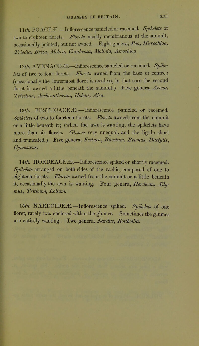11 th. POACE^.—Inflorescence panicled or racemed. Spikelets of two to eighteen florets. Florets mostly membranous at the summit, occasionally pointed, but not awned. Eight genera, Poa, Hierochloa, Triodia, Briza, Melica, Catahrosa, Molinia, Airochloa. 12th. A VENACEjE.—Inflorescence panicled or racemed. Spike- lets of two to four florets. Florets awned from the base or centre; (occasionally the lowermost floret is awnless, in that case the second floret is awned a little beneath the summit.) Five genera, Avena, Trisetum, Arrhenatherum, Holcus, Aira. ISth. FESTUCACEJE.—Inflorescence panicled or racemed. Spikelets of two to fourteen florets. Florets awned from the summit or a little beneath it; (when the awn is wanting, the spikelets have more than six florets. Glumes very unequal, and the ligule short and truncated.) Five genera, Festuca^ Bucetum, Bromus, Dactylis^ Cynosurus. \4:th. HORDEACE^.—Inflorescence spiked or shortly racemed. Spikelets arranged on both sides of the rachis, composed of one to eighteen florets. Florets awned from the summit or a little beneath it, occasionally the awn is wanting. Four genera, Hordeum, Ely- musy Triticum, Lolium. 15th. NARDOIDE^.—Inflorescence spiked. Spikelets of one floret, rarely two, enclosed within the glumes. Sometimes the glumes are entirely wanting. Two genera, Nardus^ RotthoUia.
