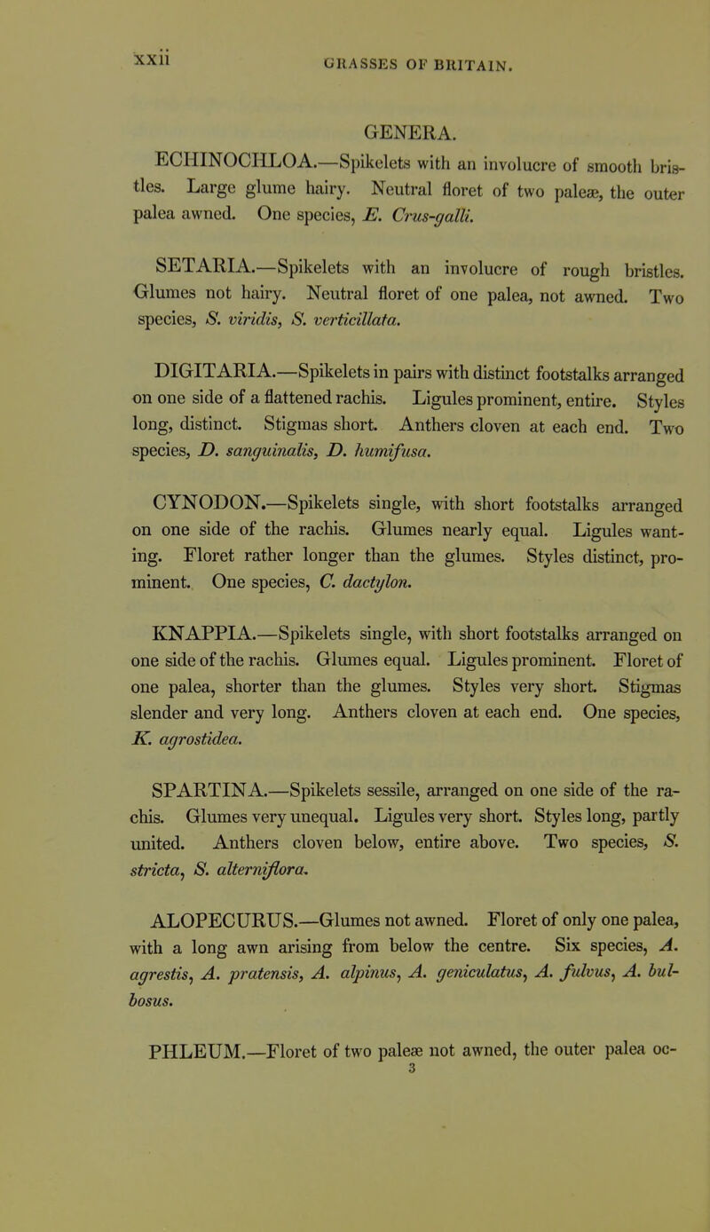GENERA. ECHINOCHLOA.—Spikelets with an involucre of smooth bris- tles. Large glume hairy. Neutral floret of two palese, the outer palea awned. One species, E. Crus-gallL SETARIA.—Spikelets with an involucre of rough bristles. Glumes not hairy. Neutral floret of one palea, not awned. Two species, S. viridis, S. verticillafa. DIGITARIA.—Spikelets in pairs with distinct footstalks arranged on one side of a flattened rachis. Ligules prominent, entire. Styles long, distinct. Stigmas short. Anthers cloven at each end. Two species, D. sanguinalis, D. humifusa, CYNODON.—Spikelets single, with short footstalks arranged on one side of the rachis. Glumes nearly equal. Ligules want- ing. Floret rather longer than the glumes. Styles distinct, pro- minent. One species, C. dactylon. KNAPPIA.—Spikelets single, with short footstalks arranged on one side of the rachis. Glumes equal. Ligules prominent. Floret of one palea, shorter than the glumes. Styles very short. Stigmas slender and very long. Anthers cloven at each end. One species, K. agrostidea. SPARTINA.—Spikelets sessile, arranged on one side of the ra- chis. Glumes very unequal. Ligules very short. Styles long, partly united. Anthers cloven below, entire above. Two species, S. stricta, S. alterniflora^ ALOPECURUS.—Glumes not awned. Floret of only one palea, with a long awn arising from below the centre. Six species, A. agrestis, A. pratensis, A. alpinus^ A. geniculatuSy A. fulvus, A. bul- bosus. PHLEUM.—Floret of two palese not awned, the outer palea oc- 3