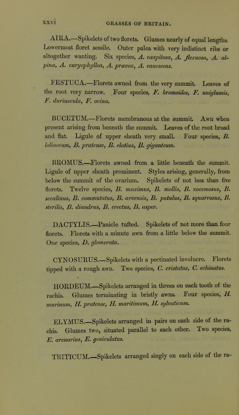 AIRA.—Spikelets of two florets. Glumes nearly of equal lengths. Lowermost floret sessile. Outer palea with very indistinct ribs or altogether wanting. Six species, A. caspitosa^ A. Jiexuosa, A. al- pina, A. caryophyllea, A. prcecox^ A. canescens. FESTUCA.—Florets awned from the very summit. Leaves of the root very narrow. Four species, F. bromoides, F. uniglumis, F. duriuscula^ F. ovina, BUCETUM.—Florets membranous at the summit Awn when present arising from beneath the summit. Leaves of the root broad and flat. Ligule of upper sheath very small. Four species, B. loliaceum, B. pratense^ B. elatius, B. giganteum. BROMUS.—Florets awned from a little beneath the summit. Ligule of upper sheath prominent. Styles arising, generally, from below the summit of the ovarium. Spikelets of not less than five florets. Twelve species, B. maximus, B. mollis, B. r.acemosus^ B. secalinus, B. commutatus, B. arvensis, B. patulus, B. squarrosus, B. sierilis, B. diandrus, B. erectus, B. asper. DACTYLIS.—Panicle tufted. Spikelets of not more than four florets. Florets with a minute awn from a little below the summit. One species, Z>. glomerata. CYNOSURUS.—Spikelets with a pectinated involucre. Florets tipped with a rough awn. Two species, C. cristatus, C. echinatus. • HORDEUM.—Spikelets arranged in threes on each tooth of the rachis. Glumes terminating in bristly awns. Four species, H. murinum, H. pratense, H. maritimum, H. sylvaticum. ELYMUS.—Spikelets arranged in pairs on each side of the ra- chis. Glumes two, situated parallel to each other. Two species, E. arenarius^ E. geniculatus. TRITICUM.—Spikelets arranged singly on each side of the ra-