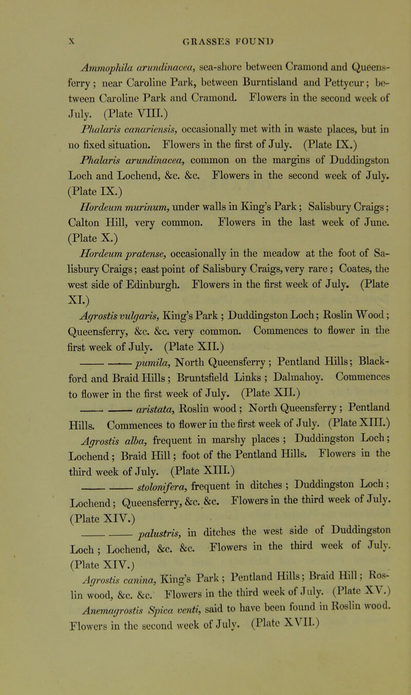 Amniophila urundinacea, sea-sliore between Cramond and Queens- ferry ; near Caroline Park, between Burntisland and Pettycur; be- tween Caroline Park and Cramond. Flowers in the second week of July. (Plate VIII.) Plialaris canariensis, occasionally met with in waste places, but in no fixed situation. Flowers in the first of July. (Plate IX.) Phalaris arundinacea, common on the margins of Duddingston Loch and Lochend, &c. &c. Flowers in the second week of July. (Plate IX.) Hordeum murinum, under walls in King's Park; Salisbury Craigs; Calton Hill, very common. Flowers in the last week of June. (Plate X.) Hordeum pratense, occasionally in the meadow at the foot of Sa- lisbury Craigs; east point of Salisbury Craigs, very rare; Coates, the west side of Edinburgh. Flowers in the first week of July. (Plate XL) Agrostis vulgaris. King's Park ; Duddingston Loch; Roslin Wood; Queensferry, &c. &c. very common. Commences to flower in the first week of July. (Plate XII.) pumila, North Queensferry ; Pentland Hills; Black- ford and Braid Hills; Bruntsfield Links ; Dalmahoy. Commences to flower in the first week of July. (Plate XII.) aristata, Roslin wood; North Queensferry; Pentland Hills. Commences to flower in the first week of July. (Plate XIH.) Agrostis alba, frequent in marshy places ; Duddingston Loch; Lochend; Braid Hill; foot of the Pentland Hills. Flowers in the third week of July. (Plate XIIL) stolonifera, frequent in ditches ; Duddingston Loch; Lochend; Queensferry, &c. &c. Flowers in the third week of July. (Plate XIV.) palustris, in ditches the west side of Duddingston Loch ; Lochend, &c. &c. Flowers in the third week of July. (Plate XIV.) Agrostis canina, King's Park; Pentland Hills; Braid Hill; Ros- lin wood, &c. &c. Flowers in the third week of July. (Plate XV.) Anemagrostis Spica venti, said to have been found in Roslin wood. Flowers in the second week of J uly. (Pl«tc X VH.)
