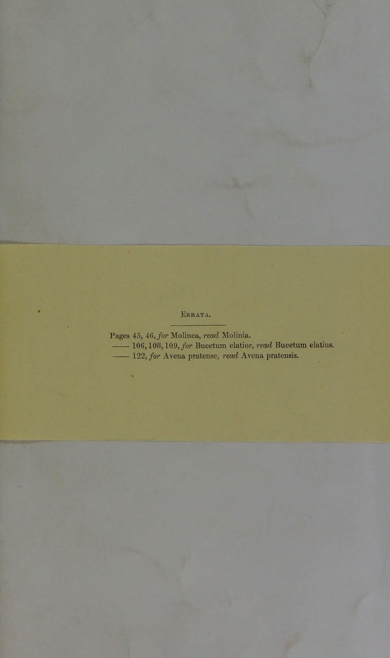 Errata. Pages 45, 46,/or Molinea, read Molinia. 106,108,109,/or Bucetiim elatior, read Bucetum elatius. 122,/or Avena pratense, read Avena pratensis.