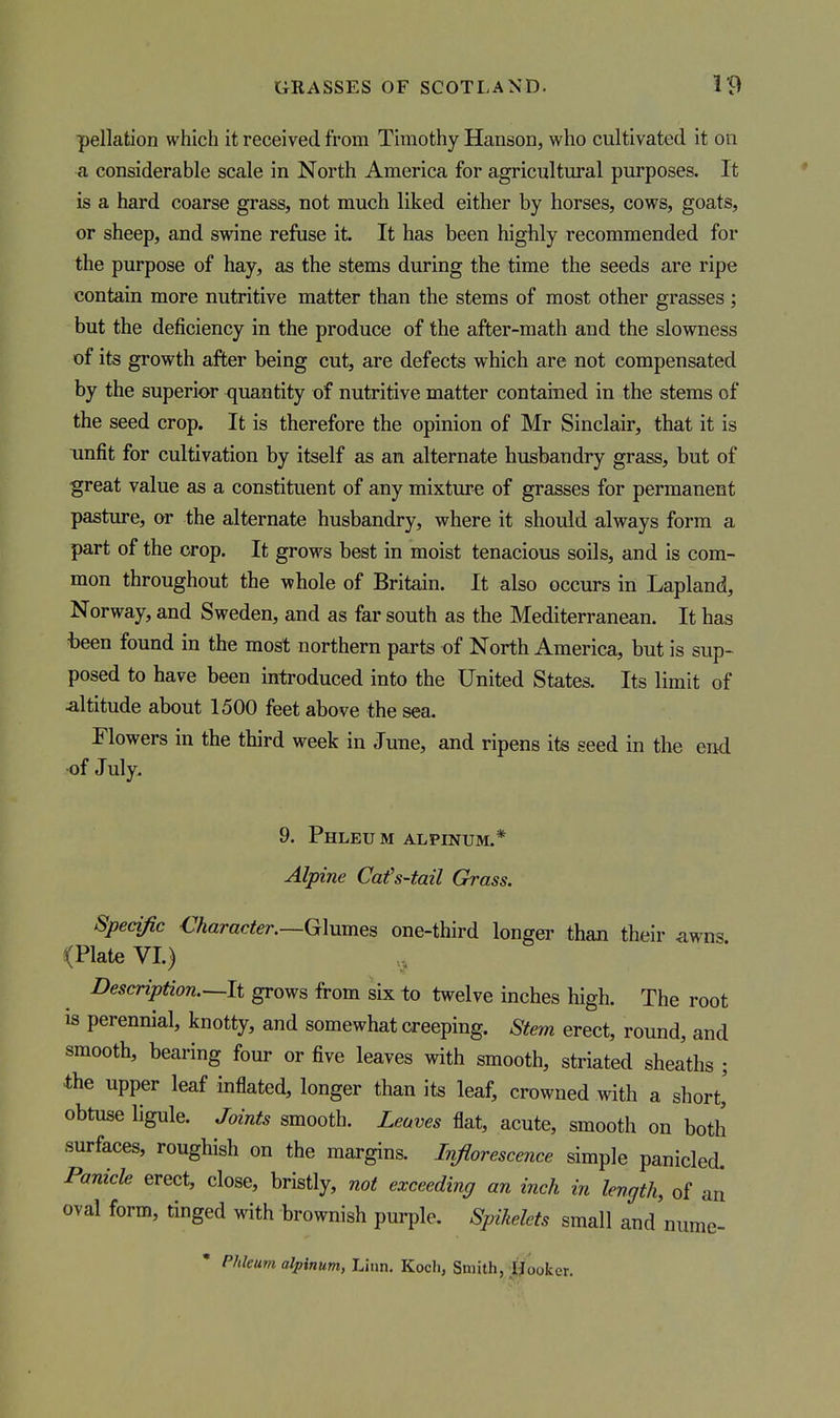 pellation which it received from Timothy Hanson, who cultivated it on a considerable scale in North America for agricultural purposes. It is a hard coarse grass, not much liked either by horses, cows, goats, or sheep, and swine refuse it. It has been highly recommended for the purpose of hay, as the stems during the time the seeds are ripe contain more nutritive matter than the stems of most other grasses ; but the deficiency in the produce of the after-math and the slowness of its growth after being cut, are defects which are not compensated by the superior quantity of nutritive matter contained in the stems of the seed crop. It is therefore the opinion of Mr Sinclair, that it is unfit for cultivation by itself as an alternate husbandry grass, but of great value as a constituent of any mixture of grasses for permanent pasture, ar the alternate husbandry, where it should always form a part of the crop. It grows best in moist tenacious soils, and is com- mon throughout the whole of Britain. It also occurs in Lapland, Norway, and Sweden, and as far south as the Mediterranean. It has been found in the most northern parts of North America, but is sup- posed to have been introduced into the United States. Its limit of altitude about 1500 feet above the sea. Flowers in the third week in June, and ripens its seed in the end •of July. 9. Phleu m alpinum.* Alpine Cafs-tail Grass. Speci/ic €haracter.—Glumes one-third longer than their awns (Plate VI.) DescripUon.~h grows from six to twelve inches high. The root IS perennial, knotty, and somewhat creeping. Stem erect, round, and smooth, bearing four or five leaves with smooth, striated sheaths ; the upper leaf inflated, longer than its leaf, crowned with a short,' obtuse ligule. Joints smooth. Leaves flat, acute, smooth on both surfaces, roughish on the margins. Inforescence simple panicled. Panicle erect, close, bristly, not exceeding an inch in length, of an oval form, tinged with brownish purple. Spikelets small and'nume-  Phleum alpinum, Linn. Koch, Smith, Hooker.