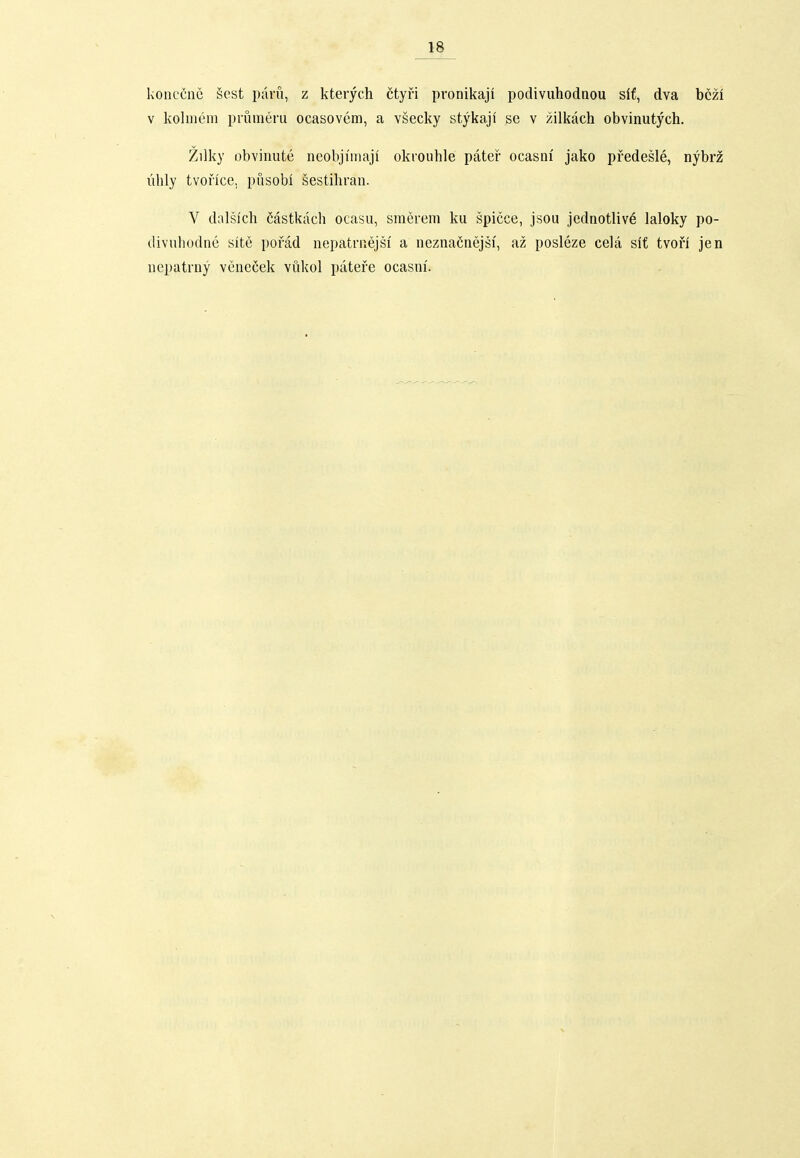 koncCne §est paru, z kterych Ctyfi pronikaji podivuhodnou slf, dva bczi V kohneni prumeru ocasovem, a vsecky stykaji se v zilkach obvinutych. Zilky obvinute neobjimaji okrouhle pater ocasni jako predesle, nybrz uhly tvofice, pusobi sestihran. V dalsich Castkach ocasu, smerem ku spicce, jsou jednotliv6 laloky po- divnhodne site pofad nepatruejsi a neznaCnejsi, az posleze cela sit tvofi jen nepatrny veneCek vukol patefe ocasni'.