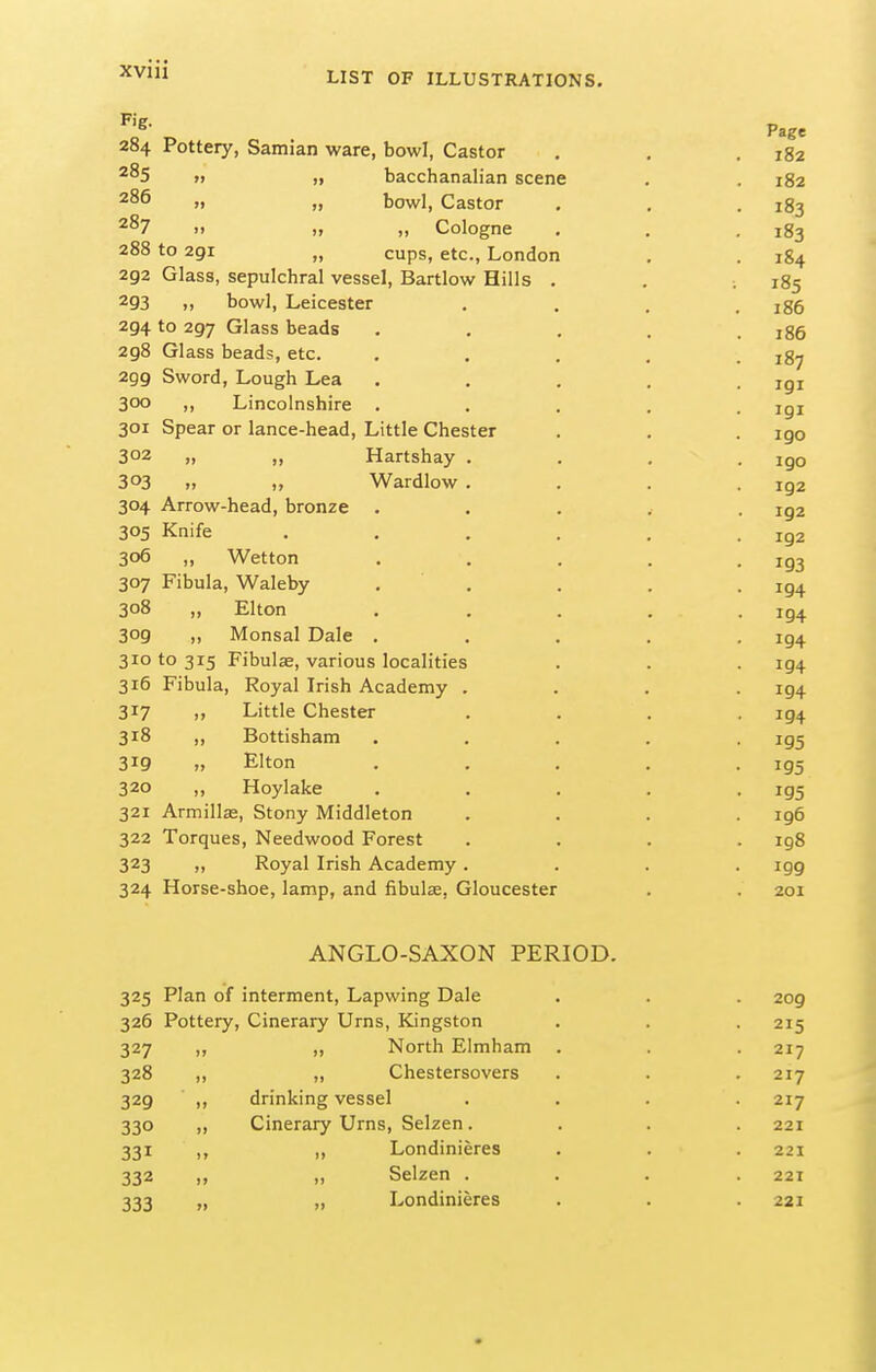 LIST OF ILLUSTRATIONS. 284 Pottery, Samian ware, bowl, Castor . . .182 ^^5 » „ bacchanalian scene . . 182  >} bowl, Castor . . -183 ^^7 >f „ „ Cologne . . .183 288 to 291 „ cups, etc., London , . 184 292 Glass, sepulchral vessel, Bartlow Hills . . . 185 293 ), bowl, Leicester .... 186 294 to 297 Glass beads . . . . .186 298 Glass beads, etc. . . . . .187 299 Sword, Lough Lea . , . , . igi 300 ,, Lincolnshire ..... igi 301 Spear or lance-head, Little Chester . . . igo 302 „ „ Hartshay . . . . igo 303 .) „ Wardlow . . . .192 304 Arrow-head, bronze ..... iga 305 Knife . . . . . . ig2 306 ,, Wetton . . . . -193 307 Fibula, Waleby . . . . -194 308 „ Elton . . . . -194 309 ,, Monsal Dale ..... 194 310 to 315 Fibulae, various localities . . . 194 316 Fibula, Royal Irish Academy .... 194 317 „ Little Chester .... 194 318 „ Bottisham ..... 195 319 „ Elton . . . . -195 320 ,, Hoylake ..... 195 321 Armillas, Stony Middleton . . . .196 322 Torques, Needwood Forest .... ig8 323 „ Royal Irish Academy .... igg 324 Horse-shoe, lamp, and fibulae, Gloucester . . 201 ANGLO-SAXON PERIOD. 325 Plan of interment. Lapwing Dale . . . 209 326 Pottery, Cinerary Urns, Kingston . . . 215 327 ,, „ North Elmham . . . 217 328 ,, ,, Chestersovers . . .217 329 ,, drinking vessel .... 217 330 „ Cinerary Urns, Selzen. . . . 221 331 ,, „ Londinieres . . . 221 332 „ „ Selzen . . . .221 333 „ „ Londinieres . . .221