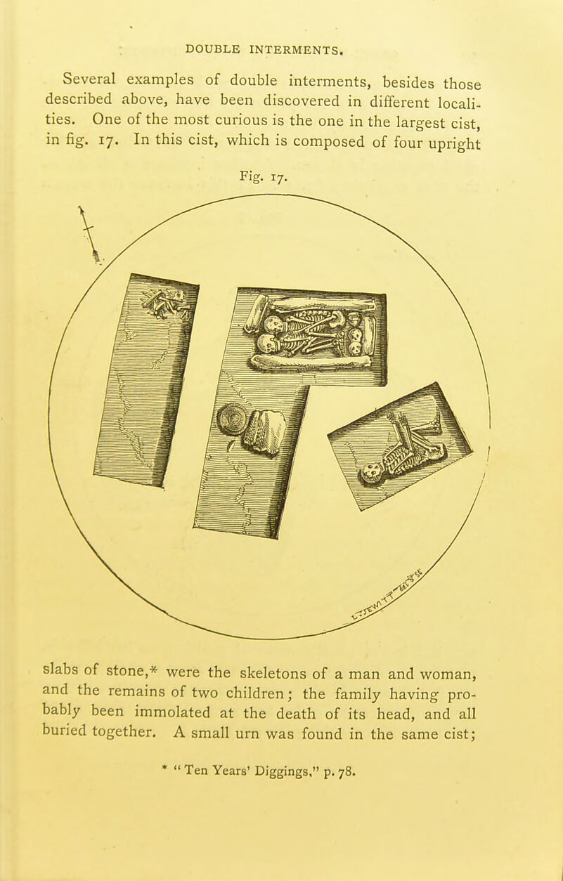 Several examples of double interments, besides those described above, have been discovered in different locali- ties. One of the most curious is the one in the largest cist, in fig. 17. In this cist, vi^hich is composed of four upright Fig. 17. slabs of stone,* were the skeletons of a man and woman, and the remains of two children; the family having pro- bably been immolated at the death of its head, and all buried together. A small urn was found in the same cist; •  Ten Years' Diggings. p. 78.