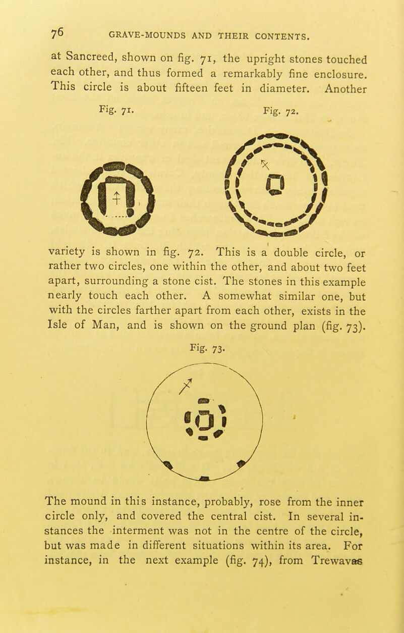 at Sancreed, shown on fig. 71, the upright stones touched each other, and thus formed a remarkably fine enclosure. This circle is about fifteen feet in diameter. Another Fig- 71- Fig. 72. variety is shown in fig. 72. This is a double circle, or rather two circles, one within the other, and about two feet apart, surrounding a stone cist. The stones in this example nearly touch each other. A somewhat similar one, but with the circles farther apart from each other, exists in the Isle of Man, and is shown on the ground plan (fig. 73). Fig. 73. The mound in this instance, probably, rose from the inner circle only, and covered the central cist. In several in- stances the interment was not in the centre of the circle, but was made in different situations within its area. For instance, in the next example (fig. 74), from Trewavas