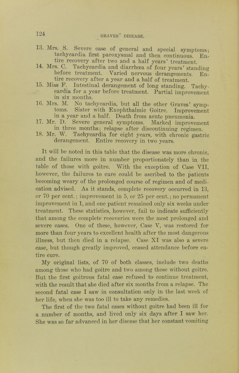 13. Mrs. S. Severe case of general and special symptoms; tachycardia first paroxysmal and then continuous. En- tire recovery after two and a half years’ treatment. 14. Mrs. C. Tachycardia and diarrhoea of four years’ standing before treatment. Varied nervous derangements. En° tire recovei-y after a year and a half of treatment. 15. Miss F. Intestinal derangement of long standing. Tachy- cardia for a year before treatment. Partial improvement in six months. 16. Mrs. M. No tachycardia, but all the other Graves’ symp- toms. Sister with Exophthalmic Goitre. Improvement in a year and a half. Death from acute pneumonia. 17. Mr. D. Severe general symptoms. Marked improvement in three months; relapse after discontinuing regimen. 18. Mr. W. Tachycardia for eight years, with chronic gastric derangement. Entire recovery in two years. It will be noted in this table that the disease was more chronic, and the failures more in number proportionately than in the table of those with goitre. With the exception of Case VII, however, the failures to cure could be ascribed to the patients becoming weary of the prolonged course of regimen and of medi- cation advised. As it stands, complete recovery occurred in 13, or 70 per cent.; improvement in 5, or 25 per cent.; no permanent improvement in 1, and one patient remained only six weeks under treatment. These statistics, however, fail to indicate sufficiently that among the complete recoveries were the most prolonged and severe cases. One of these, however. Case V, was restored for more than four years to excellent health after the most dangerous illness, but then died in a relapse. Case XI was also a severe case, but though greatly improved, ceased attendance before en- tire cure. My original lists, of 70 of both classes, include two deaths among those who had goitre and two among those without goitre. But the first goitrous fatal ease refused to continue treatment, with the result that she died after six months from a relapse. The second fatal ease I saw in consultation only in the last week of her life, when she was too ill to take any remedies. The first of the two fatal eases without goitre had been ill for a number of months, and lived only six days after I saw her. She was so far advanced in her disease that her constant vomiting