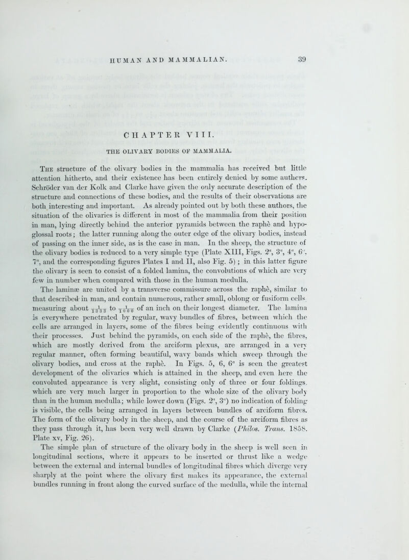 CHAPTER VIII. THE OLIVARY BODIES OF MAMMALIA. The structure of the olivary bodies in the mammalia has received but little attention hitherto, and their existence has been entirely denied by some authors. Schroder van der Kolk and Clarke have given the only accurate description of the structure and connections of these bodies, and the results of their observations are both interesting and important. As already pointed out by both these authors, the situation of the olivaries is different in most of the mammalia from their position in man, lying directly behind the anterior pyramids between the raphe and hypo- glossal roots; the latter running along the outer edge of the olivary bodies, instead of passing on the inner side, as is the case in man. In the sheep, the structure of the olivary bodies is reduced to a very simple type (Plate XIII, Figs. 2a, 3a, 4, 6, 7“, and the corresponding figures Plates I and II, also Fig. 5); in this latter figure the olivary is seen to consist of a folded lamina, the convolutions of which are very few in number when compared with those in the human medulla. The laminae are united by a transverse commissure across the raphe, similar to that described'in man, and contain numerous, rather small, oblong or fusiform cells measuring about yJg¥ to joVo' °f an inch on their longest diameter. The lamina is everywhere penetrated by regular, wavy bundles of fibres, between which the cells are arranged in layers, some of the fibres being evidently continuous with their processes. Just behind the pyramids, on each side of the raphe, the fibres, which are mostly derived from the arciform plexus, are arranged in a very- regular manner, often forming beautiful, wavy hands which sweep through the olivary bodies, and cross at the raphe. In Figs. 5, 6, 6a is seen the greatest development of the olivaries which is attained in the sheep, and even here the convoluted appearance is very slight, consisting only of three or four foldings, which are very much larger in proportion to the whole size of the olivary body than in the human medulla; while lower down (Figs. 2a, 3a) no indication of folding is visible, the cells being arranged in layers between bundles of arciform fibres. The form of the olivary body in the sheep, and the course of the arciform fibres as they pass through it, has been very well drawn by Clarke (Philos. Trans. 1858. Plate xv, Fig. 26). The simple plan of structure of the olivary body in the sheep is well seen in longitudinal sections, where it appears to be inserted or thrust like a wedge between the external and internal bundles of longitudinal fibres which diverge very sharply at the point where the olivary first makes its appearance, the external bundles running in front along the curved surface of the medulla, while the internal