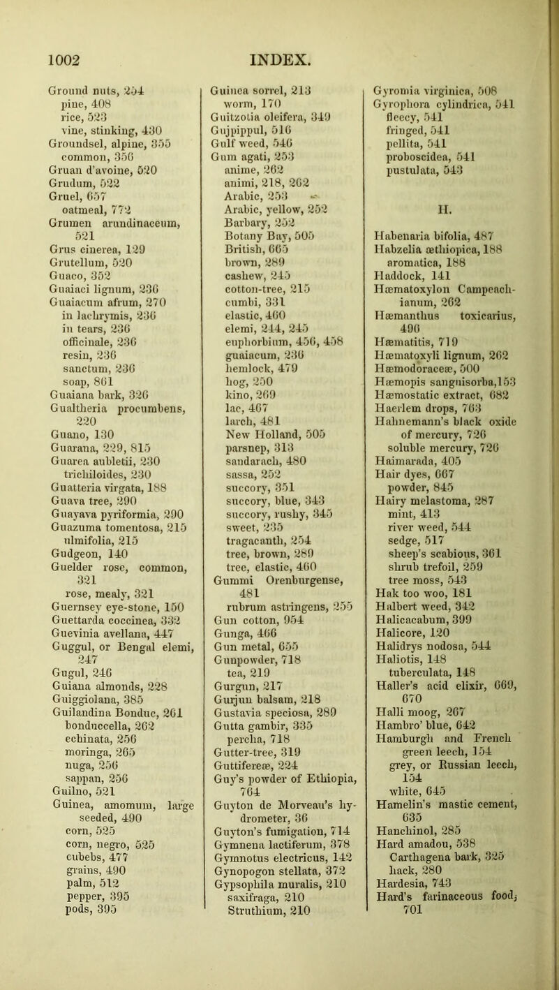 Ground nuts, 'io-k piue, 408 rice, vine, stinking, 4:J0 Groundsel, alpine, Sou common, 350 Gruan d’avoiue, OilO Gruduin, 522 Gruel, 057 oatmeal, 772 Grumen arundinaceuin, 521 Grus ciueren, 12t) Grutellum, 520 Guaco, 352 Guaiaci lignum, 230 Guaiacum afrum, 270 in lacLrymis, 230 in tears, 230 officinale, 230 resin, 230 sanctum, 230 soap, 801 Guaiana bark, 320 Gualtheria procumbens, 220 Guano, 130 Guarana, 229, 815 Guarea aubletii, 230 tricbiloides, 230 Guatteria virgata, 188 Guava tree, 290 Guayava pyriformia, 290 Guazuma tomentosa, 215 nlmifolia, 215 Gudgeon, 140 Guelder rose, common, 321 rose, mealy, 321 Guernsey eye-stone, 160 Guettarda cocciuea, 332 Guevinia avellana, 447 Guggul, or Bengal elemi, 247 Gupil, 240 Guiana almonds, 228 Guiggiolana, 385 Guilandina Bonduc, 201 bondiiccella, 202 ecbinata, 250 moringa, 205 nuga, 250 sappan, 250 Guiluo, 521 Guinea, amomum, lai'ge seeded, 490 corn, 525 corn, negi’o, 525 cubebs, 477 gi'ains, 490 palm, 512 pepper, 395 pods, 395 Guinea sorrel, 213 worm, 170 Guitzolia oleifera, 349 Gujpippul, 510 Gulf weed, 540 Gum agati, 253 anime, 202 animi, 218, 202 Arabic, 253 Arabic, yellow, 252 Barbary, 252 Botany Bay, 505 British, 005 brown, 28!) cashew, 245 cotton-tree, 215 cnmbi, 331 elastic, 400 elemi, 244, 245 eupborbium, 450, 458 guaiacum, 230 hemlock, 479 hog, 250 kino, 209 lac, 407 larch, 481 New Holland, 505 parsnep, 313 sandarach, 480 sassa, 252 succory, 351 succory, blue, 343 succory, rushy, 345 sweet, 235 tragacanth, 254 tree, brown, 289 tree, elastic, 400 Gummi Orenburgense, 481 rubrum astringens, 255 Gun cotton, 954 Gunga, 400 Gun metal, 055 Gunpowder, 718 tea, 219 Gurgun, 217 Gurjuu balsam, 218 Gustavia speciosa, 289 Gutta gambir, 335 percha, 718 Gutter-tree, 319 Guttiferese, 224 Guy’s powder of Ethiopia, 704 Guyton de Morveau’s hy- drometer, 30 Guyton’s fumigation, 714 Gymnena lactiferum, 378 Gymnotus electricus, 142 Gynopogon stellate, 372 Gypsophila muralis, 210 saxifrage, 210 Struthium, 210 Gyromia virginica, 508 Gyrophora cylindrica, 541 fleecy, 541 fringed, 541 pellita, 541 proboscidea, 541 pustulata, 543 II. Habenaria bifolia, 487 llabzelia mthiopica, 188 aromatica, 188 Haddock, 141 Hmmatoxylon Campcach- ianum, 202 Hsemanthus toxicarius, 490 Hfematitis, 719 IltBinatoxyli lignum, 202 Hsemodoracem, 500 Hoemopis sanguisorba,153 Hmmostatic extract, 082 Haerlem drops, 703 Hahnemann’s black oxide of mercury, 720 soluble mercury, 720 Haimai'ada, 405 Hair dyes, 007 powder, 845 Hairy melastoma, 287 mint, 413 river weed, 544 sedge, 517 sheep’s scabious, 301 shrub trefoil, 259 tree moss, 543 Hak too woo, 181 Halbert weed, 342 Halicacabum, 399 Halicore, 120 Halidrys nodosa, 544 Haliotis, 148 tuberculata, 148 Haller’s acid elixir, 009, 070 Halli moog, 207 Hambro’ blue, 042 Hamburgh and French green leech, 154 grey, or Russian leech, 154 white, 045 Hamelin’s mastic cement, 035 Hanchinol, 285 Hard amadou, 538 Carthngeua bark, 325 hack, 280 Hardesia, 743 Hard’s farinaceous foodj 701