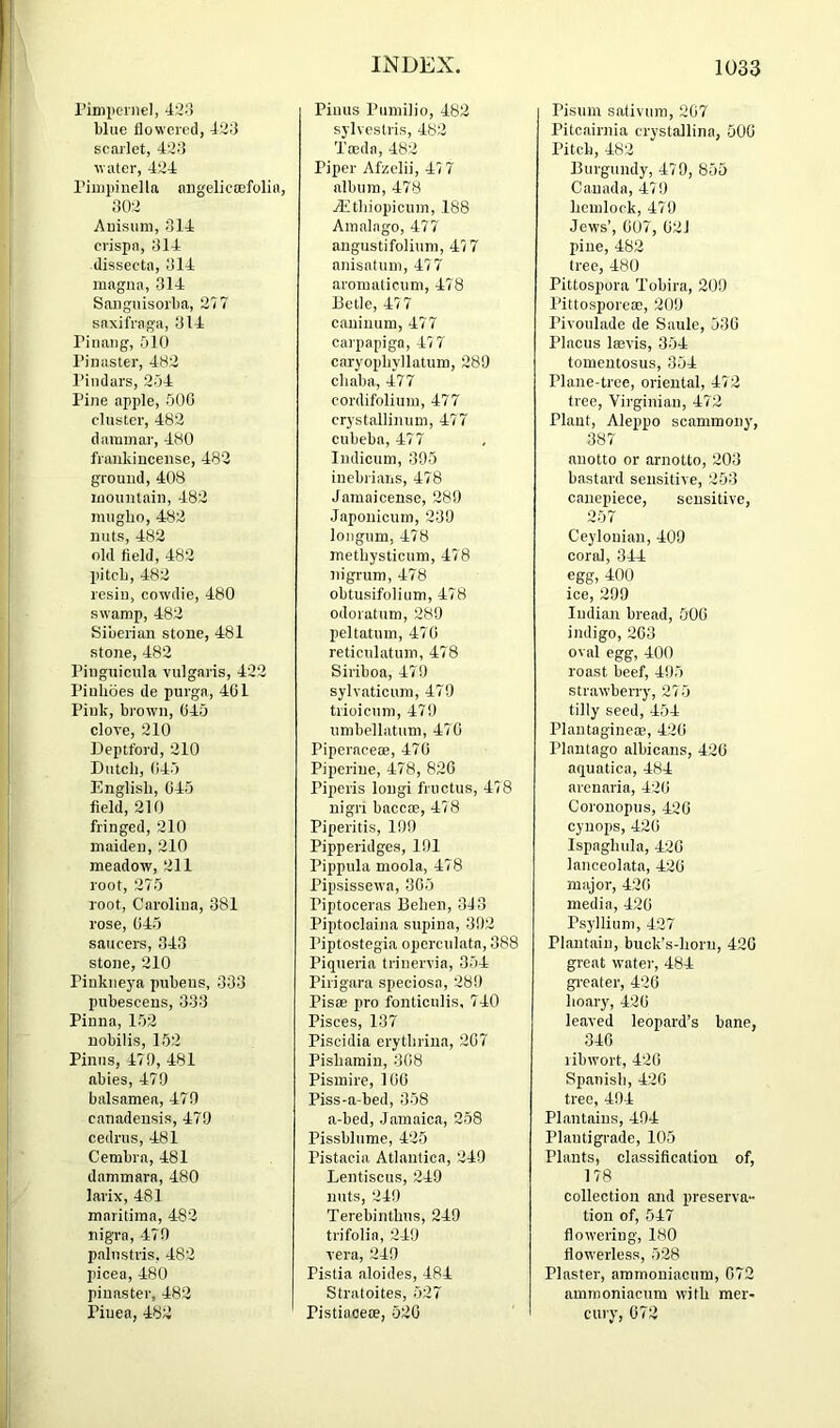 rimperiiel, 423 Wue flowered, 423 scarlet, 423 water, 424 Piuipiuella aiigelictefolia, 302 Auisuni, 314 crispn, 314 dissecta, 314 magua, 314 Saiigiiisorlia, 277 saxifrage, 314 riiiaiig, 510 Pinaster, 482 Pindars, 234 Pine apple, 500 cluster, 482 dammar, 480 frankincense, 482 ground, 408 mountain, 482 niugbo, 482 nuts, 482 old field, 482 pitclj, 482 resin, cowdie, 480 swamp, 482 Siberian stone, 481 stone, 482 Pinguicula vulgaris, 422 Piulioes de purga, 401 Pink, brown, 045 clove, 210 Deptford, 210 Dutch, ()45 English, 045 field, 210 fringed, 210 maiden, 210 meadow, 211 root, 275 root, Carolina, 381 rose, 045 saucers, 343 stone, 210 Piukiieya pubeus, 333 puhescens, 333 Pinna, 152 nobilis, 152 Pinus, 470, 481 nbies, 470 balsamea, 470 canadensis, 470 cedrus, 481 Cembra, 481 dammara, 480 larix, 481 maritima, 482 nigra, 470 palnstris, 482 picea, 480 pinaster, 482 Piuea, 482 Pinus Piimilio, 482 sylveslris, 482 Toeda, 482 Piper Afzelii, 477 album, 478 jEthiopicum, 188 Amalago, 477 augustifolium, 477 anisatum, 477 aromaticum, 478 Belle, 477 cauinum, 477 carpapiga, 47 7 caryophyllatum, 280 chaba, 477 cordifolium, 477 crystallimim, 477 cubeba, 477 Indicum, 305 iuebrians, 478 Jamai cense, 280 Japonicum, 230 longum, 478 methysticum, 478 nigrum, 478 obtusifolium, 478 odoratum, 280 peltatum, 470 reticulatum, 478 Siriboa, 470 sylvaticum, 470 trioictim, 470 nmbellatum, 470 PiperacetB, 470 Pipeline, 478, 820 Piperis longi fructus, 478 nigri baccffi, 478 Piperitis, 100 Pipperidges, 101 Pippula moola, 478 Pipsissewa, 305 Piptoceras Behen, 343 Piptoclaina supina, 302 Piptostegia operciilata, 388 Piqueria trinervia, 354 Pirigara speciosa, 28!) Piste pro fonticulis, 740 Pisces, 137 Piscidia erythriua, 207 Pishamiu, 308 Pismire, 100 Piss-a-bed, 358 a-bed, Jamaica, 258 Pissblume, 425 Pistacia Atlautica, 240 Lentiscus, 240 nuts, 240 Terebinthns, 240 trifolia, 240 vera, 249 Pistia aloides, 484 Stratoites, 527 Pistiaoem, 520 Pisum sativum, 207 Pitcairnia crystallina, 500 Pitch, 482 Burgundy, 470, 855 Canada, 470 hemlock, 470 Jews’, 007, 021 pine, 482 tree, 480 Pittospora Tobira, 200 Pittosporem, 200 Pivoulade de Saule, 530 Placus Imvis, 354 tomeutosus, 354 Plane-tree, oriental, 472 tree, Virginian, 472 Plant, Aleppo scammony, 387 auotto or arnotto, 203 bastard sensitive, 253 cauepiece, sensitive, 257 Ceylonian, 400 coral, 344 egg, 400 ice, 209 Indian bread, 500 indigo, 203 oval egg, 400 roast beef, 4!)5 strawberry, 27 5 tilly seed, 454 PlautaginetE, 420 Plautago albicans, 420 aquatica, 484 arenaria, 420 Coronopus, 420 cynops, 420 Ispaghula, 420 lanceolata, 420 major, 420 media, 420 Psyllium, 427 Plantain, buck’s-horu, 420 great water, 484 gi-eater, 420 hoary, 420 leaved leopard’s bane, 340 ribwort, 420 Spanish, 420 tree, 494 Plantains, 494 Plantigrade, 105 Plants, classification of, 178 collection and preserva- tion of, 547 flowering, 180 flowerless, 528 Plaster, aromoniaoiim, 072 ammoniacum with mer- cury, 072