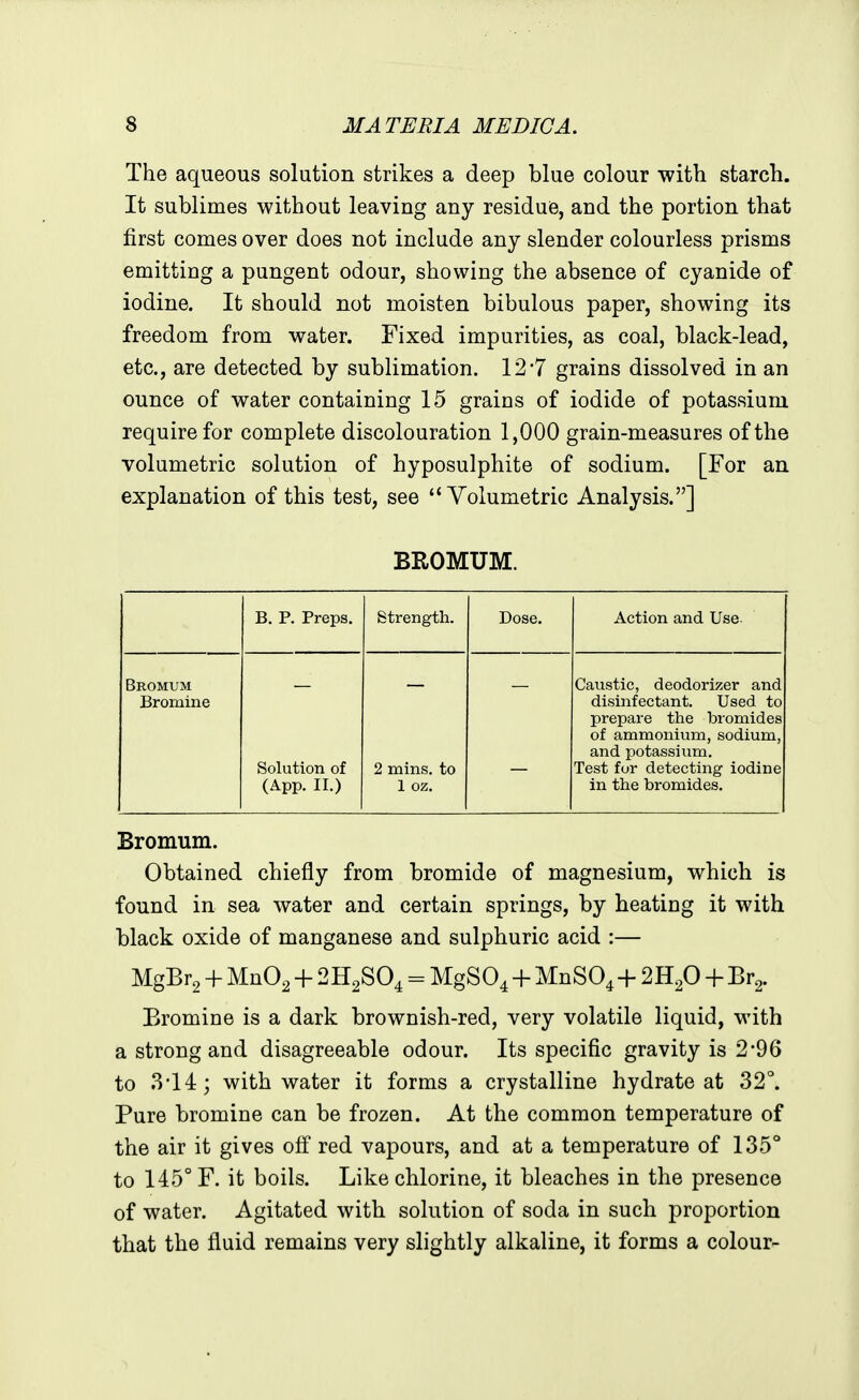 The aqueous solution strikes a deep blue colour with starch. It sublimes without leaving any residue, and the portion that first comes over does not include any slender colourless prisms emitting a pungent odour, showing the absence of cyanide of iodine. It should not moisten bibulous paper, showing its freedom from water. Fixed impurities, as coal, black-lead, etc., are detected by sublimation. 12*7 grains dissolved in an ounce of water containing 15 grains of iodide of potassium require for complete discolouration 1,000 grain-measures of the volumetric solution of hyposulphite of sodium. [For an explanation of this test, see Volumetric Analysis.] BROMUM. B. P. Preps. Strength. Dose. Action and Use- Bromum Bromine Solution of (App. II.) 2 mins. to 1 oz. Caustic, deodorizer and disinfectant. Used to prepare the bromides of ammonium, sodium, and potassium. Test for detecting iodine in the bromides. Bromum. Obtained chiefly from bromide of magnesium, which is found in sea water and certain springs, by heating it with black oxide of manganese and sulphuric acid :— MgBr, + MnO^ + 2H2SO4 = MgSO^ -f MnSO^-f 2Hp + Br2. Bromine is a dark brownish-red, very volatile liquid, with a strong and disagreeable odour. Its specific gravity is 2-96 to 3-14:; with water it forms a crystalline hydrate at 32°. Pure bromine can be frozen. At the common temperature of the air it gives off red vapours, and at a temperature of 135° to 145° F. it boils. Like chlorine, it bleaches in the presence of water. Agitated with solution of soda in such proportion that the fluid remains very slightly alkaline, it forms a colour-
