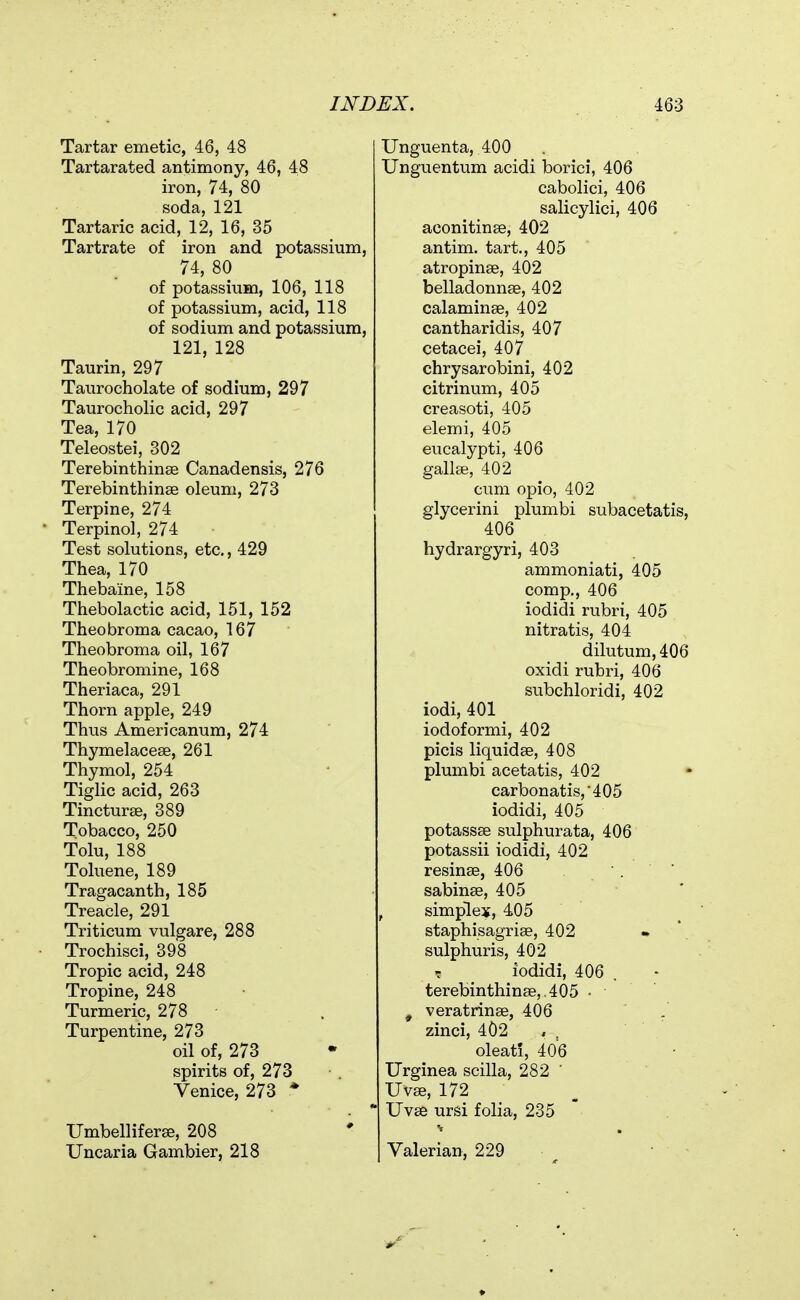 Tartar emetic, 46, 48 Tartarated antimony, 46, 48 iron, 74, 80 soda, 121 Tartaric acid, 12, 16, 35 Tartrate of iron and potassium, 74, 80 of potassium, 106, 118 of potassium, acid, 118 of sodium and potassium, 121, 128 Taurin, 297 Taurocholate of sodium, 297 Taurocholic acid, 297 Tea, 170 Teleostei, 302 Terebinthinae Canadensis, 276 Terebinthinse oleum, 273 Terpine, 274 Terpinol, 274 Test solutions, etc., 429 Thea, 170 Thebaine, 158 Thebolactic acid, 151, 152 Theobroma cacao, 167 Theobroma oil, 167 Theobromine, 168 Theriaca, 291 Thorn apple, 249 Thus Americanum, 274 Thymelacese, 261 Thymol, 254 Tiglic acid, 263 Tincturse, 389 Tobacco, 250 Tolu, 188 Toluene, 189 Tragacanth, 185 Treacle, 291 Triticum vulgare, 288 Trochisci, 398 Tropic acid, 248 Tropine, 248 Turmeric, 278 Turpentine, 273 oil of, 273 spirits of, 273 Venice, 273 * Umbelliferffi, 208 Uncaria Gambier, 218 Unguenta, 400 Unguentum acidi borici, 406 cabolici, 406 salicylici, 406 aconitinee, 402 antim. tart., 405 atropinse, 402 belladonnae, 402 calaminae, 402 cantharidis, 407 cetacei, 407 chrysarobini, 402 citrinum, 405 creasoti, 405 elemi, 405 eucalypti, 406 gallse, 402 cum opio, 402 glycerini plumbi subacetatis, 406 hydrargyri, 403 ammoniati, 405 comp., 406 iodidi rubri, 405 nitratis, 404 dilutum, 406 oxidi rubri, 406 subchloridi, 402 iodi, 401 iodoformi, 402 picis liquidee, 408 plumbi acetatis, 402 carbonatis,'405 iodidi, 405 potassse sulphurata, 406 potassii iodidi, 402 resinee, 406 ' . sabinae, 405 , simplex, 405 staphisagrise, 402 sulphuris, 402 - iodidi, 406 . terebinthinae,, 405 ■ ^ veratrinse, 406 zinci, 402 oleati, 406 TJrginea scilla, 282 ' Uvae, 172 Uvse ursi folia, 235 Valerian, 229 ^ '