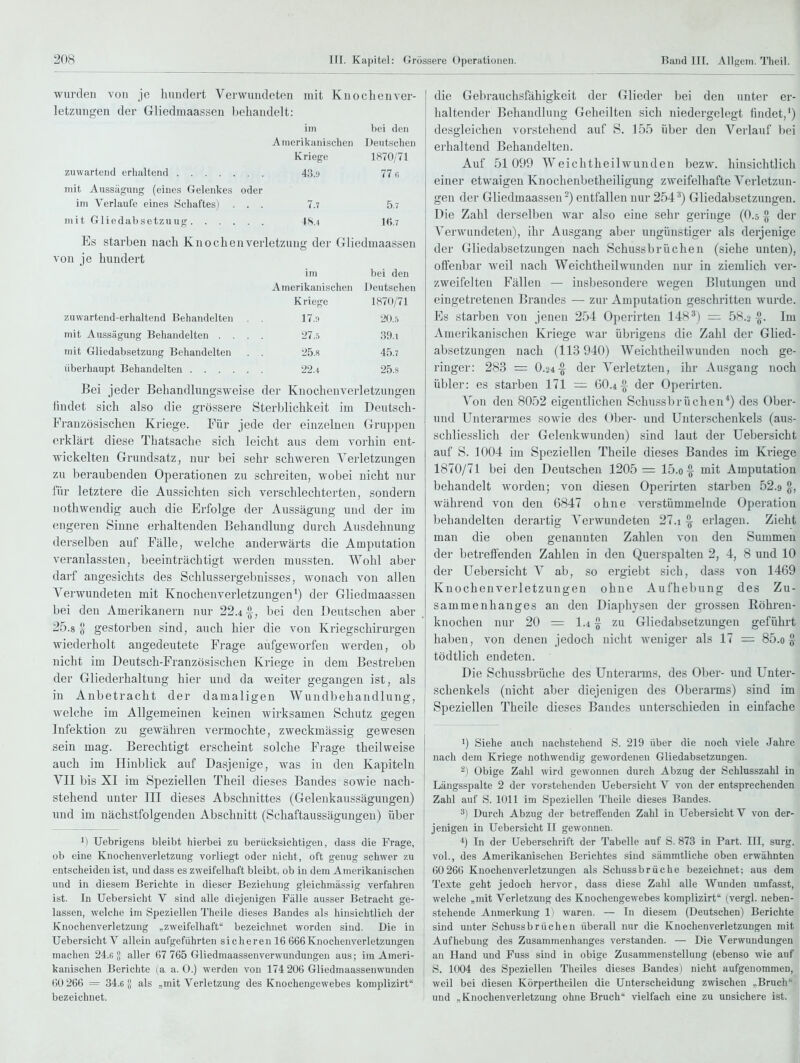 wurden von je himdert Verwundeten mit Knochen Ver- letzungen der Gliedmaassen behandelt: im bei den Amerikanischen Deutschen Kriege 1870/71 zuwartend erhaltend 43.9 77 g mit Aussägung (eines Gelenkes oder im Verlaufe eines Schaftes) ... 7.7 5.7 mit Gliedabsetzuug 48.4 16.7 Es starben nach Knochenverletzung der Gliedmaassen von je hundert im bei den Amerikanischen Deutschen Kriege 1870/71 zuwartend-erhaltend Behandelten . . 17.9 2Ü..5 mit Aussägung Behandelten .... 27.5 39.1 mit Gliedabsetzung Behandelten . . 25.8 45.7 überhaupt Behandelten 22.4 25.8 Bei jeder Behandlungsweise der Knochenverletzungen findet sich also die grössere Sterblichkeit im Deutsch- Französischen Kriege. Für jede der einzelnen Gruppen erklärt diese Thatsache sich leicht aus dem vorhin ent- wickelten Grundsatz, nur bei sehr schweren Verletzungen zu beraubenden Operationen zu schreiten, wobei nicht nur für letztere die Aussichten sich verschlechterten, sondern nothwendig auch die Erfolge der Aussägung und der im engeren Sinne erhaltenden Behandlung durch Ausdehnung derselben auf Fälle, welche anderwärts die Amputation veranlassten, beeinträchtigt werden mussten. Wohl aber darf angesichts des Schlussergebnisses, wonach von allen Verwundeten mit Knochenverletzungen') der Gliedmaassen bei den Amerikanern nur 22.4 bei den Deutschen aber 25.8 ^ gestorben sind, auch hier die von Kriegschirurgen wiederholt angedeutete Frage aufgeworfen werden, ob nicht im Deutsch-Französischen Kriege in dem Bestreben der Gliederhaltung hier und da weiter gegangen ist, als in Anbetracht der damaligen Wundbehandlung, welche im Allgemeinen keinen wirksamen Schutz gegen Infektion zu gewähren vermochte, zweckmässig gewesen sein mag. Berechtigt erscheint solche Frage theilweise auch im Hinblick auf Dasjenige, was in den Kapiteln VII bis XI im Speziellen Theil dieses Bandes sowie nach- stehend unter III dieses Abschnittes (Gelenkaussägungen) und im nächstfolgenden Abschnitt (Schaftaussägungen) über ^) Uebrigens bleibt hierbei zu berücksichtigen, dass die Frage, ob eine Knochenverletzung vorliegt oder nicht, oft genug schwer zu entscheiden ist, und dass es zweifelhaft bleibt, ob in dem Amerikanischen und in diesem Berichte in dieser Beziehung gleichmässig verfahren ist. In Uebersicht V sind alle diejenigen Fälle ausser Betracht ge- lassen, welche im Speziellen Theile dieses Bandes als hinsichtlich der Knochenverletzung „zweifelhaft bezeichnet worden sind. Die in Uebersicht V allein aufgeführten sicheren 16 666Knochenverletzungen machen 24.« aller 67 765 Gliedmaassenverwundungen aus; im Ameri- kanischen Berichte (a a. 0.) werden von 174 206 Gliedmaassenwunden 60 266 = 34.6 U als „mit Verletzung des Knochengewebes komplizirt bezeichnet. die Gebrauchsfähigkeit der Glieder bei den unter er- haltender Behandlung Geheilten sich niedergelegt findet,') desgleichen vorstehend auf S. 155 über den Verlauf bei erhaltend Behandelten. Auf 51099 Weichtheilwunden bezw. hinsichtlich einer etwaigen Knochenbetheiligung zweifelhafte Verletzun- gen der Gliedmaassen*) entfallen nur 254^) Gliedabsetzungen. Die Zahl derselben war also eine sehr geringe (O.5 § der Verwundeten), ihr Ausgang aber ungünstiger als derjenige der Gliedabsetzungen nach Schussbrüchen (siehe unten), olfenbar weil nach Weichtheilwunden nur in ziemlich ver- zweifelten Fällen — insbesondere wegen Blutungen und eingetretenen Brandes — zur Amputation geschritten wurde. Es starben von jenen 254 Operirten 148') — 58.2 Im Amerikanischen Kriege war übrigens die Zahl der Glied- absetzungen nach (113 940) Weichtheilwunden noch ge- ringer: 283 = 0.24-1 der Verletzten, ihr Ausgang noch übler: es starben 171 =: 60.4^ der Operirten. Von den 8052 eigentlichen Schussbrüchen*) des Ober- und Unterarmes sowie des Ober- und Unterschenkels (aus- schliesslich der Gelenkwunden) sind laut der Uebersicht auf S. 1004 im Speziellen Theile dieses Bandes im Kriege 1870/71 bei den Deutschen 1205 = 15.0 -g- mit Amputation behandelt worden; von diesen Operirten starben 52.9 g^, während von den 6847 ohne verstümmelnde Operation behandelten derartig Verwundeten 27.1 ^ erlagen. Zieht man die oben genannten Zahlen von den Summen der betreffenden Zahlen in den Querspalten 2, 4, 8 und 10 der Uebersicht V ab, so ergiebt sich, dass von 1469 Knochenverletzungen ohne Aufhebung des Zu- sammenhanges an den Diaphysen der grossen Röhren- knochen nur 20 = I.4 % zu Gliedabsetzungen geführt haben, von denen jedoch nicht weniger als 17 = 85.o ^ tödtlich endeten. Die Schussbrüche des Unterarms, des Oljer- und Unter- schenkels (nicht aber diejenigen des Oberarms) sind im Speziellen Theile dieses Bandes unterschieden in einfache 1) Siehe auch nachstehend S. 219 über die noch viele Jahre nach dem Kriege nothwendig gewordenen Gliedabsetzungen. ^) Obige Zahl wird gewonnen durch Abzug der Schlusszahl in Längsspalte 2 der vorstehenden Uebersicht V von der entsprechenden Zahl auf S. 1011 im Speziellen Theile dieses Bandes. 3) Durch Abzug der betreffenden Zahl in Uebersicht V von der- jenigen in Uebersicht II gewonnen. 4) In der Ueberschrift der Tabelle auf S. 878 in Part. III, surg. vol., des Amerikanischen Berichtes sind sämmtliche oben erwähnten 60 266 Knochenverletzungen als Schussbrüche bezeichnet; aus dem Texte geht jedoch hervor, dass diese Zahl alle Wunden umfasst, welche „mit Verletzung des Knochengewebes komplizirt' (vergl. neben- stehende Anmerkung 1) waren. — In diesem (Deutschen) Berichte sind unter Schussbrüchen überall nur die Knochenverletzungen mit Aufhebung des Zusammenhanges verstanden. — Die Verwundungen! an Hand und Fuss sind in obige Zusammenstellung (ebenso wie auf S. 1004 des Speziellen Theiles dieses Bandes) nicht aufgenommen, weil bei diesen Körpertheilen die Unterscheidung zwischen .,Bruchj und „Knochenverletzung ohne Bruch vielfach eine zu unsichere ist. ] I