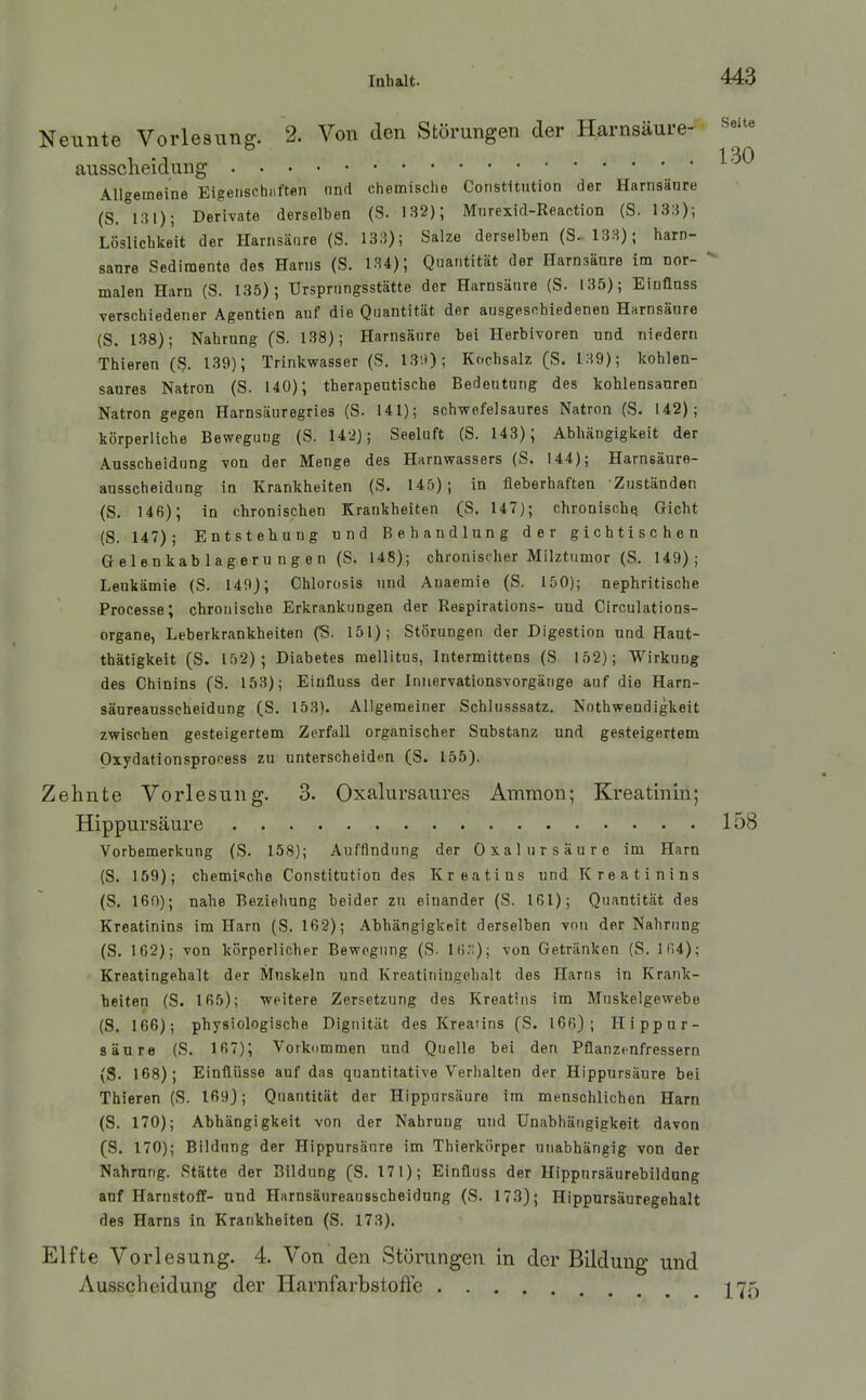 Neunte Vorlesung. 2. Von den Störungen der H.arnsäure- ausscheidung Allgemeine Eigenschiiften und chemische Constitution der Harnsänre (S. 131); Derivate derselben (S. 132); Murexid-Reaction (S. 13:)); Löslicbkeit der Harnsänre (S. 133); Salze derselben (S-133); harn- sänre Sedimente des Harns (S. 134); Quantität der Harnsäure im nor- malen Harn (S. 135); Ursprungsstätte der Harnsänre (S. 135); Eiufluss verschiedener Agentien auf die Quantität der ausgeschiedenen Harnsäure (S. 138); Nahrung (S. 138); Harnsänre bei Herbivoren und niedern Thieren (S. 139); Trinkwasser (S. I3!t); Kochsalz (S. 139); kohlen- saures Natron (S. 140); therapeutische Bedeutung des kohlensanren Natron gegen Harnsäuregries (S. 141); schwefelsaures Natron (S. 142); körperliche Bewegung (S. 14-2); Seeluft (S. 143); Abhängigkeit der Ausscheidung von der Menge des Hnrnwassers (S. 144); Harnsäure- ausscheidiing in Krankheiten (S. 145); in fieberhaften Zuständen (S. 146); in chronischen Krankheiten (S. 147); chronisch^ Gicht (S. 147); Entstehung und Behandlung der gichtischen Gelenkablagerungen (S. 148); chronischer Milztumor (S. 149); Leukämie (S. 149J; Chlorosis und Anaemie (S. 150); nephritische Processe; chronische Erkrankungen der Respirations- und Circulations- organe, Leberkrankheiten (S. 151); Störungen der Digestion und Haut- thätigkeit (S. 152); Diabetes mellitus, Intermittens (S 152); Wirkung des Chinins (S. 153); Eiufluss der Innervationsvorgänge auf die Harn- säureausscheidung (S. 153). Allgemeiner Schlusssatz. Nothwendigkeit zwischen gesteigertem Zerfall organischer Substanz und gesteigertem Oxydationsprocess zu unterscheiden (S. 155). Zehnte Vorlesung. 3. Oxalursaures Ammon; Kreatinin; Hippursäure Vorbemerkung (S. 158); Auffindung der Oxalursäure im Harn (S. 159); chemische Constitution des Kreatins und Kreatinins (S. 160); nahe Beziehung beider zu einander (S. 161); Quantität des Kreatinins im Harn (S. 162); Abhängigkeit derselben von der Nahrung (S. 162); von körperlicher Bewegung (S. Iii.-!); von Getränken (S. HS4); Kreatingehalt der Muskeln und Kreatiningehalt des Harns in Krank- heiten (S. 165); weitere Zersetzung des Kreatins im Muskelgewebe (S. 166); physiologische Dignität des Kreatins (S. 166); Hippur- säure (S. 167); Vorkommen und Quelle bei den Pflanzenfressern (S. 168); Einflüsse auf das quantitative Verhalten der Hippursäure bei Thieren (S. 169}; Quantität der Hippursäure im menschlichen Harn (S. 170); Abhängigkeit von der Nahrung und Unabhängigkeit davon (S. 170); Bildung der Hippursäure im Thierkörper unabhängig von der Nahrung. Stätte der Bildung (S. 171); Einfluss der Hippnrsäurebildung auf Harnstolf- und Harnsäureausscheidung (S. 173); Hippursäuregehalt des Harns in Krankheiten (S. 173). Elfte Vorlesung. 4. Von den Störungen In der Bildung und Ausscheidung der Harnfarbstofte