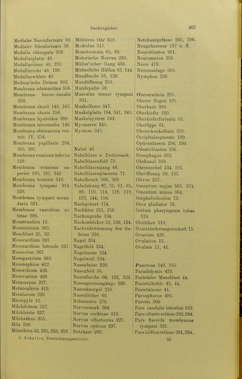 Medialer Nasenfortsatz 59. Medialer Stirnfortsatz 59. Medulla oblongata 256. Medullarplatte 43. MeduUarrinue 40, 231. Medullarrohr 45, 126. Medullarwülste 40. Meibom'sche Drüsen 302. Membi-ana adamantina 356. Membrana bucco ■ nasalis 324. Membrana chorii 148, 165. Membrana eboris 356. Membrana hyaloidea 288. Membrana intermedia 146. Membrana obturatoria ven- tric. IV. 254. Membrana papillaris 284, 285, 291. Membrana reuniens inferior 129. Membrana reuniens su- perior 185, 187, 342. Membrana tectoria 310. Membrana tympani 319, 320. Membrana tympani secun- daria 321. Membrana vasculosa re- tinae 296. Menstruation 13. Mesenterium 363. Mesoblast 25, 32. Mesocardium 397. Mesocardium laterale 397 Mesocolon 867. Mesogastrium 363. Mesonephros 412. Mesorchium 426. Mesovarium 426. Metacarpus 227. Metanephros 412. Metatarsus 229. Micropyle 12. Milchdrüsen 337. Milchleiste 337. Milchzähne 355. Milz 386. Mittelhirn 43, 231, 285, 253. Mittleres Ohr 318. Modiolus 315. Monotremata 65, 69. Motorische Nerven 268. Müller'scher Gang 436. Mütterliche Hüllen 68, 144. Mundbucht 58, 126. Mundöffnung 351. Mundspalte 59. Musculus tensor tympani 321. Muskelfaser 347. Muskelplatte 184, 341, 345. Muskelsy.stem 344. Myomeren 345. Myotom 345. Nabel 46. Nabelblase s. Dottersack. Nabelblasenfeld 73. Nabelblasengang 46. Nabelblasenplacenta 71. Nabelbruch 366, 368. Nabelstrang 67, 76, 81, 85,- 92, 110, 114, 118, 119, 132, 144, 154-. Nachgeburt 174. Nachhirn 235, 256. Nackengrube 134. Nackenhöcker 52, 129, 134. Nackenkrümmung des Ge- hirns 238. Nagel 334. Nagelfeld 334. Nagelsaum 334. Nagelwall 3.34. Nasenbeine 220. Nasenfeld 58. Nasenfurche 60, 133, 323. Nasengaumengänge 826. Nasenknorpel 210. Nasenlöcher 60. Nebenniere 276. Nervenmark 264. Nervus Cochleae 313. Nervus olfactorius 327. Nervus opticus 297. Netzhaut 293. 0. SchultzG, Entwicklungsgeschichto. Netzhautgefässe 295, 296. Neugeborener 137 u. ff. Neuroblasten 261. Neuromeren 258. Niere 419. Nierenanlage 350. Nymphen 136. Oberarmbein 225. Oberer Bogen 185. Oberhaut 330. Oberkiefer 220. Oberkieferfortsatz 55. Oberlippe 61. Oberschenkelbein 228. Occipitalsegmente 199. Opticusfasern 294, 299. Odontoblasten 356. Oesophagus 362. Ohrkanal 388. Ohrmuschel 134, 321. Ohröffnung 59, 133. Oliven 257. Omentum majus 363. 374. Omentum minus 364. Omphalochorion 73. Orca gladiator 76. Ostium pharyngeum tubae 319. Otolithen 810. Ovarialschwangerschaft 15. Ovarium 426. Ovulation 13. Ovulum 11, 41. Pancreas 349, 385. Paradidymis 483. Parietaler Mesoblast 44. Parietalhöhle 43, 44. Parietalzone 41. Paroophoron 485. Parotis 360. Pars caudalis intestini 353. Pars ciliaris retinae 292,294. Pars flaccida membranae tympani 321. Pars iridicaretinae 291,294. 30