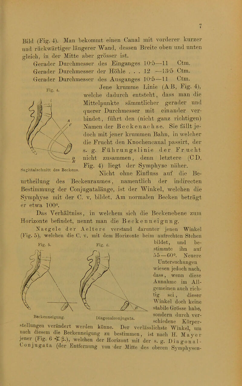 I Gerader Durchmesser Gerader Durchmesser Gerader Durchmesser Fig. -i. 10-5—11 Ctm. 12 —135 Ctm. 1U-5—11 Ctm. Linie (AB, Fig. 4), Bild (Fig. 4). Man bekommt einen Canal mit vorderer kurzer und rückwärtiger längerer Wand, dessen Breite oben und unten gleich, in der Mitte aber grösser ist. des Einganges der Höhle . . . des Ausganges Jene krumme welche dadurch entsteht, dass man die Mittelpunkte sämmtlicher gerader und querer Durchmesser mit einander ver- bindet, führt den (nicht ganz richtigen) Hamen der Beckenachse. Sie fällt j e- doch mit jener krummen Bahn, in welcher die Frucht den Knochencanal passirt, der s. g. Führungslinie der Frucht nicht zusammen, denn letztere (CD, Fig. 4) liegt der Symphyse näher. Nicht ohne Einfluss auf die Be- urtheilung des Beckenraumes, namentlich der indirecten Bestimmung der Conjugatalänge, ist der Winkel, welchen die Symphyse mit der C. v. bildet. Am normalen Becken beträgt er etwa 100°. Das Verhältniss, in welchem sich die Beckenebene zum Horizonte befindet, nennt man die Beckenneigung. Na eg eie der Aeitere verstand darunter jenen Winkel (Fig. 5), welchen die C. v. mit dem Horizonte beim aufrechten Stehen bildet, und be- stimmte ihn auf o5—60°. Neuere Untersuchungen wiesen jedoch nach, dass, wenn diese Annahme im All- gemeinen auch ricli- Sa.nttalscUmtt des Beckens. tig sei, dieser Winkel docli keine stabile Grösse habe, Beckenneigung. Diagonalconjugata. 80d°m ^ Vei> schiedene Körper- stelhingen verändert werden könne. Der verlässlichste Winkel, um nach diesem die Beckenneigung zu bestimmen, ist nach H. Mayer jener (big. G *>C ß.), welchen der Horizont mit der s. g. Diagonal- Conjugata (der Entfernung von der Mitte des oberen Symphysen-