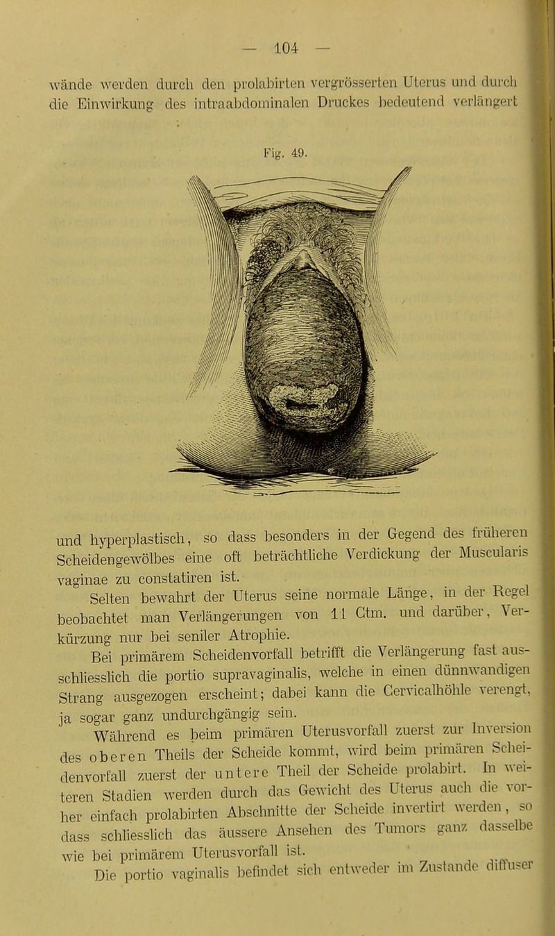 und hyperplastisch, so dass besonders in der Gegend des frülieren Scheidengewölbes eine oft beträchtliche Verdickung der Muscularis vaginae zu constatiren ist. Selten bewahrt der Uterus seine normale Länge, in der Regel beobachtet man Verlängerungen von 11 Gtm. und darüber, Ver- kürzung nur bei seniler Atrophie. Bei primärem Scheidenvorfall betrifft die Verlängerung fast aus- schliesslich die portio supravaginalis, welche in einen dünnwandigen Strang ausgezogen erscheint; dabei kann die Cervicalhöhlc verengt, ja sogar ganz undurchgängig sein. Während es beim primären Uterusvorfall zuerst zur Inversion des oberen Theils der Scheide kommt, wird beim primären Schei- denvorfall zuerst der untere Theil der Scheide prolabirt. In wei- teren Stadien werden durch das Gewicht des Uterus auch die vor- her einfach prolabirten Abschnitte der Scheide invertu-t werden, so dass schliesslich das äussere Ansehen des Tumors ganz dasselbe wie bei primärem Uterusvorfall ist. Die Portio vaginalis befindet sich entweder im Zustande diffuser
