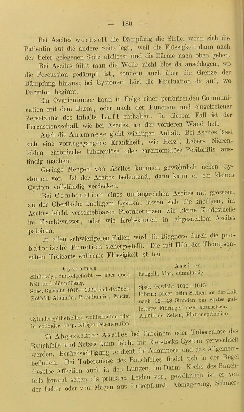 Bei Ascites wechselt die Dämpfung die Stelle, wenn sich die Patientin auf die andere Seite legt, weil die Flüssigkeit dann nach der tiefer gelegenen Seite abüiesst und die Därme nach oben gehen. Bei Ascites fühlt man die Welle nicht blos da anschlagen, wo die Percussion gedämpft ist, sondern auch über die Grenze der Dämpfung hinaus; bei Cystomen hört die Fluctuation da auf, wo Darmton beginnt. Ein Ovarientumor kann in Folge einer perforirenden Gommuni- cation mit dem Darm, oder nach der Function und eingetretener Zersetzung des Inhalts Luft enthalten. In diesem Fall ist der Percussionsschall, wie bei Ascites, an der vorderen Wand hell. Auch die Anamnese giebt wichtigen Anhalt. Bei Ascites lässt sich eine vorangegangene Krankheit, wie Herz-, Leber-,^ Nieren- leiden, chronische tuberculöse oder carcinomatöse Peritonitis aus- findig machen. Geringe Mengen von Ascites kommen gewöhnlich neben Ky- stomen vor. Ist der Ascites bedeutend, dann kann er ein kleines Cystom vollständig verdecken. Bei Combination eines umfangreichen Ascites mit grossem, an der Oberfläche knolligem Cystom, lassen sich die knolligen, im Ascites leicht verschiebbaren Protuberanzen wie kleine Kindestheile im Fruchtwasser, oder wie Krebsknoten in abgesacktem Ascites palpiren. In allen schwierigeren Fällen wird die Diagnose durch die pro- batorische Function sichergestellt. Die mit Hilfe des Thompson- schen Troicarts entleerte Flüssigkeit ist bei Ascites hellgelb, klar, dünnflüssig. Spec. Gewicht 1010-1015 Fibrin; pflegt beim Stehen an der Luft nach 12—48 Stunden ein zartes gal- lertio^es Fibringerinnsel abzusetzen. Gylinderepithelzellen, woMevUallen oiev Amöboide ZeUen, Phltenepilhelien in colioiaeis resp. felliger Degcneralion, 0> Abgesackter Ascites bei Camnom oder Tuberculöse des Bauchfells und Netzes kann leicht mit Eierstocks-Cystom vemechse t werden. Berücksichtigung verdient die Anamnese und das Allgemem- befmden. Bei Tuberculöse des Bauchfelles findet sich m der Reg 1 d eselbeAftection auch in den Lungen, im Darm Krebs des Baud^- felis kommt selten als primäres Leiden vor, gewohnUch .st e on der Leber oder vom Magen aus fortgepflanzt. Abmagerung. Schmer- Cystomen zähflüssig, dunkelgefärbt - aber auch hell und dünnflüssig. Spec. Gewicht 1018—1024 und darüber. Enthält Albumin, Paralbumin, Mucin.